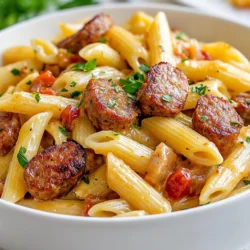 To make creamy Cajun sausage pasta, you need the following ingredients: - 12 oz penne pasta - 1 lb smoked sausage, sliced - 1 tablespoon olive oil - 1 medium onion, diced - 3 cloves garlic, minced - 1 bell pepper (red or green), diced - 1 can (14.5 oz) diced tomatoes, drained - 1 cup heavy cream - 1 cup chicken broth - 2 tablespoons Cajun seasoning - Salt and pepper, to taste - 1 cup shredded Monterey Jack cheese - Fresh parsley, chopped (for garnish) You can swap some ingredients if needed. Here are a few ideas: - Use whole wheat pasta instead of penne for a healthier option. - Turkey sausage works well in place of smoked sausage for a lighter dish. - Olive oil can be replaced with butter for a richer flavor. - Any color of bell pepper will work, so choose your favorite. - You can use vegetable broth instead of chicken broth for a vegetarian version. - Swap heavy cream with half-and-half for a lighter sauce, but it will be less rich. This pasta dish serves about 4 people. Here’s a rough breakdown of the nutrition per serving: - Calories: 620 - Protein: 25g - Carbohydrates: 45g - Fat: 40g - Fiber: 3g - Sodium: 900mg This creamy Cajun sausage pasta gives you a hearty meal filled with flavor. Enjoy the mix of spices and creamy sauce, which makes every bite delightful! {{ingredient_image_1}} Start by boiling water in a large pot. Make sure to add a pinch of salt. When the water reaches a rolling boil, add 12 oz of penne pasta. Cook it according to the package instructions until it is al dente, which usually takes about 10-12 minutes. Once done, drain the pasta in a colander and set it aside. This pasta will soak up all the creamy sauce later. Next, grab a large skillet and heat 1 tablespoon of olive oil over medium heat. Add in 1 lb of sliced smoked sausage. Cook the sausage for about 5-7 minutes, stirring often, until it turns golden brown. This step brings out its rich flavors. Once browned, remove the sausage from the skillet and set it aside. This keeps it juicy for later. In the same skillet, add the diced onion, minced garlic, and diced bell pepper. You can use either red or green bell pepper, depending on what you like. Sauté these veggies for about 3-4 minutes until they are tender and fragrant. Next, stir in a can of drained diced tomatoes and 2 tablespoons of Cajun seasoning. Cook this mixture for an additional 2 minutes. This allows the spices to blend with the vegetables, creating a delicious base for your pasta. Start with the pasta. Cook the penne until it is al dente. This means it should be firm to the bite. Timing is key here. Drain it and set it aside while you cook the sausage and vegetables. This step keeps everything warm and ready to combine. Next, sauté the sausage for about 5-7 minutes. You want it to be nice and browned. Remove it before cooking the vegetables. This helps keep the sausage juicy. After sautéing the veggies, add the tomatoes and seasoning. Let them cook for 2 minutes. This short time lets the flavors mix well. Finally, add the cream and broth to create the sauce. Simmer for about 5 minutes. This thickens the sauce and makes it creamy. To boost the flavors, use fresh ingredients. Fresh garlic and onions make a big difference. Consider adding a splash of hot sauce if you like it spicy. Mixing different types of sausage can also create new tastes. Don’t forget the cheese! Monterey Jack melts beautifully. For a twist, try pepper jack for extra heat. Garnish with fresh parsley. This adds a bright color and fresh taste to your dish. One common mistake is overcooking the pasta. If it’s too soft, it won’t hold up in the sauce. Always check the package for cooking times. Another mistake is not tasting the sauce. Always taste before serving. Adjust the salt and pepper as needed. Lastly, don’t skip the sautéing step for the sausage and vegetables. This brings out their flavors. If you toss everything in raw, you miss out on that rich taste. Pro Tips Use Fresh Ingredients: Always opt for fresh vegetables and herbs when possible. They enhance the flavor and nutritional value of your dish. Adjust Spice Level: If you prefer a milder dish, reduce the amount of Cajun seasoning or use a mild sausage. You can always add more spice later! Don't Overcook Pasta: Cook the penne pasta until just al dente, as it will continue to cook slightly when combined with the sauce. Garnish for Presentation: A sprinkle of freshly chopped parsley not only adds color but also a burst of freshness to your creamy pasta dish. {{image_2}} You can change the sausage in this dish for different tastes. Try using Italian sausage for a mild flavor. If you want more heat, go for andouille sausage. Chicken sausage is a leaner option that still packs a punch. You can even use bratwurst for a unique twist. Each sausage brings new flavors, so feel free to experiment and find your favorite. If you want a meat-free version, swap the sausage for mushrooms. Portobello or cremini mushrooms work well. You can also use lentils or chickpeas for protein. Adding roasted vegetables like zucchini or eggplant adds great flavor. Use vegetable broth instead of chicken broth to keep it fully vegetarian. This way, you still enjoy creamy goodness without meat. Adjusting the flavor of this dish is easy! Want it spicier? Add more Cajun seasoning or some red pepper flakes. For a smoky taste, include smoked paprika. You can also add fresh herbs like thyme or basil for extra depth. If you prefer a tangy flavor, mix in some lemon juice or zest. These small tweaks can turn your creamy Cajun sausage pasta into a new favorite every time. To keep your creamy Cajun sausage pasta fresh, store it in an airtight container. Let the pasta cool down to room temperature first. I prefer using glass containers for storage. They help keep the flavors intact. Place the pasta in the fridge for up to three days. This dish tastes great the next day, so don't worry if you have extras! You can freeze creamy Cajun sausage pasta if you want to save some for later. First, make sure it cools completely. Transfer the pasta to freezer-safe bags or containers. Squeeze out any air from the bags before sealing. This helps prevent freezer burn. You can freeze it for up to three months. When you're ready to eat, just thaw it overnight in the fridge. Reheating creamy Cajun sausage pasta is easy. If it’s in the fridge, use a microwave-safe bowl. Heat it in the microwave for about 1 to 2 minutes. Stir halfway through for even heating. If it's frozen, let it thaw overnight first. Then, you can reheat it on the stove. Add a splash of chicken broth or cream to keep it creamy. Enjoy a tasty meal without much fuss! Cajun seasoning is a blend of spices. It often includes paprika, cayenne, garlic powder, and oregano. This mix gives dishes a bold and spicy kick. You can find it in the spice aisle of most stores. Adjust the amount to match your taste. If you want less heat, use less seasoning. Yes, you can! While penne works great, other pasta shapes are just as good. You could try fusilli, rigatoni, or even spaghetti. Each shape holds the sauce in different ways. Choose what you have or what you like best. This recipe has a nice kick from the Cajun seasoning. It is not overly spicy but has heat. If you prefer milder flavors, reduce the seasoning. You can also mix in some cream to tone it down. Taste as you go to find your perfect balance. In this blog post, you learned about the key ingredients and how to prepare a delicious dish. We explored cooking methods, timing, and common mistakes to avoid. You also discovered tasty variations and storage tips for leftovers. Cooking can be fun and rewarding. Follow these steps to create a meal everyone will love. Enjoy your cooking journey, and remember, practice makes perfect!