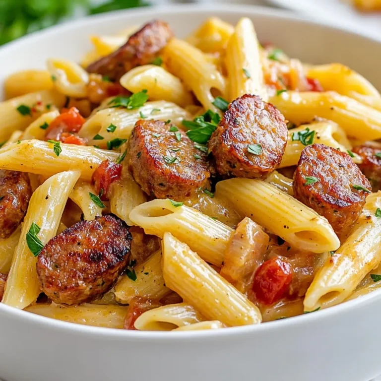 To make creamy Cajun sausage pasta, you need the following ingredients: - 12 oz penne pasta - 1 lb smoked sausage, sliced - 1 tablespoon olive oil - 1 medium onion, diced - 3 cloves garlic, minced - 1 bell pepper (red or green), diced - 1 can (14.5 oz) diced tomatoes, drained - 1 cup heavy cream - 1 cup chicken broth - 2 tablespoons Cajun seasoning - Salt and pepper, to taste - 1 cup shredded Monterey Jack cheese - Fresh parsley, chopped (for garnish) You can swap some ingredients if needed. Here are a few ideas: - Use whole wheat pasta instead of penne for a healthier option. - Turkey sausage works well in place of smoked sausage for a lighter dish. - Olive oil can be replaced with butter for a richer flavor. - Any color of bell pepper will work, so choose your favorite. - You can use vegetable broth instead of chicken broth for a vegetarian version. - Swap heavy cream with half-and-half for a lighter sauce, but it will be less rich. This pasta dish serves about 4 people. Here’s a rough breakdown of the nutrition per serving: - Calories: 620 - Protein: 25g - Carbohydrates: 45g - Fat: 40g - Fiber: 3g - Sodium: 900mg This creamy Cajun sausage pasta gives you a hearty meal filled with flavor. Enjoy the mix of spices and creamy sauce, which makes every bite delightful! {{ingredient_image_1}} Start by boiling water in a large pot. Make sure to add a pinch of salt. When the water reaches a rolling boil, add 12 oz of penne pasta. Cook it according to the package instructions until it is al dente, which usually takes about 10-12 minutes. Once done, drain the pasta in a colander and set it aside. This pasta will soak up all the creamy sauce later. Next, grab a large skillet and heat 1 tablespoon of olive oil over medium heat. Add in 1 lb of sliced smoked sausage. Cook the sausage for about 5-7 minutes, stirring often, until it turns golden brown. This step brings out its rich flavors. Once browned, remove the sausage from the skillet and set it aside. This keeps it juicy for later. In the same skillet, add the diced onion, minced garlic, and diced bell pepper. You can use either red or green bell pepper, depending on what you like. Sauté these veggies for about 3-4 minutes until they are tender and fragrant. Next, stir in a can of drained diced tomatoes and 2 tablespoons of Cajun seasoning. Cook this mixture for an additional 2 minutes. This allows the spices to blend with the vegetables, creating a delicious base for your pasta. Start with the pasta. Cook the penne until it is al dente. This means it should be firm to the bite. Timing is key here. Drain it and set it aside while you cook the sausage and vegetables. This step keeps everything warm and ready to combine. Next, sauté the sausage for about 5-7 minutes. You want it to be nice and browned. Remove it before cooking the vegetables. This helps keep the sausage juicy. After sautéing the veggies, add the tomatoes and seasoning. Let them cook for 2 minutes. This short time lets the flavors mix well. Finally, add the cream and broth to create the sauce. Simmer for about 5 minutes. This thickens the sauce and makes it creamy. To boost the flavors, use fresh ingredients. Fresh garlic and onions make a big difference. Consider adding a splash of hot sauce if you like it spicy. Mixing different types of sausage can also create new tastes. Don’t forget the cheese! Monterey Jack melts beautifully. For a twist, try pepper jack for extra heat. Garnish with fresh parsley. This adds a bright color and fresh taste to your dish. One common mistake is overcooking the pasta. If it’s too soft, it won’t hold up in the sauce. Always check the package for cooking times. Another mistake is not tasting the sauce. Always taste before serving. Adjust the salt and pepper as needed. Lastly, don’t skip the sautéing step for the sausage and vegetables. This brings out their flavors. If you toss everything in raw, you miss out on that rich taste. Pro Tips Use Fresh Ingredients: Always opt for fresh vegetables and herbs when possible. They enhance the flavor and nutritional value of your dish. Adjust Spice Level: If you prefer a milder dish, reduce the amount of Cajun seasoning or use a mild sausage. You can always add more spice later! Don't Overcook Pasta: Cook the penne pasta until just al dente, as it will continue to cook slightly when combined with the sauce. Garnish for Presentation: A sprinkle of freshly chopped parsley not only adds color but also a burst of freshness to your creamy pasta dish. {{image_2}} You can change the sausage in this dish for different tastes. Try using Italian sausage for a mild flavor. If you want more heat, go for andouille sausage. Chicken sausage is a leaner option that still packs a punch. You can even use bratwurst for a unique twist. Each sausage brings new flavors, so feel free to experiment and find your favorite. If you want a meat-free version, swap the sausage for mushrooms. Portobello or cremini mushrooms work well. You can also use lentils or chickpeas for protein. Adding roasted vegetables like zucchini or eggplant adds great flavor. Use vegetable broth instead of chicken broth to keep it fully vegetarian. This way, you still enjoy creamy goodness without meat. Adjusting the flavor of this dish is easy! Want it spicier? Add more Cajun seasoning or some red pepper flakes. For a smoky taste, include smoked paprika. You can also add fresh herbs like thyme or basil for extra depth. If you prefer a tangy flavor, mix in some lemon juice or zest. These small tweaks can turn your creamy Cajun sausage pasta into a new favorite every time. To keep your creamy Cajun sausage pasta fresh, store it in an airtight container. Let the pasta cool down to room temperature first. I prefer using glass containers for storage. They help keep the flavors intact. Place the pasta in the fridge for up to three days. This dish tastes great the next day, so don't worry if you have extras! You can freeze creamy Cajun sausage pasta if you want to save some for later. First, make sure it cools completely. Transfer the pasta to freezer-safe bags or containers. Squeeze out any air from the bags before sealing. This helps prevent freezer burn. You can freeze it for up to three months. When you're ready to eat, just thaw it overnight in the fridge. Reheating creamy Cajun sausage pasta is easy. If it’s in the fridge, use a microwave-safe bowl. Heat it in the microwave for about 1 to 2 minutes. Stir halfway through for even heating. If it's frozen, let it thaw overnight first. Then, you can reheat it on the stove. Add a splash of chicken broth or cream to keep it creamy. Enjoy a tasty meal without much fuss! Cajun seasoning is a blend of spices. It often includes paprika, cayenne, garlic powder, and oregano. This mix gives dishes a bold and spicy kick. You can find it in the spice aisle of most stores. Adjust the amount to match your taste. If you want less heat, use less seasoning. Yes, you can! While penne works great, other pasta shapes are just as good. You could try fusilli, rigatoni, or even spaghetti. Each shape holds the sauce in different ways. Choose what you have or what you like best. This recipe has a nice kick from the Cajun seasoning. It is not overly spicy but has heat. If you prefer milder flavors, reduce the seasoning. You can also mix in some cream to tone it down. Taste as you go to find your perfect balance. In this blog post, you learned about the key ingredients and how to prepare a delicious dish. We explored cooking methods, timing, and common mistakes to avoid. You also discovered tasty variations and storage tips for leftovers. Cooking can be fun and rewarding. Follow these steps to create a meal everyone will love. Enjoy your cooking journey, and remember, practice makes perfect!