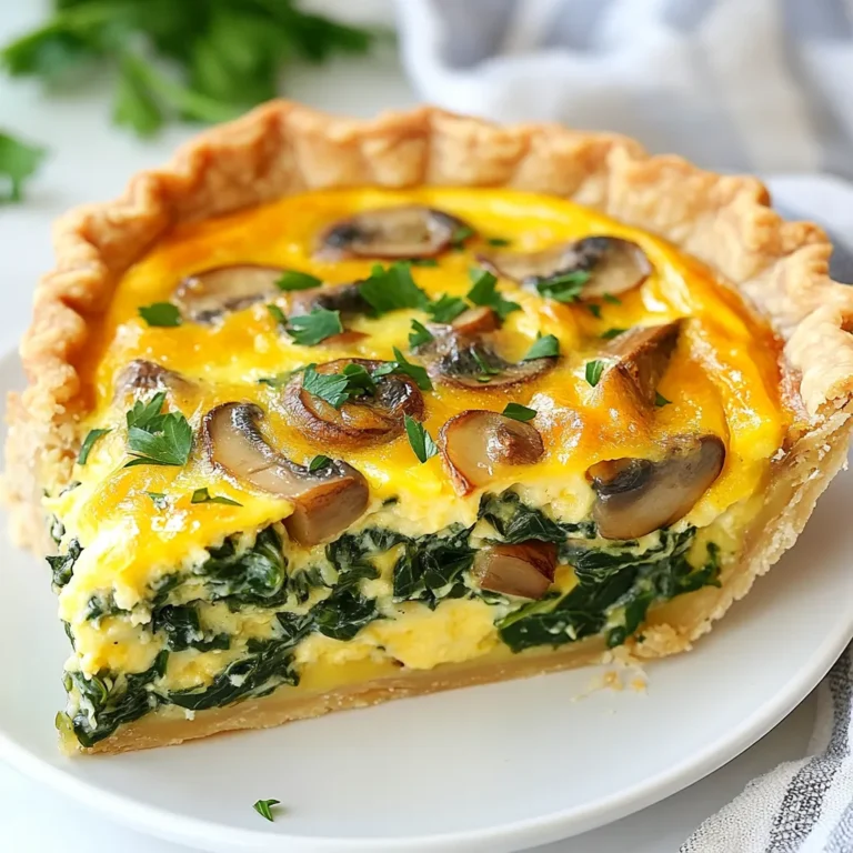When it comes to making a spinach mushroom quiche, having the right ingredients makes all the difference. Here’s what you need: - 1 pre-made pie crust (using homemade is fine too) - 2 cups fresh spinach, chopped - 1 cup mushrooms, sliced (use cremini for a rich taste or button for a mild flavor) - 1 small onion, finely chopped - 3 large eggs - 1 cup heavy cream - 1 cup shredded cheese (Gruyère gives a nutty taste, while cheddar adds sharpness) - 1 teaspoon garlic powder - 1 teaspoon salt - ½ teaspoon black pepper - Pinch of nutmeg (optional) - 2 tablespoons olive oil Fresh Spinach Benefits: Spinach packs a punch with nutrients. It’s high in iron and vitamins A and C. This means it not only tastes good but also boosts your health. Mushroom Types: When picking mushrooms, cremini and button are common choices. Cremini mushrooms are deeper in flavor. Button mushrooms are lighter and milder. Choose based on your taste! Cheese Choices: Gruyère offers a nutty twist that contrasts well with the spinach. Cheddar, on the other hand, is sharp and creamy. You can mix them too for more flavor. Seasoning Essentials: Garlic powder adds depth. Salt and pepper enhance the taste. A pinch of nutmeg adds warmth. This mix makes your quiche truly special. With these ingredients, you set the stage for a tasty and satisfying dish. Each element plays a role in making this quiche a hit at your table! {{ingredient_image_1}} First, preheat your oven to 375°F (190°C). This step helps your quiche bake evenly. Next, take a skillet and add 2 tablespoons of olive oil over medium heat. Once hot, add 1 small finely chopped onion. Sauté the onion for about 2-3 minutes until it turns translucent. Then, add 1 cup of sliced mushrooms. Cook the mushrooms for around 5-7 minutes until they are soft and browned. Finally, stir in 2 cups of chopped fresh spinach. Cook until the spinach wilts, which takes about 2 minutes. Remove the skillet from heat and let the mix cool slightly. In a mixing bowl, whisk together 3 large eggs and 1 cup of heavy cream. Add 1 teaspoon of garlic powder, 1 teaspoon of salt, ½ teaspoon of black pepper, and a pinch of nutmeg if you like. Keep whisking until everything combines well. Now, add your cooled spinach and mushroom mix into the egg mix. Then, fold in 1 cup of shredded cheese, either Gruyère or cheddar. Stir gently so you don’t break the cheese. Pour the filling into your pre-made pie crust. Spread it out evenly for a nice look. Place the quiche in the preheated oven. Bake for 30-35 minutes, or until the quiche sets in the middle and the top turns lightly golden. When done, take it out and let it cool for about 10 minutes before slicing. Enjoy your delicious spinach mushroom quiche! To get a creamy filling, use heavy cream. It gives the quiche a rich taste. Whisk the eggs and cream well to mix. This step is key for fluffiness. Pre-baking the crust is vital too. It keeps the crust from getting soggy. Bake it for about 10 minutes before adding the filling. This small step makes a big difference. You can add herbs like thyme or basil for extra flavor. These herbs boost the taste and give your quiche a fresh twist. You can also try spices like paprika or red pepper flakes. For cheese, Gruyère adds a nutty flavor. Cheddar gives a sharp taste. Mixing these cheeses can create a unique flavor profile. When serving, slice the quiche into wedges. Place each slice on a plate. Garnish with fresh parsley or chives for color. A side salad adds a nice crunch and contrast. You can use greens like arugula or mixed lettuce. This makes your dish look appealing and delicious. Pro Tips Use Fresh Ingredients: Fresh spinach and mushrooms provide vibrant flavor and texture. If possible, choose organic produce for the best taste. Whisk Well: Ensure your egg and cream mixture is whisked thoroughly for a uniform texture. This will help the quiche to set evenly. Let It Rest: Allow the quiche to cool for at least 10 minutes before slicing. This helps the filling to firm up, making for cleaner slices. Experiment with Cheese: While Gruyère and cheddar are great choices, feel free to experiment with other cheeses like feta or goat cheese for different flavor profiles. {{image_2}} You can make this quiche fit your needs. For a gluten-free crust, use almond flour or gluten-free pie crusts. These options work well and taste great. If you want a dairy-free quiche, swap heavy cream for coconut cream or a nut-based milk. You can also use dairy-free cheese options to keep the flavor. Feel free to get creative with your veggies. You can add bell peppers, zucchini, or even broccoli. Each choice gives a new twist to the quiche. For cheese, try feta for a tangy taste or mozzarella for a creamy texture. Mixing different cheeses can make the dish special. Using seasonal veggies gives your quiche fresh flair. In spring, add asparagus or artichokes. During fall, use squash or sweet potatoes. For holidays, think about adding cranberries or nuts. These ideas can turn your quiche into a festive dish everyone will love. To keep your leftover spinach mushroom quiche fresh, follow these tips: - Refrigeration: Place uneaten quiche slices in an airtight container. It will stay good for up to 3 days. Make sure to cool it completely before sealing. - Freezing for later use: If you want to save it longer, wrap the quiche tightly in plastic wrap, then in aluminum foil. Store it in the freezer for up to 2 months. When you are ready to eat, let it thaw overnight in the fridge. To enjoy your quiche again, use these methods: - Best methods for reheating: The oven is the best choice for reheating. Preheat it to 350°F (175°C). Place the quiche on a baking sheet and heat for about 15-20 minutes. This keeps the crust crispy. - Tips for maintaining texture: Cover the quiche loosely with foil to prevent over-browning. You can also microwave a slice on low power. This is quick but may soften the crust. Spinach mushroom quiche can last about 3-4 days in the fridge. Make sure to store it in an airtight container. This helps keep it fresh and tasty. If you want it to last longer, you can freeze it. In the freezer, it can stay good for about 2-3 months. Just remember to wrap it well to avoid freezer burn. Yes, you can use frozen spinach in this quiche. Thaw it first and squeeze out the extra water. This keeps the quiche from getting soggy. Frozen spinach is a great time-saver and still gives you nice flavor. I enjoy serving spinach mushroom quiche with a simple side salad. A mix of greens, tomatoes, and a light dressing works great. You can also pair it with fresh fruit for a sweet touch. Add some crusty bread for a complete meal. Absolutely! You can make the quiche a day in advance. Just bake it, let it cool, and store it in the fridge. When you are ready to eat, reheat it in the oven for the best taste. This makes it perfect for brunch or gatherings. Yes, you can use different cheeses based on your taste. Feta cheese adds a nice tangy flavor. Mozzarella gives a creamy texture. Feel free to mix and match to find your favorite flavor combo. This blog post covered how to make a delicious spinach and mushroom quiche. We explored the best ingredients, like fresh spinach, cremini mushrooms, and cheese options. I provided step-by-step instructions, helpful tips, and variations for dietary needs. In closing, quiche is versatile and can fit any meal. You can experiment with flavors and ingredients that you love. Trust your taste and enjoy the cooking process. Your homemade quiche will impress family and friends.