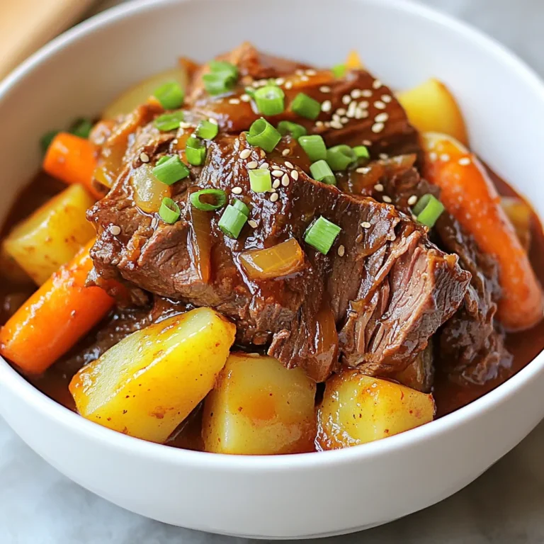 To make a flavorful Korean Style Pot Roast, you need several key ingredients: - 3-4 lbs beef chuck roast - 2 tablespoons vegetable oil - 1 onion, quartered - 4 cloves garlic, minced - 1 inch piece of ginger, sliced - 1 cup beef broth - 1/4 cup gochujang (Korean chili paste) - 2 tablespoons soy sauce - 2 tablespoons brown sugar - 1 tablespoon sesame oil - 2 carrots, chopped - 2 potatoes, quartered - 1 bell pepper, sliced - Salt and pepper to taste The beef chuck roast is the star of this dish. It becomes tender and juicy after slow cooking. Gochujang is a key ingredient. This Korean chili paste adds a spicy and sweet flavor. Its unique taste makes the dish stand out. Sesame oil is another special ingredient. It has a nutty flavor that enhances the overall taste of the pot roast. This oil adds depth and richness to the meal. To finish your Korean Style Pot Roast, consider adding these garnishes: - Green onions - Sesame seeds These garnishes not only add color but also bring extra crunch and flavor. Green onions give a fresh taste, while sesame seeds add a nice texture. Together, they make your dish even more appealing. {{ingredient_image_1}} Start by searing the beef chuck roast. Heat vegetable oil in a large pot over high heat. Season the roast with salt and pepper. Once the oil is hot, place the beef in the pot. Sear it for about 4-5 minutes on each side until it turns brown. This step locks in the flavor. Remove the roast and set it aside. Next, you will sauté the aromatics. Using the same pot, add the quartered onion. Sauté it for about 3-4 minutes until it softens. Then, add minced garlic and sliced ginger. Cook these for one more minute. This step builds a great flavor base for the dish. Now, it’s time to build the sauce. Stir in gochujang, soy sauce, brown sugar, and sesame oil into the pot. Mix well to combine all the ingredients. Don’t forget to scrape the pot’s bottom. This action gets all the tasty browned bits into your sauce, adding depth to the flavor. Place the seared beef back in the pot and pour in the beef broth. Bring this mixture to a gentle simmer. Make sure the roast is mostly submerged in the sauce. Cover the pot and reduce the heat to low. Let it cook for about 3-4 hours. This long cooking time makes the beef tender and easy to shred. Once cooked, take the roast out of the pot. Let it rest for a few minutes. Shred the beef using two forks. Return the shredded beef to the pot with the vegetables. Stir everything well to combine. Serve the pot roast in bowls, garnished with green onions and sesame seeds. Enjoy your meal! Choosing the right cut of beef is key. I recommend a chuck roast for its rich flavor and tenderness. This cut has the right amount of fat. It helps keep the meat moist during cooking. Adjusting seasoning levels is also important. Taste your sauce as you cook. If it's too spicy, add a bit more sugar. If it needs salt, add soy sauce. This way, you get the balance just right. Preparing ingredients in advance saves you time. Chop your veggies and mince the garlic ahead of time. You can store them in the fridge until you're ready to cook. Using a slow cooker is a great idea. It allows you to set it and forget it. Just sear your beef and add everything to the pot. Cook it on low for about 7-8 hours. This method makes the beef super tender. What if the roast is tough? If that happens, it often needs more time. Cook it longer until it shreds easily. You can also add more broth to keep it moist. Adjusting sauce consistency is simple. If your sauce is too thick, add a bit of broth or water. Stir it well until you reach the desired thickness. If it's too thin, simmer it longer to thicken. Pro Tips Choose the Right Cut: For the best flavor and tenderness, use a well-marbled cut of beef like chuck roast. This cut breaks down beautifully during the slow cooking process. Adjust Spice Level: Gochujang varies in heat, so taste your sauce before adding the full amount. You can always add more later if you prefer a spicier kick! Let it Rest: After cooking, allow the pot roast to rest for at least 10 minutes before shredding. This helps the juices redistribute, making the meat even more tender and juicy. Customize Vegetables: Feel free to swap in your favorite vegetables like parsnips or sweet potatoes. Just make sure they are cut to a similar size for even cooking. {{image_2}} To make your pot roast spicier, add more gochujang. Start with an extra tablespoon. You can also add fresh chili peppers or chili flakes. This boosts the heat and gives more depth. The spice will balance well with the beef's rich flavors. Feel free to swap in different veggies. Sweet potatoes add a sweet touch. Zucchini brings a nice texture. You can also use seasonal vegetables. Try adding mushrooms or bok choy for a fun twist. Seasonal choices keep your dish fresh and exciting. If you need gluten-free, use tamari instead of soy sauce. It has a similar flavor profile. For lower carbs, skip the brown sugar. You can use a sugar substitute like erythritol. This keeps the dish tasty while meeting your dietary needs. To keep your Korean style pot roast fresh, cool it down first. Place it in the fridge within two hours of cooking. Use airtight containers to prevent moisture loss. Glass or plastic containers work well. Make sure to separate the meat from the vegetables if you want. This helps keep everything fresh longer. To reheat your pot roast, consider the stovetop. This method keeps the meat juicy. Place the roast in a pot with a splash of broth on low heat. Stir occasionally until warmed. If you use a microwave, cover the dish. Heat it in short bursts to avoid drying out the meat. This helps keep the texture nice and soft. For long-term storage, you can freeze your pot roast. Cut it into portions before freezing. Wrap each piece tightly in foil or freezer bags. This prevents freezer burn. Label the bags with the date. To defrost, move the roast to the fridge overnight. For a quicker method, use the microwave’s defrost setting. This way, your delicious meal is ready whenever you are! The best cut of beef for this dish is beef chuck roast. It has a good balance of fat and meat. The fat adds flavor and keeps the meat tender as it cooks. When you cook chuck roast low and slow, it becomes melt-in-your-mouth good. This cut stands up well to the bold flavors of gochujang and soy sauce. Cooking the pot roast takes about 4 hours. First, you sear the meat for 10 minutes. After that, you add the ingredients and let it cook low and slow. The pot roast should simmer for 3 to 4 hours. You know it's ready when the meat shreds easily with a fork. Yes, you can use a slow cooker! Sear the beef in a pan first. Then transfer it to the slow cooker. Add the sautéed onions, garlic, and ginger. Pour in the sauce ingredients and broth. Cook on low for 6 to 8 hours. This method makes the meat super tender and lets the flavors blend well. You can serve many sides with this pot roast. Rice is a classic choice. It soaks up the tasty sauce. Steamed vegetables add color and nutrition. You can also try kimchi for a spicy kick. Another great option is a simple salad with sesame dressing. Each of these pairs well with the rich flavors of the roast. Korean style pot roast combines rich flavors and tender beef. With ingredients like gochujang and sesame oil, it stands out. Follow my step-by-step guide for perfect results. I shared tips for flavor, quick prep, and common issues. You can even swap ingredients for fun twists. Store leftovers well to enjoy later. Make this dish your own, and savor every bite!