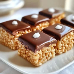 To make chocolate dipped Rice Krispie treats, gather these simple items: - 3 tablespoons unsalted butter - 1 package (10 oz) mini marshmallows - 6 cups Rice Krispies cereal - 1 teaspoon vanilla extract - 1 cup semisweet chocolate chips You can make your treats even more fun with these add-ins: - 1 tablespoon coconut oil (for smooth melting) - Sea salt (for a sprinkle on top) Having the right tools can make cooking easier. You will need: - A large saucepan - A microwave-safe bowl - A spatula or wooden spoon - A greased 9x13-inch baking dish - Parchment paper for easy cleanup These ingredients and tools help you create a delicious snack. Adding in extra toppings makes it even more exciting! {{ingredient_image_1}} Start by melting 3 tablespoons of unsalted butter in a large saucepan over low heat. Stir it often to keep it from burning. Once the butter is fully melted, add a 10-ounce package of mini marshmallows. Keep stirring until they melt and turn smooth. This step is key for that gooey texture. When everything is melted, remove the pan from the heat. Next, stir in 1 teaspoon of vanilla extract for extra flavor. Now it’s time to add the Rice Krispies. Gradually mix in 6 cups of Rice Krispies cereal. Stir gently but thoroughly to coat each piece well with the marshmallow mix. You want each Rice Krispie to be sticky and sweet. Once mixed, press the mixture into a greased 9x13-inch baking dish. Make sure it is even. Let it cool for about 30 minutes. This helps the treats firm up. After the treats cool, cut them into squares or rectangles. Set them aside on a clean surface. In a microwave-safe bowl, combine 1 cup of semisweet chocolate chips with 1 tablespoon of coconut oil, if you want a smooth melt. Microwave the bowl in 30-second intervals. Stir between each interval until the chocolate is fully melted. Dip the bottom half of each Rice Krispie treat into the melted chocolate. Let any excess chocolate drip off before placing them on a parchment-lined tray. For a fun touch, sprinkle a tiny pinch of sea salt on top while the chocolate is still soft. Let the chocolate set at room temperature or speed things up by putting them in the fridge. Enjoy your sweet creations! To melt chocolate well, use a microwave-safe bowl. Start with the chocolate chips. You can add coconut oil to make it smooth. Microwave in 30-second bursts. Stir after each burst. This helps the chocolate melt evenly. If you see small lumps, keep stirring. The heat from the melted chocolate will help. If you burn it, chocolate will seize and harden. So, watch it closely. To keep Rice Krispie treats crisp, use fresh cereal. Old cereal can make your treats chewy. When mixing, fold the cereal gently. This way, you keep the air in. Press the mixture firmly into the baking dish. This helps it hold its shape. Let the treats cool for 30 minutes. Cutting them too soon can ruin the texture. If you want a little crunch, sprinkle some sea salt on top after dipping. Chocolate-dipped Rice Krispie treats are fun for parties! You can cut them into fun shapes. Use cookie cutters for stars or hearts. Arrange them on a colorful platter. For an extra treat, serve with a side of melted chocolate. Guests can dip as they like. You can also add sprinkles or nuts on top. This makes them look festive. Don’t forget to share the recipe! Pro Tips Use Fresh Marshmallows: For the best texture and flavor, make sure your marshmallows are fresh. Old marshmallows can become hard and may not melt well. Customize Your Toppings: Feel free to add toppings like crushed nuts, sprinkles, or drizzles of white chocolate for extra flair and flavor variations. Control the Chocolate Dip: If you prefer a thicker chocolate coating, dip the treats more than once, allowing the chocolate to set between dips. Store Properly: To keep your treats fresh, store them in an airtight container at room temperature. Avoid refrigeration as it can make them hard. {{image_2}} You can use many types of chocolate for your treats. Semisweet chocolate is a classic choice. It gives a nice balance of sweet and rich flavors. Dark chocolate adds a bold taste that many love. Milk chocolate is sweeter and creamy. You can even try white chocolate for a fun twist. Just melt the chocolate as directed, and dip your treats for a yummy snack. Toppings can make your Rice Krispie treats even more fun! You can add sprinkles for color. Chopped nuts give a nice crunch. Try mini candies like M&M's for a sweet bite. Shredded coconut adds a tropical flair. You can mix in chocolate chips or peanut butter chips for extra flavor. Let your imagination run wild with mix-ins! Want to change the flavor? You can add different ingredients to the mix. Peanut butter gives a rich and nutty taste. Just stir in a bit when mixing the marshmallows. Mint extract can add a refreshing twist. Use only a small amount to avoid overpowering the treats. These flavor options make your snacks unique and tasty! To keep your chocolate dipped Rice Krispie treats fresh, store them in an airtight container. Use parchment paper to separate layers. This step prevents them from sticking together. Place the container in a cool, dry place, away from sunlight. Avoid storing them in the fridge, as this can make them hard. These treats last about 3 to 5 days when stored properly. If you want to extend their life, you can freeze them. They can last up to 2 months in the freezer. Just wrap each piece in plastic wrap and place them in a freezer bag. When you’re ready to enjoy, let them thaw at room temperature. If you want to reheat your treats, do so carefully. Use the microwave on low power for about 10 to 15 seconds. Check them often to avoid melting the chocolate too much. The goal is to make them soft again without ruining that chocolate coating. Enjoy your snack warm for a cozy treat! Yes, you can use homemade marshmallows! They can add a unique taste. Just make sure they are fresh and soft. Cut them into small pieces before melting. This helps them blend well with the butter. Homemade ones may need a bit more time to melt. If your chocolate won’t melt smoothly, try a few tricks. First, make sure you are using a microwave-safe bowl. Add a bit of coconut oil. It helps the chocolate melt evenly. Heat it in short bursts, stirring often. Avoid overheating, as this can cause the chocolate to seize. If it does, add a few drops of warm water to fix it. You can make these Rice Krispie treats ahead of time. Just prepare them as usual and let them cool. Once set, store them in an airtight container. Keep them at room temperature for a few days. For longer storage, place them in the fridge. Just remember to let them come back to room temperature before serving. This blog post walked you through making tasty treats from start to finish. You learned about key ingredients, optional add-ins, and the tools you'll need. I shared step-by-step instructions to help you melt, mix, and coat with chocolate. You also found tips for perfecting texture and serving at parties. With variations in chocolate, toppings, and flavors, you can customize your treats. Finally, we covered storage tips to keep them fresh and answered common questions. Now, it’s time to get creative in the kitchen! Enjoy making your own delicious treats.