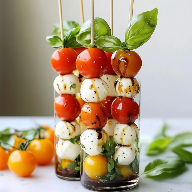 - 20 cherry tomatoes - 20 small fresh mozzarella balls (bocconcini) - 20 fresh basil leaves - 2 tablespoons balsamic glaze - 1 tablespoon extra virgin olive oil - Salt and pepper to taste - Skewers or toothpicks For this recipe, you will make ten skewers. Each skewer has three sets of ingredients. Use 20 cherry tomatoes, 20 mozzarella balls, and 20 basil leaves. This gives you a perfect balance of flavors. You can add extra flavor with a sprinkle of crushed red pepper. If you want more color, add bell pepper pieces. For a twist, use pesto instead of olive oil. These options can enhance your skewers even more. {{ingredient_image_1}} First, wash the cherry tomatoes and basil leaves. Use cold water for this. Pat them dry with a clean kitchen towel. This helps keep the flavors fresh. Grab a skewer or toothpick. Start by threading one cherry tomato onto it. Next, add a basil leaf. Then, place a mozzarella ball on the skewer. Repeat this until you have three sets on each skewer. This gives you a colorful and tasty treat. Now, take a small bowl. Mix extra virgin olive oil with salt and pepper. Drizzle this mixture over your skewers. This adds flavor and a nice shine. Finally, pour the balsamic glaze over the top of the skewers. This makes them look great and taste even better. Arrange the skewers on a platter. For a fun touch, stand them in a tall glass. Add more basil leaves around the platter for a lovely presentation. When making Easy Caprese Skewers, fresh ingredients matter most. Pick ripe cherry tomatoes. They should feel firm and bright in color. For cheese, use small fresh mozzarella balls, known as bocconcini. They are creamy and soft. Fresh basil leaves add a nice aroma and taste. Look for leaves that are bright green and free of brown spots. Choose high-quality balsamic glaze for a rich flavor. Extra virgin olive oil enhances the taste, so pick a good brand. Make your skewers pop with a stunning display. Arrange the skewers in a tall glass or vase. This makes them easy for guests to grab. You can also lay them out on a nice platter. Add some fresh basil leaves around for color. Drizzle extra balsamic glaze and olive oil on top for extra flair. Use a mix of colors by adding yellow tomatoes. This makes the dish more appealing. Serve your skewers as a fresh appetizer at parties. They pair well with drinks like wine or sparkling water. You can also use them as a light snack during the day. For a complete meal, serve with crusty bread and salads. If you have leftovers, enjoy them cold or at room temperature. They stay tasty for a while, so they are perfect for meal prep. Pro Tips Choose Fresh Ingredients: The quality of your cherry tomatoes and mozzarella will significantly impact the flavor of your skewers. Opt for the freshest produce you can find for the best results. Marinate for Extra Flavor: For added depth, consider marinating the mozzarella balls in olive oil, garlic, and herbs for a couple of hours before assembling the skewers. Presentation Matters: Arrange the skewers in a standing position in a tall glass or vase to make an eye-catching centerpiece on your table or buffet. Experiment with Variations: Feel free to add other ingredients such as olives, salami, or bell peppers to your skewers for a twist on the classic Caprese flavors. {{image_2}} You can switch things up by adding fruits or veggies. Try using fresh strawberries for a sweet twist. Pineapple chunks add a tropical vibe. If you want crunch, use bell pepper pieces. You can mix and match to find your favorite flavor. Just keep the balance in mind. Pair flavors that complement each other for the best taste. If you want to swap the mozzarella, there are great options. Feta cheese brings a salty flavor. Goat cheese is creamy and tangy. You can even try vegan cheese if you're looking for plant-based options. Just cut the cheese into small cubes to keep the skewers neat. Each cheese will change the taste of your dish, so experiment! For a vegan version, skip the cheese and use marinated tofu cubes. This keeps the protein while making it plant-based. Make sure to choose gluten-free skewers if you have dietary needs. Fresh veggies like zucchini or cucumber work well. You can still drizzle the balsamic glaze for that tasty finish. Enjoy these skewers while meeting your dietary goals! To keep your skewers fresh, place them in an airtight container. You can also wrap them in plastic wrap. Store them in the fridge. Try to eat them within two days for the best taste. Caprese skewers are best enjoyed cold, so reheating is not needed. If you want to warm them up, do so gently in a pan. Avoid using the microwave, as it can make the cheese rubbery. To maintain freshness, use high-quality ingredients. Choose ripe tomatoes and fresh mozzarella. Keep basil leaves whole until serving. Store the skewers in a cool spot, away from heat or sunlight. Enjoy the bright flavors at their best! Yes, you can make Caprese skewers ahead of time. Prepare them a few hours before your event. Store them in the fridge to keep them fresh. Just drizzle the balsamic glaze right before serving for the best taste. If you don't have balsamic glaze, try using balsamic vinegar. You can also mix honey with balsamic vinegar for a sweet touch. Another option is a simple vinaigrette made with olive oil and vinegar. You can store Caprese skewers for up to two days in the fridge. Keep them in an airtight container to maintain freshness. Check for any signs of spoilage before eating. Yes, Caprese skewers are a healthy snack. They are low in calories and high in nutrients. Cherry tomatoes and basil offer vitamins, while mozzarella provides protein and calcium. Enjoy them guilt-free! Absolutely! You can use wooden or metal skewers. Toothpicks work great for smaller servings. Just make sure whatever you use is safe for food and sturdy enough to hold the ingredients. In this blog post, we covered the key ingredients, step-by-step instructions, and helpful tips for making Caprese skewers. We discussed variations to suit different diets and how to store leftovers. Remember, choosing fresh ingredients makes a big difference in taste. Skewers are fun to make and easy to share. You can get creative with them, so don’t hesitate to try new things. Enjoy your skewers fresh, and share them with others. Happy cooking!