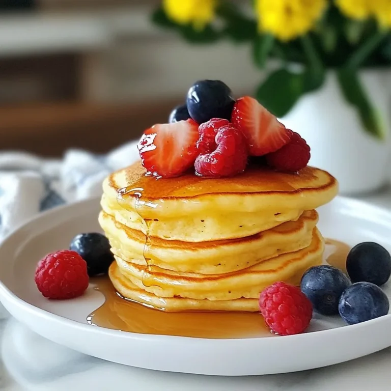 To create the perfect Lemon Ricotta Pancakes, gather these simple ingredients: - 1 cup ricotta cheese - 2 large eggs - 1/4 cup granulated sugar - 1 teaspoon vanilla extract - Zest of 1 lemon - 1/4 cup fresh lemon juice - 1 cup all-purpose flour - 1 teaspoon baking powder - 1/2 teaspoon baking soda - Pinch of salt - Butter or oil for frying - Fresh berries and maple syrup for serving Each ingredient plays a key role in making these pancakes fluffy and tasty. I love using fresh lemon juice and zest for a bright flavor. Ricotta cheese adds creaminess that makes the pancakes soft. The sugar balances the tartness of the lemon. You can use butter or oil for frying, but butter gives a richer taste. Having fresh berries and maple syrup on top makes each bite special. It’s nice to have a mix of flavors and textures. You can also adjust the sweetness by changing the sugar amounts. These ingredients work together to create a delicious breakfast that you'll want to make again and again! {{ingredient_image_1}} - Start by combining 1 cup of ricotta cheese, 2 large eggs, and 1/4 cup of granulated sugar in a bowl. - Use a whisk to mix until the blend is smooth and creamy. This step is key for fluffy pancakes. - Next, add 1 teaspoon of vanilla extract, the zest of 1 lemon, and 1/4 cup of fresh lemon juice. Mix until everything is well combined. - In another bowl, mix together 1 cup of all-purpose flour, 1 teaspoon of baking powder, 1/2 teaspoon of baking soda, and a pinch of salt. - Carefully combine this dry mix with the wet mixture. Gently fold them together. Do not overmix; a few lumps are fine. - Heat a non-stick skillet over medium heat and add some butter or oil to coat the surface. - Pour 1/4 cup of the batter onto the skillet for each pancake. - Cook for about 3-4 minutes until bubbles form on the surface. The edges should look set. - Flip the pancakes and cook for another 2-3 minutes until golden brown on both sides. - Stack the pancakes high on a plate. Top them with fresh berries and a drizzle of maple syrup. - To keep pancakes warm while cooking, place them on a plate in a warm oven. To get fluffy pancakes, avoid overmixing the batter. When you mix too much, the pancakes can turn out dense. You want to gently fold the dry ingredients into the wet mix. A few lumps are fine and will help keep them airy. Next, pay attention to the cooking temperature. Medium heat works best. If the heat is too high, the outside will brown before the inside cooks. Use a non-stick skillet or griddle, and add a little butter or oil to prevent sticking. Fresh lemon juice and zest make a big difference. They give the pancakes a bright, zesty flavor. The fresher your lemons, the more flavor you get. For the best ricotta cheese, choose a quality brand. Look for a creamy texture and fresh taste, which enhances your pancakes. When frying pancakes, keep them warm. Use a plate and cover it with foil. This way, they stay hot while you cook the rest. If you're making more pancakes, adjust the batter amounts. Just double or triple the recipe as needed, and cook in batches to keep the pancakes fluffy and delicious. Pro Tips Use Fresh Ingredients: Fresh ricotta and lemons will enhance the flavor of your pancakes, providing a lighter and more vibrant taste. Don’t Overmix: Gently fold the dry ingredients into the wet ingredients. Overmixing can lead to tough pancakes, so a few lumps are perfectly fine. Temperature Matters: Make sure your skillet is at the right temperature before adding the batter. A medium heat ensures a nice golden color without burning the pancakes. Keep Them Warm: As you cook the pancakes, keep them warm in a low oven (around 200°F) to ensure they all stay fluffy and hot for serving. {{image_2}} You can easily change the taste of your lemon ricotta pancakes. Add fruits like blueberries, bananas, or apples to the batter. Chopped nuts, like walnuts or pecans, can give a nice crunch. You can also try different citrus flavors. Orange zest or lime zest can give a fresh twist. Experimenting with these flavors can make breakfast exciting! If you want to make these pancakes gluten-free, you can use gluten-free flour. Almond flour or a blend of gluten-free flours works well. This way, everyone can enjoy these fluffy pancakes. For a dairy-free option, look for non-dairy ricotta. You can find brands made from nuts or soy. They still give a creamy texture without the dairy. You don't have to stick to just berries and syrup! Try topping your pancakes with yogurt or whipped cream for creaminess. Compotes made from fruits, like strawberries or peaches, can add sweetness and flavor. You can also serve the pancakes with a sprinkle of nuts or seeds for added texture. This makes your meal not just tasty but also beautiful! To store your leftover lemon ricotta pancakes, let them cool on a plate. This step helps keep them fluffy. Once cooled, place the pancakes in an airtight container. You can refrigerate them for up to three days. If you want to save pancakes for later, freezing is a great option. Stack the pancakes with a small piece of parchment paper between each one. This way, they won’t stick together. Place the stack in a freezer-safe bag or container. They can freeze well for up to two months. When it’s time to enjoy your pancakes again, you can use a toaster or skillet. For the toaster, set it to a low setting. Toast the pancakes until they are warm. If using a skillet, heat it over low heat. Add a tiny bit of butter to avoid sogginess. Cook for one to two minutes on each side. Enjoy your fluffy pancakes just like the first time! Lemon ricotta pancakes stand out because of their light and fluffy texture. The ricotta cheese adds creaminess that regular pancakes lack. The lemon zest and juice give a bright, refreshing flavor. This combination makes each bite a delightful experience, unlike typical pancakes. Yes, you can prepare lemon ricotta pancakes ahead of time. To do this, cook the pancakes and let them cool completely. Store them in an airtight container in the fridge for up to three days. When ready to eat, just reheat them in a skillet or microwave until warm. If you prefer sweeter pancakes, you can add more sugar. Start with one or two extra tablespoons of sugar. Taste the batter before cooking. You can also use honey or maple syrup instead of granulated sugar for a different flavor. Absolutely! Lemon ricotta pancakes are great for meal prep. Just follow these best practices: - Store leftover pancakes in an airtight container in the fridge. - Separate layers with parchment paper to avoid sticking. - You can freeze them too. Just stack them in a freezer-safe bag. They last up to two months. Lemon Ricotta Pancakes are a tasty twist on your regular pancakes. We covered the ingredients, step-by-step instructions, tips for fluffiness, and variations you can try. Remember, using fresh ingredients makes a big difference. These pancakes are great for breakfast or brunch. You can store leftovers easily and even freeze them. Try different flavors and toppings to mix it up. Enjoy cooking, and savor each delicious bite!