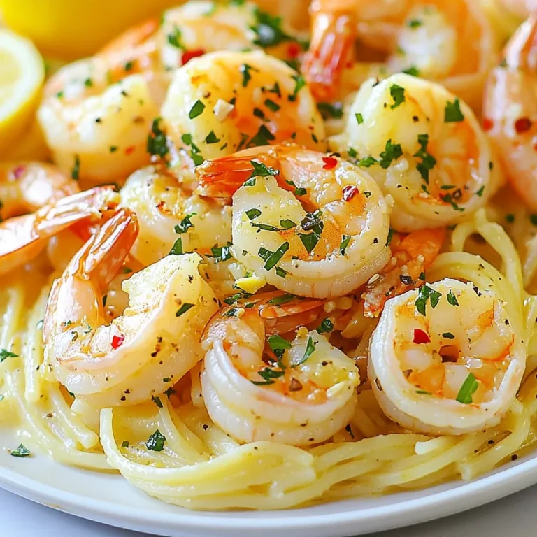 Here’s what you need to make Garlic Butter Shrimp Scampi: - 1 lb large shrimp, peeled and deveined - 4 tablespoons unsalted butter - 4 tablespoons olive oil - 6 cloves garlic, minced - 1/2 teaspoon red pepper flakes (adjust to taste) - Juice and zest of 1 lemon - 1/4 cup chicken or vegetable broth - 1/4 cup freshly chopped parsley - Salt and pepper to taste - 8 oz linguine or spaghetti - Optional: Grated Parmesan cheese for serving These ingredients blend to create a rich, tasty dish. The shrimp provide protein and flavor, while the garlic and butter add depth. Lemon juice brightens the dish, and fresh parsley gives it a pop of color. Adjust the red pepper flakes based on your spice preference. This recipe is simple yet packed with flavor. It’s a great way to impress family or friends with minimal effort. {{ingredient_image_1}} Start by boiling water in a large pot. Add salt to the water for flavor. Once the water reaches a rolling boil, add 8 oz of linguine or spaghetti. Cook according to the package instructions until al dente. This usually takes about 8-10 minutes. Why reserve pasta water? Reserve 1 cup of the pasta water before draining. This starchy water helps create a smooth sauce later. In a large skillet, heat 4 tablespoons of olive oil and 2 tablespoons of butter over medium heat. Once the butter has melted, add 1 lb of large shrimp. Season them with salt and pepper. Cook the shrimp for about 2-3 minutes. They should turn pink and opaque. Remove the shrimp from the skillet and set them aside. In the same skillet, add the remaining 2 tablespoons of butter and 6 minced garlic cloves. Sauté the garlic for about 1-2 minutes. Be careful not to burn the garlic, as it can become bitter. Enhancing flavor: After the garlic is fragrant, stir in 1/2 teaspoon of red pepper flakes, the juice and zest of 1 lemon, and 1/4 cup of chicken broth. Let this mixture simmer for about 2-3 minutes to meld the flavors. Return the cooked shrimp to the skillet, along with the drained pasta. Toss everything together to coat the pasta and shrimp in the sauce. If the sauce seems To ensure your shrimp cook perfectly, use fresh shrimp. Look for shrimp that are firm and have a mild scent. When cooking, watch for color change. The shrimp should turn pink and opaque. This takes about 2-3 minutes on medium heat. Overcooking makes shrimp tough, so stay alert. For the right sauce thickness, start with reserved pasta water. Add it a little at a time. This water contains starch that helps thicken the sauce. Stir and observe the consistency. You want it creamy, not watery. If shrimp is not your thing, try scallops or chicken. Both options work well with the same sauce. For pasta, you can use zucchini noodles or gluten-free pasta. These substitutes keep the dish light and enjoyable. For dairy-free options, replace butter with olive oil or vegan butter. Nutritional yeast can also give a cheesy flavor without dairy. These swaps keep the dish tasty for everyone. To add more flavor, consider herbs like basil or thyme. Fresh herbs brighten the dish and add depth. You can also try adding lemon zest for a citrus kick. Adjust the spice levels by changing the red pepper flakes. For more heat, add extra flakes. For a milder taste, reduce the amount. This makes the dish fit your own taste perfectly. Pro Tips Use Fresh Shrimp: Whenever possible, opt for fresh shrimp over frozen for the best flavor and texture. Look for shrimp that are firm and have a mild sea scent. Don’t Overcook the Shrimp: Shrimp cook very quickly; remove them from the heat as soon as they turn pink and opaque to avoid rubbery texture. Adjust the Spice: Customize the level of heat by adjusting the amount of red pepper flakes according to your preference. You can always add more, but it’s hard to take it away! Save Pasta Water: Always reserve some pasta cooking water before draining. It can be a great addition to your sauce to help it cling to the pasta better. {{image_2}} You can make Garlic Butter Shrimp Scampi even better by adding vegetables. Spinach is a great choice. It wilts nicely in the garlic sauce. Cherry tomatoes also add a pop of color and sweetness. You can also try bell peppers or zucchini. Just chop them up and toss them in with the shrimp. This adds flavor and nutrition to your dish. If you want to switch things up, consider using scallops or chicken. Scallops give a nice, sweet taste that pairs well with garlic. Just cook them for a shorter time. Chicken can work too; just cut it into small pieces. You can even create a seafood medley. Mix shrimp, scallops, and fish for a more varied dish. This brings different textures and flavors to your plate. Get creative with flavors from around the world. For a Southwest twist, add spices like cumin and paprika. Toss in some corn and black beans for a hearty meal. For an Asian twist, use soy sauce and ginger. These changes can completely transform the dish while keeping it simple and tasty. Explore different ingredients to find your favorite version! To keep your garlic butter shrimp scampi tasty, store leftovers in an airtight container. This method helps keep the flavors fresh. It will last for up to three days in the fridge. If you want to enjoy it later, make sure to cool it down first before sealing. When you reheat shrimp scampi, aim for gentle heat. Use a skillet over low to medium heat. Add a splash of chicken broth or water to keep it moist. Stir often to avoid overcooking the shrimp. Overcooked shrimp can turn rubbery and lose their flavor. Freezing shrimp scampi is a great way to save it for later. Place it in a freezer-safe container, leaving some space for expansion. It can last for about three months in the freezer. To thaw, move it to the fridge overnight. You can reheat it after thawing, using the same gentle technique mentioned above. This way, you can still enjoy that rich garlic flavor! You can tell shrimp are cooked when they turn pink and opaque. They should curl into a C shape. Undercooked shrimp look gray and feel soft. Overcooked shrimp will be tough and rubbery. For best results, cook shrimp for 2-3 minutes on each side. Yes, you can make this dish ahead of time. Cook the shrimp and pasta, then store them separately. Keep the sauce in the fridge. When ready to eat, reheat the sauce and add the shrimp and pasta. This keeps everything fresh and tasty. Many side dishes go well with this dish. Consider serving it with: - Garlic bread - A fresh green salad - Steamed vegetables - Rice or quinoa These sides will enhance your meal and add color. Garlic Butter Shrimp Scampi can be healthy if you watch your portion sizes. Shrimp are low in calories and high in protein. The olive oil and butter add flavor but can increase fat. You can use less butter or whole grain pasta for a healthier twist. In this article, we covered how to make a delicious Garlic Butter Shrimp Scampi. You learned about the key ingredients, cooking steps, and tips for success. Remember to cook shrimp until they are pink and firm. Feel free to get creative with herbs, vegetables, or different types of protein. This dish is not only easy to make but also exciting to share with friends and family. Use the storage and reheating tips to enjoy leftovers at their best. Happy cooking!