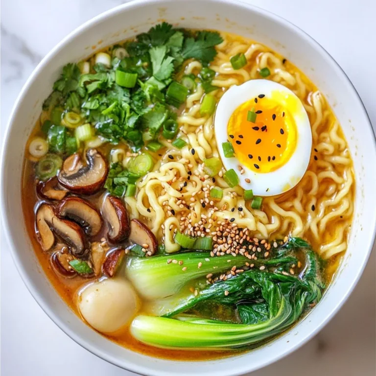 To make a great Spicy Miso Ramen Bowl, you need fresh and tasty ingredients. Here’s what you will need: - 4 cups vegetable broth - 2 tablespoons miso paste (red or white) - 2 tablespoons soy sauce - 1 tablespoon sesame oil - 1 tablespoon chili garlic sauce (adjust to taste) - 200g ramen noodles (fresh or dried) - 1 cup bok choy, chopped - 1 cup shiitake mushrooms, sliced - 1 carrot, julienned - 2 green onions, sliced - 2 soft-boiled eggs (optional) - Fresh cilantro for garnish - Toasted sesame seeds for garnish Each of these ingredients plays a role. The miso paste adds depth. The chili garlic sauce brings heat. The fresh veggies add color and crunch. You can add more toppings to make your ramen even better. Here are some ideas: - Sliced jalapeños for extra spice - Nori sheets for a sea flavor - Bamboo shoots for crunch - Corn for sweetness - Lime wedges for a zesty kick These toppings can help you customize your bowl. Feel free to mix and match based on what you like. Choosing the right brands can enhance your dish. For miso paste, I recommend: - Miso Master: Great for its rich flavor. - Hikari: Known for its smooth texture. For ramen noodles, I suggest: - Sun Noodle: Fresh and springy texture. - Nissin: Easy to find and tasty. These brands can make your Spicy Miso Ramen Bowl really stand out. {{ingredient_image_1}} Start by heating 1 tablespoon of sesame oil in a large pot over medium heat. Next, add 1 cup of sliced shiitake mushrooms. Sauté them for about 5 minutes. You want them golden and soft. Then, stir in 2 tablespoons of miso paste, 2 tablespoons of soy sauce, and 1 tablespoon of chili garlic sauce. Cook this mixture for 1 minute until it smells great. Now pour in 4 cups of vegetable broth. Bring it to a boil, then lower the heat. Let it simmer for 10 to 15 minutes. This helps all the flavors mix well. While your broth simmers, you can cook the ramen noodles. Use 200 grams of fresh or dried ramen noodles. Follow the package instructions for cooking time. Once cooked, drain them and set aside for later. They will soak up the broth flavor when you combine them. Now it’s time to bring everything together. In the last 5 minutes of your broth cooking, add 1 cup of chopped bok choy and 1 julienned carrot to the pot. They should be tender but still bright. To assemble, take the cooked noodles and divide them into serving bowls. Ladle the hot broth and veggies over the noodles. For a special touch, add a soft-boiled egg on top. Then sprinkle sliced green onions and fresh cilantro. Finish with toasted sesame seeds for a nice crunch. Enjoy your spicy miso ramen bowl! To make the perfect soft-boiled egg, start by boiling water in a pot. Once it boils, gently add the eggs. Set a timer for 6 to 7 minutes. When the time is up, quickly transfer the eggs to an ice bath. This stops the cooking process. Let them cool for a few minutes. Finally, peel the eggs and serve them on top of your ramen. The yolk should be creamy and runny, adding richness to each bite. Spice is a key part of the spicy miso ramen bowl. If you love heat, add more chili garlic sauce. Start with one tablespoon and adjust as you go. For milder flavors, cut it down to half a tablespoon. You can also serve extra chili sauce on the side. This way, everyone can spice their own bowl just right. Taste as you go to find the heat level that works for you. To save time, prep your ingredients ahead of cooking. Chop the bok choy, shiitake mushrooms, and carrots the night before. Store them in airtight containers in the fridge. You can also boil the eggs ahead of time. This way, you have everything ready when it’s time to cook. Cooking becomes quick and easy. This helps you enjoy your meal sooner! Pro Tips Adjust the Spice Level: Feel free to modify the amount of chili garlic sauce based on your spice preference. Start with less and add more to taste. Perfectly Soft-Boiled Eggs: For the best soft-boiled eggs, boil them for 6-7 minutes and then plunge them into ice water immediately to stop cooking. Keep Vegetables Vibrant: To maintain the bright colors and crunch of the bok choy and carrots, avoid overcooking them. They should be tender yet crisp. Garnish Generously: Don’t skimp on the garnishes! Fresh cilantro and toasted sesame seeds add not just flavor but also a beautiful presentation to your ramen bowl. {{image_2}} You can add meat to your spicy miso ramen to make it heartier. Some great choices are: - Chicken: Use grilled or shredded chicken for a light option. - Pork: Chashu pork adds a rich flavor. You can simmer it in soy sauce and mirin. - Beef: Thinly sliced beef cooks quickly. Just add it to the hot broth. - Shrimp: Fresh shrimp cooks fast and brings a nice sweetness. These meats not only boost flavor but also make your bowl more filling. For a vegetarian or vegan twist, there are plenty of options: - Tofu: Firm tofu absorbs flavors well. You can pan-fry it for added texture. - Seitan: This wheat-based protein has a meaty texture. It's great for a savory bite. - Mushrooms: Use more shiitake or add enoki mushrooms for variety. - Vegetables: Add more veggies like bell peppers or snap peas for crunch and color. These alternatives ensure everyone can enjoy a delicious bowl. Want to jazz up your ramen? Here are some tasty add-ins: - Nori: Seaweed sheets give a nice umami touch. Cut them into strips. - Kimchi: This spicy fermented cabbage adds heat and tang. A little goes a long way. - Chili Oil: Drizzle some for extra spice. It also adds a lovely sheen to your broth. - Lime Juice: A squeeze of lime brightens flavors and adds a zesty kick. Mix and match these enhancements to create your perfect bowl! To keep your spicy miso ramen fresh, store it in an airtight container. Separate the broth from the noodles and veggies. This way, the noodles do not get soggy. You can keep the broth and toppings in the fridge for up to three days. For best taste, consume leftovers within this time frame. When you are ready to enjoy your ramen again, reheat the broth in a pot over medium heat. This helps maintain the flavor. For the noodles, you can add them directly to the pot. Heat until everything is warm. If you cooked the ramen ahead of time, it will take only a few minutes to heat through. Add fresh toppings like green onions or cilantro for a boost. Freezing ramen is a great option for long-term storage. However, the texture changes after freezing. Store the broth and noodles in separate containers to avoid mushiness. You can freeze the broth for up to three months. Noodles should be consumed within one month for best quality. Thaw the broth overnight in the fridge and reheat it before serving. Add freshly cooked noodles just before eating. Yes, you can make spicy miso ramen in advance. Prepare the broth and store it in the fridge. Keep the noodles separate. When you’re ready to eat, just heat the broth and cook the noodles. Add fresh veggies and toppings right before serving to keep them crisp. You can use various broths for ramen. Vegetable broth gives a nice base for a vegetarian option. Chicken broth adds a rich flavor. Miso broth offers a deep, savory taste. Feel free to mix and match to find your favorite. You can customize your ramen bowl in many ways. Choose your favorite proteins like tofu, chicken, or pork. Add more vegetables like spinach, corn, or bean sprouts. Adjust the spice by adding more chili garlic sauce or sriracha. Top it with sesame seeds, seaweed, or pickled ginger for extra flavor. Spicy miso ramen is a tasty dish you can make at home. We covered key ingredients, tasty toppings, and brands to use. I shared steps for making broth, cooking noodles, and assembling your bowl. You learned tips for perfect eggs, spice levels, and ingredient prep. Variations let you add meats or go vegetarian. I also discussed how to store and reheat leftovers. With this guide, you can make a delicious bowl suited to your tastes. Enjoy crafting your spicy miso ramen!