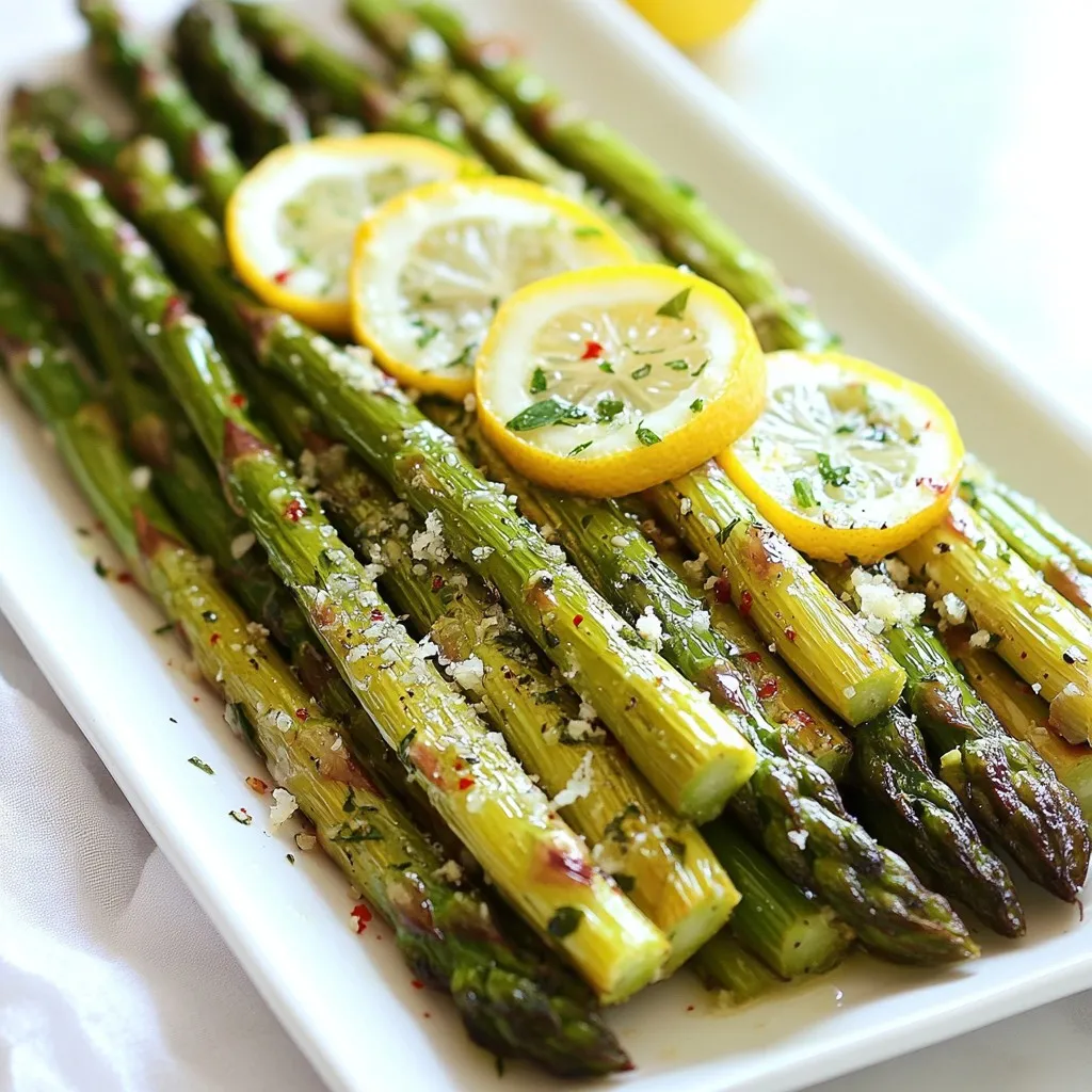 For this dish, you need one bunch of fresh asparagus. Look for bright green spears. They should feel firm and snap easily when bent. Trim the tough ends before cooking. This will ensure a tender bite. Next, gather your olive oil and seasonings. You will need: - 3 tablespoons olive oil - 4 cloves garlic, minced - Zest of 1 lemon - Juice of 1 citrus lemon - 1 teaspoon sea salt - ½ teaspoon freshly ground black pepper - ¼ teaspoon red pepper flakes (optional) The olive oil adds richness. Garlic gives it a savory punch. Lemon zest and juice bring brightness. Sea salt and black pepper enhance the flavors. Red pepper flakes add a nice kick, but this is optional. To make the dish even better, consider these optional toppings: - Fresh lemon slices for garnish - 1 tablespoon grated Parmesan cheese, if you like cheese The lemon slices add a fresh touch. The cheese adds a salty, nutty flavor. Both make the dish look great too. You can mix and match these toppings based on your taste. {{ingredient_image_1}} Start by rinsing the asparagus under cool water. Snap off the tough ends of each spear. This step is key. It helps the asparagus cook evenly. Once trimmed, place the asparagus in a large bowl. Make sure they are ready to absorb all the flavors from the marinade. In a separate bowl, combine the olive oil, minced garlic, lemon zest, and lemon juice. Add the sea salt, ground black pepper, and red pepper flakes if you want a kick. Whisk the mixture well. It should look smooth and fragrant. This marinade adds a bright taste to the asparagus. Preheat your oven to 425°F (220°C). Spread the asparagus on a baking sheet lined with parchment paper. This makes cleanup easy. Pour the lemon garlic marinade over the asparagus, tossing gently to coat each spear. Roast in the oven for 15 to 20 minutes. Toss halfway through for even cooking. The asparagus should be tender and slightly browned when done. If you like, sprinkle grated Parmesan cheese over the top for added flavor. Serve hot with fresh lemon slices for a pop of color. To roast asparagus well, start by trimming the tough ends. Use fresh asparagus for best taste. Lay the spears flat on a baking sheet. Avoid crowding them; this helps them roast evenly. Roast at 425°F for 15-20 minutes. Toss once halfway through. The asparagus should be tender and slightly brown. This gives a nice flavor and texture. To boost the taste, use fresh lemon juice and zest. They add bright flavor. Minced garlic also brings a strong kick. If you like heat, sprinkle red pepper flakes on top. For a rich finish, add grated Parmesan cheese after roasting. This adds a creamy texture that pairs well with the lemon and garlic. Serve the asparagus hot for the best taste. You can add fresh lemon slices on top for a pop of color. This dish goes well with grilled chicken or fish. It also makes a great side for pasta dishes. Feel free to mix it into salads for added crunch and flavor. Pro Tips Choose Fresh Asparagus: Look for vibrant green spears that are firm and straight. Avoid limp or yellowing asparagus for the best flavor and texture. Don’t Skip the Toss: Ensure each asparagus spear is well-coated in the lemon-garlic mixture; this maximizes the flavor in every bite. Adjust Cooking Time: Depending on the thickness of your asparagus, you may need to adjust the roasting time. Thicker spears may require a few more minutes. Customize Your Seasoning: Feel free to experiment with other herbs and spices, like thyme or cumin, to give your roasted asparagus a unique twist. {{image_2}} You can boost the taste of lemon garlic roasted asparagus with a few simple additions. Try mixing in some cherry tomatoes or bell peppers for a pop of color and sweetness. You can also add capers or olives for a briny punch. If you want more heat, sprinkle in some crushed red pepper flakes. Fresh herbs like thyme or parsley can bring a nice herbal note. Experiment with these options to find your favorite mix. While roasting brings out great flavors, you can also try grilling or sautéing your asparagus. For grilling, toss the asparagus in the lemon garlic marinade and place them on a hot grill. Cook for about 5-7 minutes, turning often until tender. If you prefer sautéing, heat some olive oil in a pan and cook the asparagus for about 8-10 minutes. This method gives you a lovely char without using the oven. If you have dietary restrictions, there are easy swaps you can make. For a vegan option, skip the Parmesan cheese or use a plant-based alternative. If you need a gluten-free dish, this recipe is already safe as it contains no gluten. You can also substitute olive oil with avocado oil if you want a different flavor. Make these swaps to enjoy the dish while meeting your needs. To store lemon garlic roasted asparagus, let it cool first. Place it in an airtight container. This keeps moisture out and flavor in. Store in the fridge for up to 3 days. If you notice any signs of spoilage, like a slimy texture, discard it. Remember, fresh is best! Reheat your asparagus in the oven for the best taste. Preheat the oven to 350°F (175°C). Place the asparagus on a baking sheet. Heat for about 10 minutes, or until warm. You can also use a microwave. Place it in a microwave-safe dish, cover it, and heat for 1 to 2 minutes. Keep an eye on it, so it doesn’t overcook. You can freeze lemon garlic roasted asparagus, but it may lose some crispness. To freeze, first cool it completely. Spread the asparagus in a single layer on a baking sheet. Freeze for about 1 hour. Then, transfer it to a freezer-safe bag. Remove as much air as possible. You can keep it frozen for up to 2 months. When ready to use, thaw it in the fridge overnight before reheating. Yes, you can use frozen asparagus. It saves time and is easy to find. Just remember to thaw it first. Pat it dry to remove extra moisture. This helps the asparagus roast well. Frozen asparagus may cook faster, so keep an eye on it. Roast for about 10-15 minutes instead of 15-20 minutes. You will know asparagus is done when it turns bright green and is tender. The tips should be slightly crispy and lightly browned. You can test it by piercing a spear with a fork. If it goes in easily, it's ready to eat. Toss the asparagus halfway through cooking for even browning. Lemon garlic roasted asparagus pairs well with many dishes. It complements grilled chicken or fish nicely. You can also serve it with rice or quinoa for a hearty meal. A fresh salad or roasted potatoes make great sides too. Don't forget to sprinkle some extra lemon juice on top for more flavor! In this article, I covered how to prepare lemon garlic roasted asparagus. I shared the best ingredients, step-by-step instructions, and clever tips. You learned about variations and how to store your dish properly. Roasting asparagus brings out its great taste. Remember, freshness matters. Enjoy experimenting with flavors and toppings. You can make this dish your own.