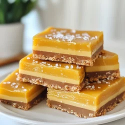 To make No-Bake Salted Caramel Bars, you need these simple ingredients: - 1 cup dates, pitted and soaked in hot water for 10 minutes - 1 cup rolled oats - 1/2 cup almond flour - 1/4 cup unsweetened cocoa powder - 1/4 cup maple syrup - 1/4 cup creamy peanut butter (or nut butter of choice) - 1 teaspoon vanilla extract - 1/2 teaspoon sea salt (plus extra for topping) These items blend together to create a tasty treat. You can swap some ingredients if needed. Here are a few options: - Use honey instead of maple syrup for sweetness. - Swap almond flour with oat flour or coconut flour. - Try sunflower seed butter instead of peanut butter for nut-free bars. - Use dried figs or prunes in place of dates for a different flavor. These changes will still keep your bars delicious. Each ingredient brings its own perks: - Dates: They provide natural sweetness and fiber. - Rolled oats: These add texture and whole grains, which are good for you. - Almond flour: A low-carb option packed with healthy fats and protein. - Cocoa powder: It gives a rich chocolate flavor and is full of antioxidants. - Peanut butter: This adds creaminess and protein to the mix. These ingredients work together to make a healthy and satisfying snack. {{ingredient_image_1}} First, gather your ingredients. You need soaked dates, rolled oats, almond flour, cocoa powder, maple syrup, peanut butter, vanilla, and sea salt. In a food processor, add the soaked dates after draining them. Then, mix in the rolled oats, almond flour, cocoa powder, maple syrup, peanut butter, vanilla, and sea salt. Process until it becomes a sticky dough. If it feels too dry, add a splash of water. Next, take an 8x8 inch baking dish and line it with parchment paper. Press the mixture into the dish firmly. Use a spatula or your hands to make it even. Refrigerate for 30 minutes to help it set. For the salted caramel layer, you need more soaked dates. Use about half a cup of soaked dates, almond butter, maple syrup, and a pinch of sea salt. Blend these in the food processor until smooth and creamy. This layer will add richness and sweet notes. Once blended, spread this caramel layer over the chilled oat base. Make sure to smooth it out evenly. After spreading the caramel, sprinkle a little extra sea salt on top. This adds a lovely touch. Place the dish back in the refrigerator for at least two hours. This allows the bars to set properly. Once set, lift the bars out using the parchment paper. Cut them into squares or bars. Stack them for a beautiful presentation. You can drizzle extra salted caramel on top if you like. Enjoy these easy and delicious treats! To get the right texture, soak your dates well. This helps them blend smoothly. If your mix feels too crumbly, add a splash of water. This small change can make a big difference. Process everything until it feels like sticky dough. You want it to hold together well. One error is not soaking the dates enough. This can lead to a grainy texture. Another mistake is skipping the chilling time. Chilling helps the bars set properly. If you don’t chill them long enough, they may fall apart when you cut them. Use a sharp knife for clean cuts. For serving, stack the bars nicely on a wooden board. You can drizzle extra salted caramel on top. A sprinkle of sea salt adds a nice touch too. This makes them look great and taste even better. These small details show off your effort and make the bars shine! Pro Tips Use Fresh Dates: For the best flavor and texture, use fresh Medjool dates as they are softer and sweeter, giving your bars a rich caramel taste. Chill Between Layers: Ensure the base layer is completely chilled before adding the caramel layer. This helps the layers to set properly and prevents mixing. Customize Your Nut Butter: Feel free to swap almond butter with any nut or seed butter of your choice, such as cashew or sunflower seed butter, for a different flavor profile. Store Properly: Keep the bars stored in an airtight container in the refrigerator for up to a week, or freeze them for longer shelf life. {{image_2}} You can switch up the nut butter in these bars. Try almond butter for a nutty twist. Cashew butter adds a creamy flavor. If you prefer sunflower seed butter, that works too! Each nut butter gives a unique taste. Just ensure it’s smooth for easy mixing. Want to customize your bars? You can add a few fun ingredients! Chopped nuts give a nice crunch. Dried fruits like cranberries or raisins can add sweetness. You can also mix in dark chocolate chips for a rich flavor. A dash of cinnamon offers warmth and spice. These bars are already dairy-free. To keep them vegan, ensure your nut butter has no added dairy. Check that your maple syrup is pure and not mixed with any animal products. You can also use coconut cream as a delicious topping for extra creaminess. After making these no-bake salted caramel bars, you might have some left. To store them, keep the bars in an airtight container. Place parchment paper between layers to prevent sticking. Store in the fridge for up to one week. This keeps them fresh and tasty. If you want to save the bars for later, freezing is a great option. Wrap each bar in plastic wrap. Then, put them in a freezer bag. They can last up to three months in the freezer. When you're ready to eat, just let them thaw in the fridge overnight. Always check your bars before eating. If you see mold or notice an off smell, throw them away. They may also become too hard or dry over time. If they don’t taste right, it’s best to discard them. Keeping an eye on these signs ensures you enjoy your treats at their best! Yes, you can use other sweeteners. Honey or agave syrup works well. Just keep the amount the same as maple syrup in the recipe. Each sweetener gives a different taste. Experimenting with them can lead to fun flavors. These bars last about one week in the fridge. Store them in an airtight container. If you keep them cool, they stay fresh longer. For best taste, eat them within a few days. If you don’t have a food processor, you can mash the dates by hand. Use a fork to break them down. Mix the dry ingredients in a bowl. Then, combine everything with your hands. It may take more time, but it works! This post covered a tasty recipe for salted caramel bars. We explored the ingredient list and found useful substitutions. The step-by-step guide showed how to prepare and chill the bars perfectly. I shared tips to help you avoid common mistakes and achieve great results. Variations offer even more flavors, while storage info ensures freshness. Make these bars your own. Enjoy experimenting with flavors and serving methods. Happy cooking!