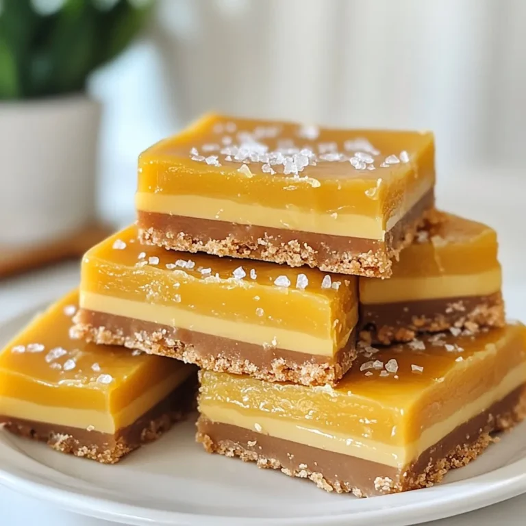 To make No-Bake Salted Caramel Bars, you need these simple ingredients: - 1 cup dates, pitted and soaked in hot water for 10 minutes - 1 cup rolled oats - 1/2 cup almond flour - 1/4 cup unsweetened cocoa powder - 1/4 cup maple syrup - 1/4 cup creamy peanut butter (or nut butter of choice) - 1 teaspoon vanilla extract - 1/2 teaspoon sea salt (plus extra for topping) These items blend together to create a tasty treat. You can swap some ingredients if needed. Here are a few options: - Use honey instead of maple syrup for sweetness. - Swap almond flour with oat flour or coconut flour. - Try sunflower seed butter instead of peanut butter for nut-free bars. - Use dried figs or prunes in place of dates for a different flavor. These changes will still keep your bars delicious. Each ingredient brings its own perks: - Dates: They provide natural sweetness and fiber. - Rolled oats: These add texture and whole grains, which are good for you. - Almond flour: A low-carb option packed with healthy fats and protein. - Cocoa powder: It gives a rich chocolate flavor and is full of antioxidants. - Peanut butter: This adds creaminess and protein to the mix. These ingredients work together to make a healthy and satisfying snack. {{ingredient_image_1}} First, gather your ingredients. You need soaked dates, rolled oats, almond flour, cocoa powder, maple syrup, peanut butter, vanilla, and sea salt. In a food processor, add the soaked dates after draining them. Then, mix in the rolled oats, almond flour, cocoa powder, maple syrup, peanut butter, vanilla, and sea salt. Process until it becomes a sticky dough. If it feels too dry, add a splash of water. Next, take an 8x8 inch baking dish and line it with parchment paper. Press the mixture into the dish firmly. Use a spatula or your hands to make it even. Refrigerate for 30 minutes to help it set. For the salted caramel layer, you need more soaked dates. Use about half a cup of soaked dates, almond butter, maple syrup, and a pinch of sea salt. Blend these in the food processor until smooth and creamy. This layer will add richness and sweet notes. Once blended, spread this caramel layer over the chilled oat base. Make sure to smooth it out evenly. After spreading the caramel, sprinkle a little extra sea salt on top. This adds a lovely touch. Place the dish back in the refrigerator for at least two hours. This allows the bars to set properly. Once set, lift the bars out using the parchment paper. Cut them into squares or bars. Stack them for a beautiful presentation. You can drizzle extra salted caramel on top if you like. Enjoy these easy and delicious treats! To get the right texture, soak your dates well. This helps them blend smoothly. If your mix feels too crumbly, add a splash of water. This small change can make a big difference. Process everything until it feels like sticky dough. You want it to hold together well. One error is not soaking the dates enough. This can lead to a grainy texture. Another mistake is skipping the chilling time. Chilling helps the bars set properly. If you don’t chill them long enough, they may fall apart when you cut them. Use a sharp knife for clean cuts. For serving, stack the bars nicely on a wooden board. You can drizzle extra salted caramel on top. A sprinkle of sea salt adds a nice touch too. This makes them look great and taste even better. These small details show off your effort and make the bars shine! Pro Tips Use Fresh Dates: For the best flavor and texture, use fresh Medjool dates as they are softer and sweeter, giving your bars a rich caramel taste. Chill Between Layers: Ensure the base layer is completely chilled before adding the caramel layer. This helps the layers to set properly and prevents mixing. Customize Your Nut Butter: Feel free to swap almond butter with any nut or seed butter of your choice, such as cashew or sunflower seed butter, for a different flavor profile. Store Properly: Keep the bars stored in an airtight container in the refrigerator for up to a week, or freeze them for longer shelf life. {{image_2}} You can switch up the nut butter in these bars. Try almond butter for a nutty twist. Cashew butter adds a creamy flavor. If you prefer sunflower seed butter, that works too! Each nut butter gives a unique taste. Just ensure it’s smooth for easy mixing. Want to customize your bars? You can add a few fun ingredients! Chopped nuts give a nice crunch. Dried fruits like cranberries or raisins can add sweetness. You can also mix in dark chocolate chips for a rich flavor. A dash of cinnamon offers warmth and spice. These bars are already dairy-free. To keep them vegan, ensure your nut butter has no added dairy. Check that your maple syrup is pure and not mixed with any animal products. You can also use coconut cream as a delicious topping for extra creaminess. After making these no-bake salted caramel bars, you might have some left. To store them, keep the bars in an airtight container. Place parchment paper between layers to prevent sticking. Store in the fridge for up to one week. This keeps them fresh and tasty. If you want to save the bars for later, freezing is a great option. Wrap each bar in plastic wrap. Then, put them in a freezer bag. They can last up to three months in the freezer. When you're ready to eat, just let them thaw in the fridge overnight. Always check your bars before eating. If you see mold or notice an off smell, throw them away. They may also become too hard or dry over time. If they don’t taste right, it’s best to discard them. Keeping an eye on these signs ensures you enjoy your treats at their best! Yes, you can use other sweeteners. Honey or agave syrup works well. Just keep the amount the same as maple syrup in the recipe. Each sweetener gives a different taste. Experimenting with them can lead to fun flavors. These bars last about one week in the fridge. Store them in an airtight container. If you keep them cool, they stay fresh longer. For best taste, eat them within a few days. If you don’t have a food processor, you can mash the dates by hand. Use a fork to break them down. Mix the dry ingredients in a bowl. Then, combine everything with your hands. It may take more time, but it works! This post covered a tasty recipe for salted caramel bars. We explored the ingredient list and found useful substitutions. The step-by-step guide showed how to prepare and chill the bars perfectly. I shared tips to help you avoid common mistakes and achieve great results. Variations offer even more flavors, while storage info ensures freshness. Make these bars your own. Enjoy experimenting with flavors and serving methods. Happy cooking!