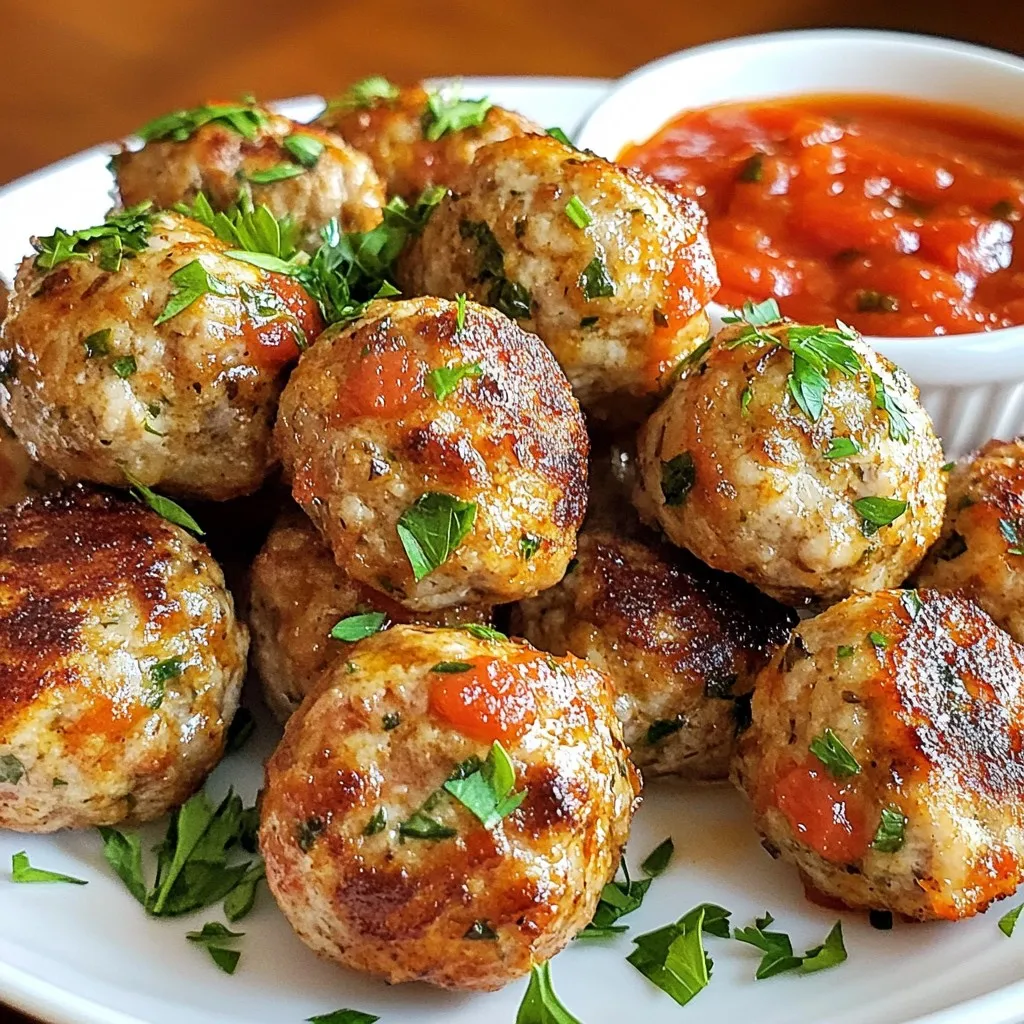To make garlic herb turkey meatballs, you need: - 1 pound ground turkey - 1/4 cup breadcrumbs - 1/4 cup grated Parmesan cheese - 2 cloves garlic, minced - 1/4 cup fresh parsley, chopped - 1 teaspoon dried oregano - 1 teaspoon dried thyme - 1/2 teaspoon salt - 1/4 teaspoon black pepper - 1 egg, beaten - 1 tablespoon olive oil (for cooking) These ingredients blend well to create a tasty meatball. The turkey keeps it lean, while the herbs add flavor. You can add a few extras for a special touch: - Marinara sauce (for dipping) This sauce makes a great match with the meatballs. It adds moisture and flavor, perfect for a meal. Each serving contains about: - Calories: 250 - Protein: 25 grams - Fat: 10 grams - Carbohydrates: 14 grams - Fiber: 1 gram These meatballs are not just tasty; they are also a healthy option. They pack protein and are low in carbs, making them a great choice for a balanced meal. {{ingredient_image_1}} To start, grab a large mixing bowl. Add 1 pound of ground turkey, 1/4 cup of breadcrumbs, and 1/4 cup of grated Parmesan cheese. These ingredients will create a nice base for your meatballs. Next, add 2 cloves of minced garlic and 1/4 cup of chopped fresh parsley. For flavor, sprinkle in 1 teaspoon of dried oregano and 1 teaspoon of dried thyme. Don't forget to add 1/2 teaspoon of salt and 1/4 teaspoon of black pepper for seasoning. Finally, pour in 1 beaten egg to bind everything together. Mix all the ingredients gently with your hands until they are well combined, but be careful not to overwork the mixture. This keeps the meatballs tender. Now that your mixture is ready, shape it into meatballs. Each meatball should be about 1 inch in diameter. Place them on a parchment-lined baking sheet. Next, heat 1 tablespoon of olive oil in a skillet over medium heat. Once the oil is hot, add the meatballs in batches. Sear each meatball for about 3-4 minutes on each side, until they are golden brown. This step adds flavor and a nice texture to the meatballs. After searing, transfer all the meatballs back to the baking sheet. Preheat your oven to 400°F (200°C). Place the baking sheet in the oven and bake the meatballs for 10-15 minutes. You want them to reach an internal temperature of 165°F (75°C) to ensure they are cooked through. Once done, they are ready to serve. Enjoy them with marinara sauce or over a bed of spaghetti for a delicious meal. To keep your meatballs tender, avoid overmixing. When combining the turkey, breadcrumbs, and cheese, mix just until blended. Overworking the meat can make them tough. Adding moisture helps too. Use fresh parsley and a beaten egg. These add flavor and keep the meatballs juicy. You can cook meatballs in several ways. Baking is easy and hands-off. Preheat your oven to 400°F and bake until cooked through. Searing them first in a skillet gives a nice crust. Cook them in batches for even browning. Then, finish cooking them in the oven for a perfect texture. To boost flavor, consider adding more herbs. Fresh basil or thyme can elevate your meatballs. A pinch of red pepper flakes adds heat. For a savory kick, try Worcestershire sauce in the mix. If you love garlic, add an extra clove or two. Serve with marinara sauce for a classic touch. Pro Tips Keep it Tender: Avoid overmixing the meatball mixture to ensure they remain tender and juicy. Flavor Boost: For an extra flavor kick, let the meatball mixture rest for 30 minutes before shaping. Perfect Browning: Sear the meatballs on high heat to achieve a nice golden crust, enhancing the flavor. Check Doneness: Always use a meat thermometer to ensure the internal temperature reaches 165°F (75°C) for safety. {{image_2}} You can change the flavor of your meatballs by using different herbs and spices. Try basil for a sweeter taste or rosemary for a woodsy note. You might also add a pinch of red pepper flakes for heat. Experiment with fresh dill for a bright twist or add smoked paprika for depth. Each choice brings a unique flavor, making your meatballs special. While turkey is light and healthy, you can use other meats too. Ground chicken works well and has a similar taste. If you want a richer flavor, try ground beef or pork. You can even mix meats for a unique blend. Remember, each meat has its own cooking time, so adjust as needed to ensure they cook through. Serving your meatballs with the right sauce can elevate the meal. Marinara sauce is a classic choice, adding a rich, tangy flavor. Try pesto for a fresh, herby kick or a creamy garlic sauce for something different. You could also serve them with sweet chili sauce for a fun twist. Pairing with a sauce can change the entire dish and make it more exciting. To keep your leftover meatballs fresh, let them cool first. Place them in an airtight container. You can store them in the fridge for up to three days. If you have more meatballs than you can eat, consider freezing them. When you're ready to enjoy your meatballs again, reheat them gently. You can use the microwave for quick reheating. Heat them in short bursts, about 30 seconds at a time. Check to see if they are warm after each burst. Alternatively, you can reheat them in the oven. Set the oven to 350°F (175°C) and place the meatballs on a baking sheet. Heat them for about 10–15 minutes. Freezing is an awesome way to store meatballs for later. To freeze, first, cool them completely. Arrange the meatballs in a single layer on a baking sheet. Once they freeze solid, transfer them to a freezer-safe bag. Make sure to remove as much air as possible. You can freeze them for up to three months. When you're ready to enjoy them, thaw overnight in the fridge before reheating. Yes, you can use ground chicken. It works well in this recipe. Just follow the same steps. Ground chicken has a lighter flavor. The meatballs will still be tasty and moist. Check the internal temperature of the meatballs. Use a meat thermometer. They should reach 165°F (75°C). The meatballs will feel firm when cooked. If they look brown inside, they are ready to eat. Many sides go well with these meatballs. Here are some great options: - Spaghetti: Classic pairing with marinara sauce. - Steamed vegetables: Broccoli or green beans add color and nutrition. - Salad: A fresh side brings crunch and balance. - Rice: Fluffy rice soaks up the sauce nicely. - Garlic bread: Perfect for sopping up extra sauce. These sides make your meal more filling and fun! In this article, we covered how to make delicious garlic herb turkey meatballs. You learned about the main and optional ingredients, plus their nutrition facts. I shared step-by-step instructions for preparing, shaping, and baking the meatballs. Tips on keeping them tender and flavorful will ensure great results. Variations offer new flavors and meats to try. Lastly, we discussed how to store and reheat them for later use. Try these meatballs for a meal the whole family will enjoy. Simple steps lead to tasty results!