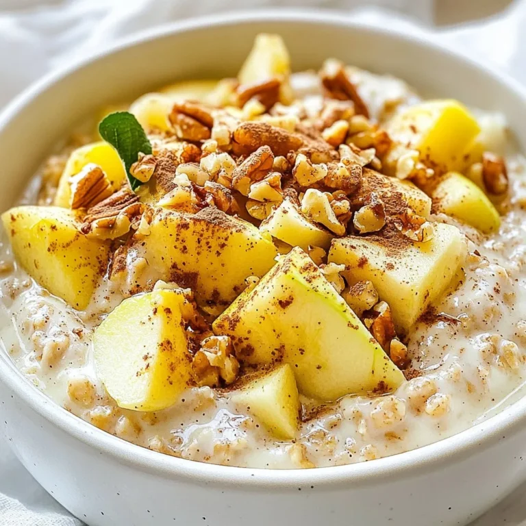 To make Apple Pie Overnight Oats, gather these tasty ingredients: - 1 cup rolled oats - 1 cup almond milk (or any milk of choice) - 1 medium apple, diced (preferably Granny Smith for tartness) - 1 tablespoon maple syrup (or honey) - 1/2 teaspoon ground cinnamon - 1/4 teaspoon nutmeg - 1 tablespoon chia seeds - 1/4 cup Greek yogurt (optional for creaminess) - 2 tablespoons walnuts, chopped (for crunch) - Fresh apple slices and a sprinkle of cinnamon for topping You can add some fun extras to your oats: - A splash of vanilla extract for sweetness - A tablespoon of peanut butter for creaminess - Raisins or dried cranberries for more texture - A pinch of salt to enhance the flavors If you need to switch some ingredients, try these options: - Use oat milk or coconut milk instead of almond milk - Swap the apple for pears or peaches for a different twist - Maple syrup can be replaced with agave syrup or brown sugar - Use sunflower seeds instead of walnuts for crunch Each option keeps your Apple Pie Overnight Oats tasty and fun! {{ingredient_image_1}} Start by picking a medium bowl or a jar. Add 1 cup of rolled oats. Next, pour in 1 cup of almond milk. Stir the oats and milk well. Make sure the oats get fully soaked in milk. This step is key for soft oats. Now, dice your medium apple. I like using Granny Smith apples because they are tart and tasty. Add the diced apple to your oats. Then, mix in 1 tablespoon of maple syrup, 1/2 teaspoon of ground cinnamon, and a 1/4 teaspoon of nutmeg. Don’t forget to add 1 tablespoon of chia seeds. If you want creaminess, mix in 1/4 cup of Greek yogurt. Stir everything until the mix is even. Transfer your oat mix into an airtight container. Seal it tightly. Place it in the fridge for at least 4 hours or overnight. This lets the oats soak up all the good flavors. When you’re ready to eat, stir the oats well. Top with 2 tablespoons of chopped walnuts, fresh apple slices, and a sprinkle of cinnamon. Enjoy your tasty breakfast! To make your oats super creamy, use rolled oats. These oats soak up liquid well. You can also add Greek yogurt for extra creaminess. The yogurt gives a smooth texture that blends perfectly with the oats. If you like a thinner mix, add more milk. Make sure to stir well so every oat gets soaked. For a great taste, I recommend using Granny Smith apples. They are tart and balance the sweetness of the oats. If you want sweeter oats, try Honeycrisp apples. Their crunch adds a nice texture. Always pick fresh apples, as they give the best flavor. Wash and dice them just before adding to your oats to keep them crisp. You can easily change the sweetness to fit your taste. If you like it sweeter, add more maple syrup or honey. Start with one tablespoon, then add more if you want. Spices like cinnamon and nutmeg can also be adjusted. For a stronger spice flavor, use a bit more. Taste the mix before letting it chill, so it’s just how you like it. Pro Tips Use Old-Fashioned Rolled Oats: They absorb liquid better than instant oats, resulting in a creamier texture. Choose Tart Apples: Granny Smith apples add a delightful tang that balances the sweetness of the maple syrup. Add More Texture: Feel free to mix in other nuts or seeds for added crunch and nutrition. Experiment with Spices: Try adding a pinch of ginger or cloves for extra warmth and complexity in flavor. {{image_2}} You can easily make this recipe vegan. Just skip the Greek yogurt or use a dairy-free yogurt. Almond milk works well, but you can use any plant-based milk you like. Oat milk or coconut milk adds a nice flavor too. Maple syrup is a great sweetener. It’s vegan and adds a lovely taste. To make this dish gluten-free, choose certified gluten-free oats. Most oats are safe, but some may have gluten. Always check the label. You can still use almond milk or any milk you prefer. The spices and fruits will keep the flavor rich and tasty. You can change the flavor with the seasons. In fall, add pumpkin puree and pumpkin spice. In winter, try chopped pears and ginger for warmth. During spring, fresh berries can brighten your oats. In summer, mix in peaches or mango for a tropical twist. Each season brings new tastes to enjoy. To store your Apple Pie Overnight Oats, use an airtight container. A jar works well too. Make sure the lid fits tightly to keep air out. This helps the oats stay fresh and tasty. Your overnight oats can last for up to five days in the fridge. They stay good as long as they are sealed. Check for any changes in smell or texture before eating. If you see any mold, toss them out. For best taste, eat them within three days. You can enjoy your oats cold or warm. If you prefer them warm, heat them in the microwave. Place the oats in a microwave-safe bowl. Heat for about 30 seconds. Stir and check the temperature. If it's not warm enough, heat in 10-second bursts until just right. Yes, you can use quick oats. However, they will absorb liquid faster. This can make the texture softer and creamier. Rolled oats give a better bite and texture. If you prefer a thicker mix, stick to rolled oats. You can keep overnight oats in the fridge for up to five days. Make sure to store them in airtight containers. This helps keep them fresh. If you notice any changes in smell or texture, it's best to toss them out. Yes, you can freeze Apple Pie Overnight Oats. Just make sure to use freezer-safe containers. They last for about three months in the freezer. When you are ready to eat, thaw them in the fridge overnight. You can warm them up in the microwave before eating. You learned how to make tasty Apple Pie Overnight Oats. We covered the ingredients, step-by-step instructions, and tips for the best results. I hope you feel ready to try this easy recipe. Remember, you can customize it to fit your taste. Whether you want it vegan or gluten-free, you have options. Store these oats right for the best taste. Enjoy your delicious and healthy breakfast!