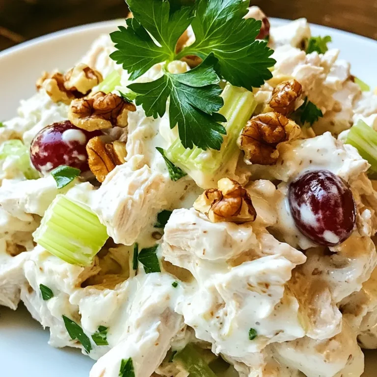 - 2 cups cooked chicken breast, shredded - 1 cup plain Greek yogurt - 1/4 cup mayonnaise - 1/2 cup celery, finely diced - 1/4 cup red grapes, halved - 1/4 cup walnuts, chopped - 1 tablespoon fresh lemon juice - 1 teaspoon dried dill - Salt and pepper to taste - Fresh parsley, for garnish You can swap the chicken for canned tuna or chickpeas for a twist. If you want to skip the mayonnaise, use more Greek yogurt. For crunch, try adding bell peppers or apples. You can also use nuts like pecans if you prefer. Greek yogurt gives you protein and probiotics. It helps with digestion and keeps you full longer. In contrast, mayonnaise is high in fat and calories. Greek yogurt has less fat and fewer calories, making it a healthier option. This switch can help you eat better while still enjoying your meal. {{ingredient_image_1}} First, you need cooked chicken breast. I like to use shredded chicken for this salad. You can cook your chicken in many ways. Boiling, baking, or grilling all work great. Just make sure it is fully cooked. After cooking, let it cool before shredding. Shredding makes it easier to mix later. In a large mixing bowl, combine one cup of plain Greek yogurt and a quarter cup of mayonnaise. Stir it well until it becomes smooth and creamy. Then, add one tablespoon of fresh lemon juice. This adds a nice zing! Next, sprinkle in one teaspoon of dried dill, along with salt and pepper to taste. Mix everything until it is well combined. This dressing is light yet full of flavor. Now it’s time to bring everything together. Add the shredded chicken, half a cup of finely diced celery, a quarter cup of halved red grapes, and a quarter cup of chopped walnuts to the bowl. Gently fold all the ingredients with the dressing. You want everything to be coated but still look nice. After mixing, taste it. If you need more salt or pepper, add it now. Cover the bowl with plastic wrap and chill in the fridge for at least 30 minutes. This helps the flavors blend. When ready, serve it on a bed of greens or in a wrap. Enjoy your tasty Greek yogurt chicken salad! To get the best flavor in your Greek yogurt chicken salad, use fresh herbs. Fresh parsley works great as a garnish. Adding a bit of fresh dill boosts the taste too. You can also use different spices, like garlic powder or onion powder, for extra flavor. Make sure to taste your salad as you mix. This helps you find the right balance of flavors. Letting it chill in the fridge helps the flavors blend well. Aim to let it sit for at least 30 minutes before serving. When serving your chicken salad, think about how to make it look good. You can place it on a bed of mixed greens. This adds color and freshness. If you like wraps, use whole wheat or spinach wraps. Spoon the salad inside for a tasty meal. For a fun twist, serve it in lettuce cups. This keeps it light and crisp. You can also sprinkle extra walnuts or dill on top for a nice touch. A drizzle of lemon juice adds a bright finish. Everyone has different tastes. So, feel free to adjust the seasoning to suit yours. Start with a little salt and pepper, then add more as needed. If you love tanginess, add a bit more lemon juice. For those who enjoy a sweeter taste, try adding more grapes. You can even add a pinch of cayenne pepper for a slight kick. The key is to taste as you go. This way, you can create a salad that fits your style perfectly. Pro Tips Use Leftover Chicken: This recipe is a great way to utilize leftover rotisserie chicken or any cooked chicken you have on hand for a quick meal. Adjusting Creaminess: If you prefer a lighter salad, you can reduce the amount of mayonnaise and increase the Greek yogurt. This will also enhance the tangy flavor. Flavor Boost: For an extra burst of flavor, consider adding chopped fresh herbs like dill or chives to the salad mix. Serving Suggestions: This chicken salad can be served on top of lettuce, in a sandwich, or wrapped in a tortilla for a quick and tasty lunch option. {{image_2}} You can boost the taste of your Greek yogurt chicken salad in many ways. Try adding fresh herbs like basil or cilantro for a pop of flavor. You can also mix in chopped apples or cranberries for a sweet twist. A dash of hot sauce or a sprinkle of cayenne pepper can add heat. These extras make the salad more exciting and fun to eat. If you want to switch things up, consider different proteins. You can use turkey or even canned tuna for variety. Shredded rotisserie chicken is a great time-saver and adds good flavor. If you like seafood, diced shrimp can be a tasty option too. Each protein changes the salad’s taste and texture while keeping it healthy. You can make a vegan version of this salad easily. Replace Greek yogurt with a plant-based yogurt. Use vegan mayo for creaminess. Chickpeas or lentils can add protein and texture. Try adding diced avocado for healthy fats. This way, you can enjoy a delicious meal while keeping it dairy-free. To keep your Greek yogurt chicken salad fresh, use an airtight container. Make sure the lid seals tightly. You can also cover the bowl with plastic wrap. Store it in the refrigerator as soon as you finish eating. This helps keep it cool and tasty. Try to eat the leftovers within three days for the best flavor and texture. You can freeze Greek yogurt chicken salad, but it may change. The yogurt and mayo can separate when thawed. If you still want to freeze it, use a freezer-safe container. Leave some space at the top, as the salad will expand when it freezes. When you’re ready to eat it, thaw in the fridge overnight. Mix it well before serving. Your Greek yogurt chicken salad stays fresh in the fridge for about three days. If you see any changes in smell or color, don’t eat it. For reheating, you don’t need to use heat. Just serve it cold. It tastes great on a bed of greens or in a wrap. If you prefer it warm, consider adding it to a skillet briefly, but be careful not to overheat. You can skip mayonnaise and use more Greek yogurt. This keeps it creamy and light. You can also try avocado for a rich texture. Hummus is another great option for a unique flavor. All these swaps add health benefits too. Greek yogurt chicken salad stays fresh in the fridge for about 3 to 4 days. Just make sure to keep it in a sealed container. If it starts to smell bad or looks odd, it's best to throw it away. Always check for freshness before eating. Yes! You can mix in many veggies or fruits. Try bell peppers, cucumbers, or apples for crunch. Adding different nuts like almonds can also change the flavor. Be creative and use what you have at home. This makes the salad fun and tasty! This blog post explored how to make a tasty Greek yogurt chicken salad. We discussed the key ingredients, helpful tips, and tasty variations. I shared ways to store leftovers and answered common questions. Greek yogurt not only adds flavor but boosts nutrition. With simple swaps, you can customize this recipe to fit your taste. I hope you feel inspired to try making your own version. Enjoy fresh, healthy, and flavorful meals!