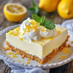 To make a No-Bake Lemon Icebox Pie, you will need: - 1 ½ cups graham cracker crumbs - ½ cup unsalted butter, melted - 1 can (14 oz) sweetened condensed milk - ½ cup fresh lemon juice (about 3-4 large lemons) - Zest of 2 lemons - 1 cup heavy whipping cream - ¼ cup powdered sugar - Pinch of salt Each ingredient plays a key role. The graham cracker crumbs form a sweet crust. The butter helps hold the crust together. Sweetened condensed milk gives the pie its creamy base. Fresh lemon juice adds that bright, tangy flavor. Lemon zest enhances the taste and aroma. Heavy whipping cream makes the filling light and fluffy. Powdered sugar sweetens the cream, while salt balances the flavors. To make your pie look even better, consider these garnishes: - Additional lemon zest - Lemon slices or slivers - A dollop of whipped cream - Fresh mint leaves These garnishes add color and freshness. They also provide extra flavor, making your pie even more delightful. For this recipe, you will need: - A 9-inch pie pan - Mixing bowls - Whisk - Electric mixer - Spatula - Plastic wrap Having the right tools makes cooking easier. The pie pan shapes your dessert, while mixing bowls help combine the ingredients. A whisk and electric mixer ensure a smooth filling. A spatula is great for spreading the lemon mixture. Lastly, plastic wrap keeps your pie fresh in the fridge. {{ingredient_image_1}} To start, grab a mixing bowl. You will need 1 ½ cups of graham cracker crumbs and ½ cup of melted unsalted butter. Combine them in the bowl. Mix until it looks like wet sand. This is key for a great crust. Now, take a 9-inch pie pan. Press the crumb mix firmly into the bottom and up the sides. This will help it hold together. Once done, chill the crust in the fridge for at least 30 minutes. This step makes it firm and ready for the filling. Next, let’s make the zesty lemon filling. In another mixing bowl, add one can of sweetened condensed milk, ½ cup of fresh lemon juice, and the zest of 2 lemons. Don’t forget the pinch of salt! Whisk it all together until smooth. The lemon juice gives it a bright taste. Now, in a separate bowl, whip 1 cup of heavy cream. Use an electric mixer for this part. Whip until soft peaks form. Gradually add ¼ cup of powdered sugar and whip until stiff peaks form. This makes the filling light and airy. Gently fold the whipped cream into the lemon mix. Do this carefully to keep the fluffiness. Now, we are ready to put it all together. Pour the lemon filling into your chilled graham cracker crust. Use a spatula to smooth out the top. This helps with even setting. Cover the pie with plastic wrap and place it in the refrigerator. Chill for at least 4 hours. This waiting time is worth it. It allows the pie to set up perfectly. Before serving, add some lemon zest or slivers of lemon on top for a fresh look. Enjoy this refreshing treat! To make the best crust, use fresh graham cracker crumbs. You can crush whole crackers in a bag using a rolling pin. Mix the crumbs with melted unsalted butter until it looks like wet sand. Press this mixture firmly in your pie pan. Make sure the crust is even on the bottom and sides. Chill it for at least 30 minutes. This step helps the crust set well. A chilled crust stays firm when you add the filling. For the best whipped cream, start with cold heavy whipping cream. Use an electric mixer to whip it in a chilled bowl. Beat until you see soft peaks. Then, add powdered sugar slowly. Continue to whip until stiff peaks form. This means the cream holds its shape well. Be gentle when folding it into the lemon mixture. You want to keep that light and airy texture. If you mix too hard, the cream will lose its fluffiness. To boost the lemon flavor, use the zest of two lemons. The zest gives a bright taste. You can also add a bit of lime juice for a twist. If you like it sweeter, add more powdered sugar. For a richer flavor, try using cream cheese in the filling. Just mix it with the sweetened condensed milk before adding the lemon juice. These small changes can make your pie even more delicious. Pro Tips Chill Your Mixing Bowls: For an extra creamy whipped cream, chill your mixing bowls in the freezer for about 10 minutes before whipping. This helps the cream whip faster and achieve a better texture. Use Fresh Lemons: Fresh lemon juice and zest will give your pie the most vibrant flavor. Avoid bottled lemon juice, as it can taste artificial and less zesty. Be Gentle When Folding: When combining the whipped cream with the lemon mixture, use a spatula and a gentle folding motion to maintain the airy texture of the whipped cream. Allow Enough Chilling Time: To ensure your pie sets properly, be sure to chill it for at least 4 hours. This allows the filling to firm up and makes for cleaner slices. {{image_2}} You can add fruits or berries to your pie for extra flavor. Fresh berries like strawberries or blueberries make great toppings. You can also mix them into the filling for a fruity twist. Try mashing some raspberries into the lemon filling for a tangy burst. Just remember to adjust the sweetness if your fruit is tart. While graham cracker crust is classic, you can switch it up. Use crushed cookies, like Oreos, for a rich flavor. If you prefer a nutty taste, try grinding almonds or pecans. For a lighter option, consider a sponge cake base. Each crust brings its own taste and texture to the pie. Lemon is great, but don’t stop there! Lime adds a zesty kick. Substitute lime juice and zest for lemon in the recipe. You can also try orange for a sweet, bright flavor. Just use fresh orange juice and zest. Feel free to explore other citrus fruits for fun new tastes. After making your no-bake lemon icebox pie, chill it in the fridge. This helps set the filling. Cover the pie with plastic wrap to keep it fresh. It’s best to chill it for at least 4 hours. If you want it to last longer, it can stay in the fridge for up to 3 days. You can also freeze this pie if you want to save it for later. To freeze, wrap the pie tightly in plastic wrap and then in foil. This helps prevent freezer burn. The pie can stay frozen for up to 2 months. When ready to eat, let it thaw in the fridge overnight. If you have leftover pie, store it in the fridge. Cover it well with plastic wrap or foil. It will stay fresh for about 3 days. Always check for any changes in smell or texture before eating. If it looks or smells off, it’s best to discard it. Enjoy your refreshing dessert! Yes, you can use bottled lemon juice. However, fresh juice gives better flavor. Fresh lemons have bright, zesty notes that enhance the pie. I always recommend using fresh lemon juice when possible. To make a gluten-free pie, swap the graham cracker crumbs. Use gluten-free cookie crumbs instead. You can also use crushed nuts like almonds or pecans for the crust. This keeps the pie delicious while meeting gluten-free needs. You can keep the pie in the fridge for up to five days. Make sure to cover it well with plastic wrap. This protects it from odors and keeps it fresh. The flavor is best in the first few days. Yes, you can use other sweeteners. Try honey, maple syrup, or sugar alternatives. Just make sure to adjust the amount to taste. Each sweetener adds a unique flavor twist to your pie. You now have all the details to make a yummy No-Bake Lemon Icebox Pie. The key ingredients, clear steps, and helpful tips make it easy. Your pie can be simple or fancy with fruits, different flavors, or crusts. Proper storage keeps it fresh for longer. Enjoy this recipe and feel proud of your creation. I hope it brings joy to your table and smiles to your friends and family! Try it out and share your tasty results!
