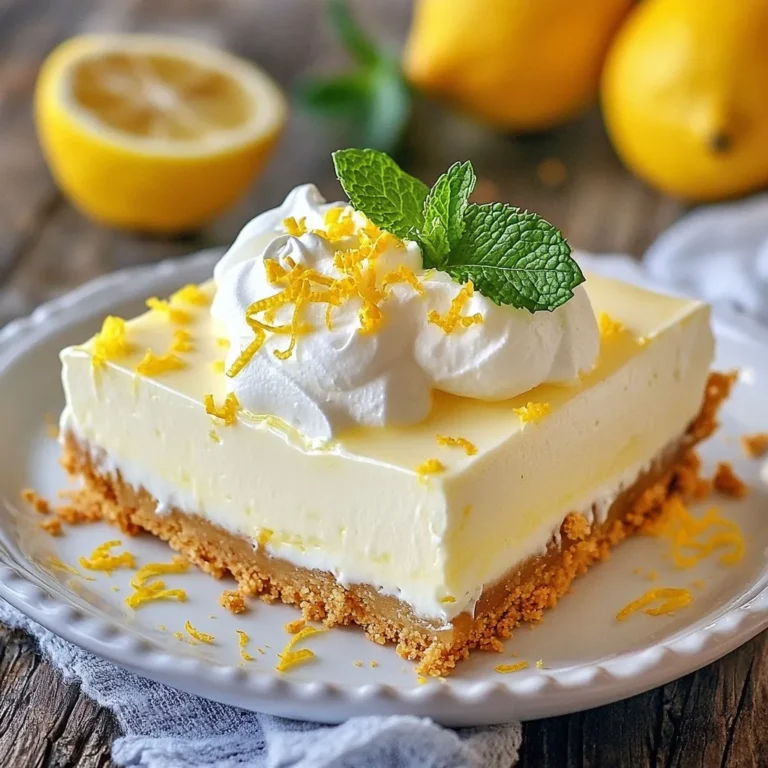 To make a No-Bake Lemon Icebox Pie, you will need: - 1 ½ cups graham cracker crumbs - ½ cup unsalted butter, melted - 1 can (14 oz) sweetened condensed milk - ½ cup fresh lemon juice (about 3-4 large lemons) - Zest of 2 lemons - 1 cup heavy whipping cream - ¼ cup powdered sugar - Pinch of salt Each ingredient plays a key role. The graham cracker crumbs form a sweet crust. The butter helps hold the crust together. Sweetened condensed milk gives the pie its creamy base. Fresh lemon juice adds that bright, tangy flavor. Lemon zest enhances the taste and aroma. Heavy whipping cream makes the filling light and fluffy. Powdered sugar sweetens the cream, while salt balances the flavors. To make your pie look even better, consider these garnishes: - Additional lemon zest - Lemon slices or slivers - A dollop of whipped cream - Fresh mint leaves These garnishes add color and freshness. They also provide extra flavor, making your pie even more delightful. For this recipe, you will need: - A 9-inch pie pan - Mixing bowls - Whisk - Electric mixer - Spatula - Plastic wrap Having the right tools makes cooking easier. The pie pan shapes your dessert, while mixing bowls help combine the ingredients. A whisk and electric mixer ensure a smooth filling. A spatula is great for spreading the lemon mixture. Lastly, plastic wrap keeps your pie fresh in the fridge. {{ingredient_image_1}} To start, grab a mixing bowl. You will need 1 ½ cups of graham cracker crumbs and ½ cup of melted unsalted butter. Combine them in the bowl. Mix until it looks like wet sand. This is key for a great crust. Now, take a 9-inch pie pan. Press the crumb mix firmly into the bottom and up the sides. This will help it hold together. Once done, chill the crust in the fridge for at least 30 minutes. This step makes it firm and ready for the filling. Next, let’s make the zesty lemon filling. In another mixing bowl, add one can of sweetened condensed milk, ½ cup of fresh lemon juice, and the zest of 2 lemons. Don’t forget the pinch of salt! Whisk it all together until smooth. The lemon juice gives it a bright taste. Now, in a separate bowl, whip 1 cup of heavy cream. Use an electric mixer for this part. Whip until soft peaks form. Gradually add ¼ cup of powdered sugar and whip until stiff peaks form. This makes the filling light and airy. Gently fold the whipped cream into the lemon mix. Do this carefully to keep the fluffiness. Now, we are ready to put it all together. Pour the lemon filling into your chilled graham cracker crust. Use a spatula to smooth out the top. This helps with even setting. Cover the pie with plastic wrap and place it in the refrigerator. Chill for at least 4 hours. This waiting time is worth it. It allows the pie to set up perfectly. Before serving, add some lemon zest or slivers of lemon on top for a fresh look. Enjoy this refreshing treat! To make the best crust, use fresh graham cracker crumbs. You can crush whole crackers in a bag using a rolling pin. Mix the crumbs with melted unsalted butter until it looks like wet sand. Press this mixture firmly in your pie pan. Make sure the crust is even on the bottom and sides. Chill it for at least 30 minutes. This step helps the crust set well. A chilled crust stays firm when you add the filling. For the best whipped cream, start with cold heavy whipping cream. Use an electric mixer to whip it in a chilled bowl. Beat until you see soft peaks. Then, add powdered sugar slowly. Continue to whip until stiff peaks form. This means the cream holds its shape well. Be gentle when folding it into the lemon mixture. You want to keep that light and airy texture. If you mix too hard, the cream will lose its fluffiness. To boost the lemon flavor, use the zest of two lemons. The zest gives a bright taste. You can also add a bit of lime juice for a twist. If you like it sweeter, add more powdered sugar. For a richer flavor, try using cream cheese in the filling. Just mix it with the sweetened condensed milk before adding the lemon juice. These small changes can make your pie even more delicious. Pro Tips Chill Your Mixing Bowls: For an extra creamy whipped cream, chill your mixing bowls in the freezer for about 10 minutes before whipping. This helps the cream whip faster and achieve a better texture. Use Fresh Lemons: Fresh lemon juice and zest will give your pie the most vibrant flavor. Avoid bottled lemon juice, as it can taste artificial and less zesty. Be Gentle When Folding: When combining the whipped cream with the lemon mixture, use a spatula and a gentle folding motion to maintain the airy texture of the whipped cream. Allow Enough Chilling Time: To ensure your pie sets properly, be sure to chill it for at least 4 hours. This allows the filling to firm up and makes for cleaner slices. {{image_2}} You can add fruits or berries to your pie for extra flavor. Fresh berries like strawberries or blueberries make great toppings. You can also mix them into the filling for a fruity twist. Try mashing some raspberries into the lemon filling for a tangy burst. Just remember to adjust the sweetness if your fruit is tart. While graham cracker crust is classic, you can switch it up. Use crushed cookies, like Oreos, for a rich flavor. If you prefer a nutty taste, try grinding almonds or pecans. For a lighter option, consider a sponge cake base. Each crust brings its own taste and texture to the pie. Lemon is great, but don’t stop there! Lime adds a zesty kick. Substitute lime juice and zest for lemon in the recipe. You can also try orange for a sweet, bright flavor. Just use fresh orange juice and zest. Feel free to explore other citrus fruits for fun new tastes. After making your no-bake lemon icebox pie, chill it in the fridge. This helps set the filling. Cover the pie with plastic wrap to keep it fresh. It’s best to chill it for at least 4 hours. If you want it to last longer, it can stay in the fridge for up to 3 days. You can also freeze this pie if you want to save it for later. To freeze, wrap the pie tightly in plastic wrap and then in foil. This helps prevent freezer burn. The pie can stay frozen for up to 2 months. When ready to eat, let it thaw in the fridge overnight. If you have leftover pie, store it in the fridge. Cover it well with plastic wrap or foil. It will stay fresh for about 3 days. Always check for any changes in smell or texture before eating. If it looks or smells off, it’s best to discard it. Enjoy your refreshing dessert! Yes, you can use bottled lemon juice. However, fresh juice gives better flavor. Fresh lemons have bright, zesty notes that enhance the pie. I always recommend using fresh lemon juice when possible. To make a gluten-free pie, swap the graham cracker crumbs. Use gluten-free cookie crumbs instead. You can also use crushed nuts like almonds or pecans for the crust. This keeps the pie delicious while meeting gluten-free needs. You can keep the pie in the fridge for up to five days. Make sure to cover it well with plastic wrap. This protects it from odors and keeps it fresh. The flavor is best in the first few days. Yes, you can use other sweeteners. Try honey, maple syrup, or sugar alternatives. Just make sure to adjust the amount to taste. Each sweetener adds a unique flavor twist to your pie. You now have all the details to make a yummy No-Bake Lemon Icebox Pie. The key ingredients, clear steps, and helpful tips make it easy. Your pie can be simple or fancy with fruits, different flavors, or crusts. Proper storage keeps it fresh for longer. Enjoy this recipe and feel proud of your creation. I hope it brings joy to your table and smiles to your friends and family! Try it out and share your tasty results!