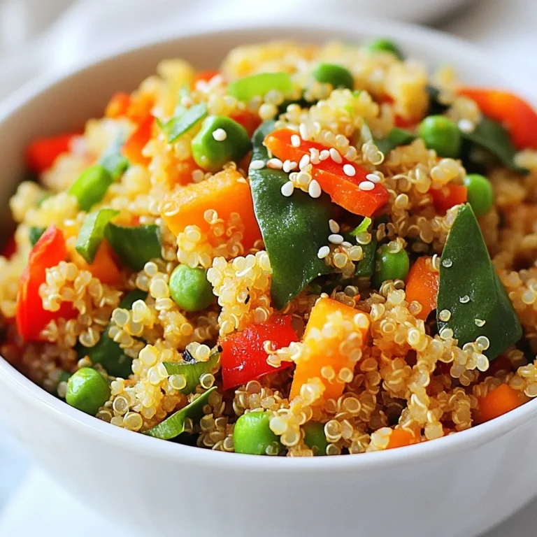 - 1 cup quinoa, rinsed - 2 cups vegetable broth - 1 tablespoon sesame oil - 1 small onion, diced - 2 garlic cloves, minced - 1 carrot, diced - 1 red bell pepper, diced - 1 cup snap peas, trimmed and halved - 1 cup spinach, roughly chopped - 2 tablespoons soy sauce (or tamari for gluten-free) - 1 tablespoon rice vinegar - 1 teaspoon ginger, grated - Salt and pepper to taste - Green onions and sesame seeds for garnish Gathering fresh ingredients is the first step in making veggie fried quinoa. Quinoa is your base, providing protein and fiber. Rinse it well to remove the bitter coating. You will need vegetable broth for cooking the quinoa, which adds flavor. Next, let’s talk about the vegetables. You’ll want to use a mix for color and taste. Diced onion and minced garlic start your dish with a strong base. The carrot and red bell pepper add crunch and sweetness. Snap peas give a fresh snap, while spinach adds a nice green touch. For flavor, soy sauce or tamari is key. It gives depth and umami. Rice vinegar adds a bit of tang. Ginger brings warmth and spice. Don’t forget salt and pepper to balance everything. To finish, a sprinkle of green onions and sesame seeds makes the dish pop. This combination makes veggie fried quinoa not just healthy but also very tasty! {{ingredient_image_1}} Start by rinsing 1 cup of quinoa under cold water. This step helps to remove any bitterness. Next, combine the rinsed quinoa with 2 cups of vegetable broth in a medium saucepan. Bring this mix to a boil over high heat. Once it boils, reduce the heat to low and cover the pan. Let it simmer for about 15 minutes. The quinoa will absorb the broth and become fluffy. After 15 minutes, remove it from the heat but keep it covered for another 5 minutes. Fluff the quinoa with a fork and set it aside for later. In a large skillet or wok, heat 1 tablespoon of sesame oil over medium-high heat. Add the diced onion and sauté it for 2-3 minutes. You want the onion to look translucent. Then, stir in 2 minced garlic cloves and 1 teaspoon of grated ginger. Cook this mix for about 1 minute until it smells great. Next, add 1 diced carrot and 1 diced red bell pepper. Cook for 3-4 minutes. You want the veggies to start to soften. After that, toss in 1 cup of trimmed and halved snap peas and 1 cup of roughly chopped spinach. Stir everything well and cook for another 2-3 minutes. The spinach should wilt, and the snap peas should remain crisp. Now it's time to bring everything together. Add the cooked quinoa to the skillet. Pour in 2 tablespoons of soy sauce and 1 tablespoon of rice vinegar. Stir everything gently, mixing the quinoa with the veggies and sauces. Cook for another 2-3 minutes to heat everything through. Finally, season with salt and pepper to taste. Adjust the flavors to your liking. Remove the skillet from the heat. You can garnish with chopped green onions and sesame seeds before serving. Enjoy your colorful and tasty veggie fried quinoa! How to rinse quinoa properly Rinsing quinoa removes its natural coating called saponin. This coating can taste bitter. To rinse, place quinoa in a fine mesh strainer. Rinse it under cold water for about 2 minutes. Use your hands to stir, so all grains get washed. Checking quinoa for doneness You know quinoa is done when it’s fluffy and the grains have split. The outer ring should separate from the seed. Usually, this takes about 15 minutes of simmering. Let it rest for five minutes after cooking. This step helps the grains fluff up. Suggestions for additional spices To boost flavor, add a pinch of cayenne or smoked paprika. You can also try cumin or coriander for an earthy touch. Fresh herbs like cilantro or basil can add brightness. Use these spices to match your taste. When to add salt and pepper I recommend adding salt and pepper toward the end of cooking. This way, you can taste and adjust the seasoning. Start with a small pinch, then add more as needed. Remember, it's easier to add than to take away! Best side dishes to pair with veggie fried quinoa Veggie fried quinoa is filling and tasty on its own. Yet, it pairs well with a light salad or steamed broccoli. You might serve it alongside grilled chicken or tofu for more protein. This adds variety and balance to your meal. Garnishes to elevate the dish Garnishing makes your dish look great and adds flavor. Chopped green onions add crunch and color. A sprinkle of sesame seeds gives a nutty taste. You can also squeeze fresh lime juice on top for extra zest. Pro Tips Rinse Your Quinoa: Rinsing quinoa before cooking removes its natural coating, called saponin, which can make it taste bitter. Use Homemade Vegetable Broth: For the best flavor, consider using homemade vegetable broth instead of store-bought, as it can significantly enhance the dish. Mix and Match Veggies: Feel free to customize this recipe by adding your favorite vegetables or whatever you have on hand for added nutrition and flavor. Let it Rest: Allowing the cooked quinoa to sit covered for a few minutes after cooking helps it fluff up and improves the texture. {{image_2}} You can boost the protein in your veggie fried quinoa easily. Here are some great choices: - Beans: Black beans or chickpeas add flavor and protein. - Tofu: Firm tofu works well. Just cube it and sauté until golden. If you're not vegetarian, try these alternatives: - Chicken: Add diced, cooked chicken for a hearty meal. - Shrimp: Sauté shrimp until pink for a tasty twist. Feel free to switch up the veggies in your dish. Here are some ideas: - Broccoli: It adds crunch and color. - Zucchini: Diced zucchini cooks quickly and tastes great. - Corn: Sweet corn brings a nice pop of flavor. You can also use seasonal veggies for freshness. In summer, try bell peppers or summer squash. In fall, add pumpkin or Brussels sprouts. If you have dietary needs, you can still enjoy this dish. Here’s how: - Gluten-free: Use tamari instead of soy sauce. - Low-carb: Substitute quinoa with cauliflower rice for fewer carbs. These adjustments keep the meal healthy while still being delicious. To store leftover veggie fried quinoa, place it in an airtight container. Make sure it cools to room temperature first. This helps keep the moisture in. Store in the fridge for up to four days. Look for any signs of spoilage, like off smells or strange colors, before eating. You can freeze veggie fried quinoa for later use. First, let it cool completely. Then, scoop it into freezer-safe bags. Squeeze out as much air as possible before sealing. It can last up to three months in the freezer. When you are ready to eat, thaw it in the fridge overnight. Reheat it in the microwave or on the stove. Add a splash of water or broth to keep it moist. Quinoa is great for weekly meal prep. You can make a big batch and use it in various meals. Store it in individual containers for easy grab-and-go lunches. Mason jars or glass containers work well for this. You can mix it with different proteins and veggies throughout the week. This keeps meals fresh and exciting. Can I make this recipe ahead of time? Yes, you can prepare this dish in advance. Cook the quinoa and sauté the veggies. Store them separately in the fridge. When ready to serve, just heat them together in a skillet. This saves time and keeps it fresh. How do I make quinoa less sticky? To reduce stickiness, rinse the quinoa well before cooking. Use cold water and a fine mesh strainer. This removes the saponins, which can make quinoa sticky. Also, make sure to fluff it with a fork after cooking. What are the nutritional benefits of quinoa? Quinoa is a superfood packed with protein and fiber. It contains all nine essential amino acids. It's also gluten-free, making it a great choice for many diets. Plus, it has vitamins and minerals like magnesium and B vitamins. Is veggie fried quinoa healthy? Yes, veggie fried quinoa is a healthy meal. It combines nutritious vegetables and quinoa. This dish is low in calories and high in nutrients. It's perfect for a balanced diet, offering great flavors without extra calories. What to do if quinoa is mushy? If quinoa turns out mushy, it likely cooked too long or had too much water. You can try to dry it out by spreading it on a baking sheet. Let it cool and air out. Next time, use the right water-to-quinoa ratio. How to fix overly salty quinoa? To fix salty quinoa, rinse it under cold water. This can help remove some salt. You can also mix in more plain cooked quinoa to balance the flavor. Add veggies or other ingredients to help absorb the saltiness. This blog post covered how to make veggie fried quinoa successfully. We explored key ingredients, cooking steps, and essential tips. I shared ways to enhance flavors and provided variations to fit different diets. Don't forget to store leftovers properly for later enjoyment. Veggie fried quinoa is simple, tasty, and adaptable to your needs. You can create a healthy dish that everyone will love. Get cooking and enjoy your meal!