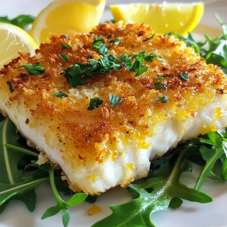 For this tasty dish, you will need: - 4 cod fillets (about 6 oz each) - 1 cup panko bread crumbs - 1/2 cup grated Parmesan cheese - 1 teaspoon garlic powder - 1 teaspoon paprika - 1/2 teaspoon black pepper - 1/2 teaspoon salt - 2 tablespoons fresh parsley, chopped (for garnish) - 1 large egg, beaten - 2 tablespoons olive oil These ingredients create a delightful crunch and rich flavor. The panko bread crumbs add texture, while the Parmesan cheese brings a savory touch. You can boost the flavor with these additions: - Lemon zest for brightness - A pinch of cayenne for heat - Fresh herbs like thyme or dill - A squeeze of fresh lemon juice Adding these options can make your dish more vibrant. Experiment with what you like best. If you don’t have something on hand, try these swaps: - Cod can be replaced with tilapia or haddock. - For gluten-free options, use gluten-free bread crumbs. - Nutritional yeast can replace Parmesan for a vegan option. These substitutes help you tailor the recipe to your kitchen and taste. Enjoy getting creative! {{ingredient_image_1}} To start, gather your ingredients. In a medium bowl, mix together: - 1 cup panko bread crumbs - 1/2 cup grated Parmesan cheese - 1 teaspoon garlic powder - 1 teaspoon paprika - 1/2 teaspoon black pepper - 1/2 teaspoon salt Stir these well until they are combined. This mixture gives the cod a crunchy and cheesy crust. Now, take your cod fillets and pat them dry with paper towels. Removing moisture helps the coating stick better. Make sure they are about 6 ounces each for even cooking. Next, set up your coating station. In a shallow dish, beat 1 large egg. Dip each cod fillet in the egg, letting any extra drip off. Then, coat it in the panko and Parmesan mixture. Press gently to help it stick. Repeat this for all fillets. Preheat the air fryer to 400°F (200°C) for about 5 minutes. While it heats, lightly brush the coated fillets with 2 tablespoons of olive oil on both sides. Place them in the air fryer basket in a single layer. Make sure they don’t touch each other. Cook for 10-12 minutes. They are done when the crust is golden and the fish flakes easily with a fork. Once cooked, carefully remove the cod from the air fryer. It’s time to garnish! Sprinkle with 2 tablespoons of fresh chopped parsley for a pop of color and flavor. For a nice touch, serve the cod on a bed of lemon-infused arugula. Add lemon wedges on the side for extra zest. Enjoy your meal! To get that crispy, golden crust, use panko bread crumbs. They add a light crunch. Mix them with grated Parmesan cheese, garlic powder, paprika, black pepper, and salt. This mix gives the fish great flavor. Make sure to press the coating onto the fish. This helps it stick better during cooking. Brush the fillets with olive oil before air frying. This adds richness and helps the crust brown nicely. One common mistake is not drying the cod fillets. Moisture can make the crust soggy. Always pat the fillets dry with paper towels. Another error is overcrowding the air fryer basket. Place the cod in a single layer. This allows hot air to circulate and cook evenly. Finally, avoid skipping the egg wash. It acts as glue for the coating. Skipping it can lead to a loose crust. Keep your air fryer clean for the best results. Wipe down the basket and tray after each use. This prevents old food from affecting flavor. Regularly check the heating element for dust. A clean air fryer cooks more evenly. Always refer to your air fryer manual for specific care tips. Proper maintenance extends the life of your appliance. Pro Tips Dry the Fish: Make sure to pat the cod fillets dry before coating. This helps the breading adhere better and results in a crispier texture. Use Fresh Herbs: Incorporate fresh herbs like dill or thyme into the panko mixture for added flavor and a fresh aroma. Check for Doneness: Use a fork to check if the fish flakes easily; this indicates that it’s cooked through and ready to serve. Don’t Overcrowd the Basket: Ensure the cod fillets are placed in a single layer in the air fryer. Overcrowding can lead to uneven cooking and less crispy results. {{image_2}} You can add herbs for a fresh touch. Try mixing in some chopped dill or thyme with the panko and Parmesan. These herbs bring a bright flavor that pairs well with cod. Use about 1 tablespoon of each herb for a nice balance. If you like heat, add some spice! Mix in 1 teaspoon of cayenne pepper or red pepper flakes to the panko mixture. This kick adds warmth and depth. Just remember to adjust the amount based on your spice tolerance. You can cook veggies with your cod for a complete meal. Broccoli, asparagus, or bell peppers work well. Cut the vegetables into bite-sized pieces. Toss them in olive oil and season with salt and pepper. Place them in the air fryer alongside the cod. Just make sure they have enough space to cook evenly. To keep your leftover cod fresh, place it in an airtight container. Make sure to let it cool first. If you keep it in the fridge, it will last for up to three days. For best taste, eat it within a day or two. Always check for any off smells before eating. When you want to enjoy leftover cod, reheating properly is key. Preheat your air fryer to 350°F (175°C). Place the cod in the basket without overlapping. Heat for about 5-7 minutes. This will help keep the crust crispy and the fish moist. Avoid using the microwave, as it can make the cod rubbery. If you have extra cod, you can freeze it. Wrap each fillet in plastic wrap and then place it in a freezer bag. It will stay good for about three months. To thaw, move it to the fridge overnight. Never thaw it at room temperature. This keeps the fish safe and tasty. Yes, you can use frozen cod fillets. Just make sure to thaw them first. Pat them dry with paper towels. This helps the coating stick better. You can thaw the fillets overnight in the fridge or use the quick method. Place them in cold water for about 30 minutes. Once thawed, follow the same steps to coat and cook. To check if the cod is done, use a fork. Gently flake the fish in the thickest part. It should flake easily and look opaque. The internal temperature should reach 145°F (63°C). If it is still translucent, cook it for another minute or two. Always check to avoid undercooked fish. Many sides work well with Parmesan crusted cod. Here are a few ideas: - Lemon-infused arugula or mixed greens - Steamed broccoli or green beans - Roasted potatoes or sweet potatoes - Quinoa or rice pilaf These sides add a nice balance and flavor to your meal. Yes, you can bake the cod in a regular oven. Preheat the oven to 425°F (220°C). Place the coated fillets on a baking sheet lined with parchment paper. Bake for 15-20 minutes, flipping halfway through. The cod should be golden and flaky. This method still gives you a tasty dish! The blog post covers how to make Parmesan crusted cod in an air fryer. You learned about key ingredients, step-by-step cooking, helpful tips, and delicious variations. Storing and reheating leftovers keeps your meal fresh. With these methods, you can enjoy a tasty dish that’s easy to prepare. Experiment with flavors and enjoy your air-fried cod. Cooking should be fun and rewarding!