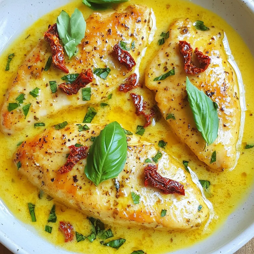 - 4 chicken breasts, boneless and skinless - 1 cup sun-dried tomatoes in oil, drained and chopped - 1 cup heavy cream - 1 cup chicken broth - 1 medium onion, finely chopped - 3 garlic cloves, minced - 1 teaspoon dried Italian herbs (basil, oregano, thyme) - Salt and pepper to taste - 2 tablespoons olive oil - Fresh basil leaves for garnish Choosing fresh chicken is key. Look for chicken breasts that are plump and pink. When selecting sun-dried tomatoes, go for those packed in oil for added flavor. Heavy cream gives the sauce its rich and creamy texture. You can adjust the amount of garlic based on your taste. Fresh herbs can also enhance the dish. If you want a lighter dish, you can swap heavy cream for half-and-half. Chicken broth can be replaced with vegetable broth for a vegetarian option. If you don't have sun-dried tomatoes, use fresh tomatoes with extra seasoning. For a different flavor, try using fresh herbs instead of dried ones. {{ingredient_image_1}} First, gather your ingredients. You need: - 4 chicken breasts, boneless and skinless - 1 cup sun-dried tomatoes in oil, drained and chopped - 1 cup heavy cream - 1 cup chicken broth - 1 medium onion, finely chopped - 3 garlic cloves, minced - 1 teaspoon dried Italian herbs (basil, oregano, thyme) - Salt and pepper to taste - 2 tablespoons olive oil - Fresh basil leaves for garnish Next, chop the onion and garlic. Drain and chop the sun-dried tomatoes. This helps speed up cooking. Heat the olive oil in a large skillet over medium heat. Add the chopped onion and cook it until it’s soft. This takes about 4-5 minutes. Stir in the minced garlic and let it cook for 1 more minute. Now, season the chicken breasts with salt and pepper. Place them in the skillet. Cook for 6-8 minutes on each side. You want them golden and cooked through. Once ready, take the chicken out and set it aside. In the same skillet, add the chopped sun-dried tomatoes, chicken broth, heavy cream, and Italian herbs. Mix well, scraping up any brown bits. These add great flavor to your sauce. Let this simmer for 5-7 minutes. The sauce will thicken slightly. Return the chicken to the skillet. Coat it well with the creamy sauce. Let it simmer for another 2-3 minutes to heat through. Taste the sauce and adjust with more salt and pepper if needed. To serve, place the chicken on a plate. Drizzle the creamy sun-dried tomato sauce over it. Garnish with fresh basil leaves for a nice touch. You can serve this dish over cooked pasta or rice for a complete meal. Enjoy your delicious creation! To cook chicken perfectly, start with even-sized breasts. This helps them cook at the same rate. Season with salt and pepper before cooking. Heat your skillet well with olive oil to get a nice sear. Cook each side for 6-8 minutes. Use a meat thermometer to check for 165°F inside. Rest the chicken for a few minutes before slicing. This keeps it juicy. To boost flavor, add minced garlic after the onion. This brings out its aroma. Using sun-dried tomatoes in oil adds richness to your sauce. For a creamy texture, keep stirring the heavy cream into the broth. Don’t rush the simmer. Let it thicken slightly for a luscious sauce. Fresh basil at the end adds brightness and freshness. Avoid overcooking the chicken, as it can become dry. Don't skip resting the chicken after cooking; this step is key. When adding the cream, do not let it boil. Boiling can cause it to curdle. Be careful not to add too much salt too early. Taste the sauce before adjusting the seasoning. Lastly, don’t forget to scrape the brown bits from the skillet. They add great flavor to your dish. Pro Tips Use High-Quality Sun-Dried Tomatoes: Opt for sun-dried tomatoes packed in oil for richer flavor and creamier texture in your sauce. Adjust the Creaminess: If you prefer a lighter sauce, substitute half of the heavy cream with Greek yogurt for added tang without sacrificing creaminess. Perfectly Cooked Chicken: Use a meat thermometer to ensure chicken is cooked to 165°F (75°C) for juicy, tender meat. Enhance with Cheese: Stir in grated Parmesan cheese at the end of cooking for an extra layer of flavor in your creamy sauce. {{image_2}} You can switch up the protein in this dish. Instead of chicken, try turkey breasts. They cook similarly and soak up the sauce well. For a more hearty option, use pork chops. Cook them just like the chicken. If you want to go lighter, use shrimp. They cook fast, so add them at the end. You’ll still get the rich flavor of the sauce. If you prefer a meatless version, use mushrooms or eggplant. Both absorb flavors and provide nice texture. You can sauté sliced mushrooms or diced eggplant just like the chicken. Then, follow the same steps for the sauce. Tofu is another great choice. Press and cube firm tofu, then brown it in the skillet before adding the sauce. This way, every bite is full of flavor. You can change the taste by adding different herbs or spices. Instead of Italian herbs, try fresh thyme or rosemary. They add a lovely aroma. For a kick, add red pepper flakes or chili powder. Just a pinch can bring heat to your dish. If you like a tangy flavor, mix in some lemon juice or balsamic vinegar. This brightens up the creamy sauce and makes it more lively. To store leftovers, place the chicken and sauce in an airtight container. Let it cool to room temperature first. Once cooled, seal the container tightly. Store it in the fridge for up to three days. Keeping it sealed helps maintain its flavor and texture. When you're ready to eat, reheat the chicken gently. You can use the stove or microwave. For the stove, place the chicken in a skillet over low heat. Add a splash of chicken broth or cream to keep it moist. Heat until warm, about 5-7 minutes. If using a microwave, cover the dish and heat in 1-minute intervals. Stir in between to ensure even heating. If you want to freeze the dish, let it cool completely. Place the chicken and sauce in a freezer-safe container. Leave some space at the top for expansion. Label the container with the date. You can freeze it for up to three months. When you’re ready to eat, thaw it in the fridge overnight before reheating. You can serve this chicken with pasta, rice, or mashed potatoes. All pair well. A side of steamed veggies adds color and crunch. If you want fresh flavors, a simple salad works great too. Yes, you can! Cook the chicken and sauce, then store them in the fridge. Simply keep them in an airtight container. Reheat the dish gently before serving. This makes it easy for busy nights. The chicken is done when its internal temperature reaches 165°F (75°C). You can also cut into it. If the meat is white and the juices run clear, it's ready. Always ensure it is cooked through for safety. This blog post shared how to make Creamy Sun-Dried Tomato Chicken. We covered the key ingredients, their substitutes, and how to prepare them. The step-by-step guide helped you through cooking and serving. Tips were given to ensure perfect chicken and avoid common mistakes. I also shared variations for different diets and how to store leftovers. In the end, this dish is versatile and easy to make. Enjoy the flavor and have fun cooking!