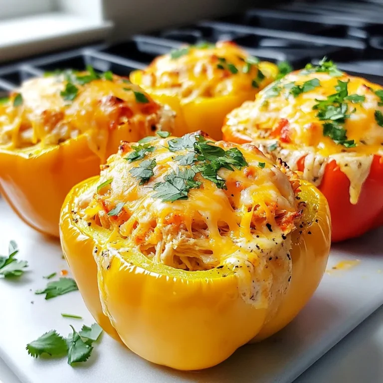 - 4 large bell peppers (any color) - 2 cups cooked shredded chicken - 1/2 cup buffalo sauce - 1 cup cream cheese, softened - 1 cup shredded cheddar cheese - 1/2 cup chopped green onions - 1 teaspoon garlic powder - Salt and pepper to taste - Fresh cilantro for garnish Choosing fresh bell peppers: Look for bright, shiny peppers. They should feel firm and heavy. Avoid any with soft spots or wrinkles. Selecting the best buffalo sauce: Try different brands. Some are milder, and others pack heat. Find one that suits your taste. You can even make your own if you like. Recommendations for shredded chicken: You can use rotisserie chicken for ease. If cooking your own, use boneless, skinless chicken breasts for the best flavor. {{ingredient_image_1}} First, preheat your oven to 375°F (190°C). This step warms the oven for baking. Next, take your large bell peppers and cut the tops off. Make sure to leave enough pepper for a good bite. After that, remove the seeds and membranes from inside. This step is key to making them tasty and not bitter. Place the peppers upright in a baking dish. It helps them hold their shape while baking. In a mixing bowl, combine the cooked shredded chicken, buffalo sauce, and softened cream cheese. I like to use a fork or a spoon to mix. Add half of the shredded cheddar cheese, chopped green onions, and garlic powder too. Don’t forget to sprinkle in some salt and pepper. For the best creamy filling, mix until everything is smooth and well blended. If it seems too thick, add a bit more buffalo sauce. This will give it a nice tang. Now, it’s time to fill those peppers! Spoon the buffalo chicken mixture into each pepper until they are full. After that, sprinkle the remaining cheddar cheese on top. Cover your baking dish with foil to keep them moist. Bake for 25 minutes. Then, remove the foil and bake for another 10-15 minutes. This helps the cheese get bubbly and golden. Once done, let them sit for a few minutes before serving. Garnish with fresh cilantro for a nice pop of flavor. Enjoy your tasty creation! You can easily adjust the spice level of your stuffed peppers. If you like it hot, try a spicier buffalo sauce. You can mix in extra hot sauce or even add jalapeños. For a milder dish, choose a mild buffalo sauce or mix in some ranch dressing. For cheese, you have choices too. You can use any cheese you like. Cream cheese adds creaminess, but you can swap it for Greek yogurt. If you want a vegan option, try a plant-based cream cheese. Serving your stuffed peppers can be fun and easy. Pair them with a simple side salad or some rice. This makes a balanced meal that looks good on the plate. To make your dish pop, add some garnishes. Fresh cilantro gives a nice touch. You can also sprinkle some extra green onions on top for color. If you like crunch, add crushed tortilla chips. This makes your dish look and taste even better! Pro Tips Choose the Right Peppers: Opt for large bell peppers to accommodate the stuffing and ensure even cooking. Different colors add visual appeal! Mix and Match Flavors: Feel free to experiment with different types of cheese or hot sauces to customize the heat level and flavor profile to your liking. Prep Ahead: You can prepare the stuffing a day in advance and store it in the refrigerator. Just stuff the peppers and bake when you're ready to serve. Garnish for Freshness: Adding fresh cilantro not only enhances the presentation but also brings a refreshing contrast to the spicy filling. {{image_2}} You can switch up the meat in buffalo chicken stuffed peppers. Turkey works great in this dish. It gives a nice texture and flavor. You can also use rotisserie chicken. This saves time and adds a rich taste. Just shred the chicken and mix it in with the other ingredients. For a vegetarian option, use beans instead of chicken. Black beans or chickpeas add protein and fiber. They soak up the flavors from the buffalo sauce well. This way, you can enjoy the same great taste without meat. Want to kick the flavor up a notch? Try adding spices or herbs. A pinch of smoked paprika or cumin can change the game. Fresh herbs like parsley or cilantro can brighten the dish, too. Incorporating extra veggies into the filling is a fun idea. Diced bell peppers, zucchini, or spinach add color and nutrients. Just make sure to chop them small so they mix well. These changes keep your meal fresh and exciting every time you make it. To keep your buffalo chicken stuffed peppers fresh, place them in an airtight container. This helps lock in moisture and flavor. Refrigerate the peppers within two hours of cooking. They will stay good for up to four days in the fridge. If you want to save some for later, freezing is a great option. Wrap each stuffed pepper in plastic wrap, then place them in a freezer bag. This way, they won’t get freezer burn. They can last up to three months in the freezer. When you're ready to eat them, just thaw them overnight in the fridge before reheating. To reheat your stuffed peppers, the best method is using the oven. Preheat it to 350°F (175°C). Place the peppers in a baking dish and cover them with foil. This keeps them moist while reheating. Bake for about 20 minutes or until they are warm throughout. You can also use a microwave. Place a pepper on a microwave-safe plate, cover it with a damp paper towel, and heat for 2-3 minutes. Check to make sure it’s hot in the middle. If not, heat for another minute. Enjoy your delicious leftovers! Buffalo chicken stuffed peppers can last about 3 to 4 days in the fridge. Make sure to store them in an airtight container. This keeps them fresh and safe to eat. If you see any signs of spoilage, like bad smells or mold, toss them out. Always check before eating leftovers. Yes, you can prepare buffalo chicken stuffed peppers ahead of time. You can mix the filling and stuff the peppers a day in advance. Just cover them tightly and keep them in the fridge. When you are ready to bake, take them out. Allow them to sit for a few minutes at room temperature, then bake as directed. This will help them cook evenly. The spice level of buffalo chicken stuffed peppers depends on the buffalo sauce you use. Some sauces are mild, while others are very hot. If you prefer less heat, choose a milder sauce. You can also mix in some cream cheese to tone down the spice. Adding more cheese can make the dish creamier and less spicy. Adjust the heat to fit your taste! Making buffalo chicken stuffed peppers is a fun and tasty task. We went through the key ingredients, tips on sourcing the best ones, and easy steps to prepare your dish. I shared how to personalize your stuffed peppers and offered storage tips. In the end, these stuffed peppers are not just delicious but also easy to adapt. They become a true crowd-pleaser with a few simple changes. Enjoy your cooking adventure!