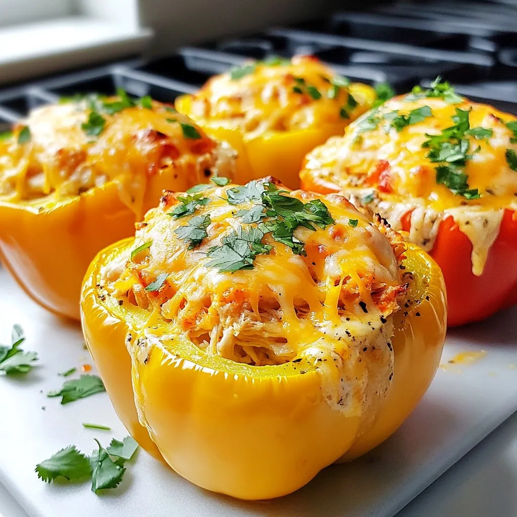 - 4 large bell peppers (any color) - 2 cups cooked shredded chicken - 1/2 cup buffalo sauce - 1 cup cream cheese, softened - 1 cup shredded cheddar cheese - 1/2 cup chopped green onions - 1 teaspoon garlic powder - Salt and pepper to taste - Fresh cilantro for garnish Choosing fresh bell peppers: Look for bright, shiny peppers. They should feel firm and heavy. Avoid any with soft spots or wrinkles. Selecting the best buffalo sauce: Try different brands. Some are milder, and others pack heat. Find one that suits your taste. You can even make your own if you like. Recommendations for shredded chicken: You can use rotisserie chicken for ease. If cooking your own, use boneless, skinless chicken breasts for the best flavor. {{ingredient_image_1}} First, preheat your oven to 375°F (190°C). This step warms the oven for baking. Next, take your large bell peppers and cut the tops off. Make sure to leave enough pepper for a good bite. After that, remove the seeds and membranes from inside. This step is key to making them tasty and not bitter. Place the peppers upright in a baking dish. It helps them hold their shape while baking. In a mixing bowl, combine the cooked shredded chicken, buffalo sauce, and softened cream cheese. I like to use a fork or a spoon to mix. Add half of the shredded cheddar cheese, chopped green onions, and garlic powder too. Don’t forget to sprinkle in some salt and pepper. For the best creamy filling, mix until everything is smooth and well blended. If it seems too thick, add a bit more buffalo sauce. This will give it a nice tang. Now, it’s time to fill those peppers! Spoon the buffalo chicken mixture into each pepper until they are full. After that, sprinkle the remaining cheddar cheese on top. Cover your baking dish with foil to keep them moist. Bake for 25 minutes. Then, remove the foil and bake for another 10-15 minutes. This helps the cheese get bubbly and golden. Once done, let them sit for a few minutes before serving. Garnish with fresh cilantro for a nice pop of flavor. Enjoy your tasty creation! You can easily adjust the spice level of your stuffed peppers. If you like it hot, try a spicier buffalo sauce. You can mix in extra hot sauce or even add jalapeños. For a milder dish, choose a mild buffalo sauce or mix in some ranch dressing. For cheese, you have choices too. You can use any cheese you like. Cream cheese adds creaminess, but you can swap it for Greek yogurt. If you want a vegan option, try a plant-based cream cheese. Serving your stuffed peppers can be fun and easy. Pair them with a simple side salad or some rice. This makes a balanced meal that looks good on the plate. To make your dish pop, add some garnishes. Fresh cilantro gives a nice touch. You can also sprinkle some extra green onions on top for color. If you like crunch, add crushed tortilla chips. This makes your dish look and taste even better! Pro Tips Choose the Right Peppers: Opt for large bell peppers to accommodate the stuffing and ensure even cooking. Different colors add visual appeal! Mix and Match Flavors: Feel free to experiment with different types of cheese or hot sauces to customize the heat level and flavor profile to your liking. Prep Ahead: You can prepare the stuffing a day in advance and store it in the refrigerator. Just stuff the peppers and bake when you're ready to serve. Garnish for Freshness: Adding fresh cilantro not only enhances the presentation but also brings a refreshing contrast to the spicy filling. {{image_2}} You can switch up the meat in buffalo chicken stuffed peppers. Turkey works great in this dish. It gives a nice texture and flavor. You can also use rotisserie chicken. This saves time and adds a rich taste. Just shred the chicken and mix it in with the other ingredients. For a vegetarian option, use beans instead of chicken. Black beans or chickpeas add protein and fiber. They soak up the flavors from the buffalo sauce well. This way, you can enjoy the same great taste without meat. Want to kick the flavor up a notch? Try adding spices or herbs. A pinch of smoked paprika or cumin can change the game. Fresh herbs like parsley or cilantro can brighten the dish, too. Incorporating extra veggies into the filling is a fun idea. Diced bell peppers, zucchini, or spinach add color and nutrients. Just make sure to chop them small so they mix well. These changes keep your meal fresh and exciting every time you make it. To keep your buffalo chicken stuffed peppers fresh, place them in an airtight container. This helps lock in moisture and flavor. Refrigerate the peppers within two hours of cooking. They will stay good for up to four days in the fridge. If you want to save some for later, freezing is a great option. Wrap each stuffed pepper in plastic wrap, then place them in a freezer bag. This way, they won’t get freezer burn. They can last up to three months in the freezer. When you're ready to eat them, just thaw them overnight in the fridge before reheating. To reheat your stuffed peppers, the best method is using the oven. Preheat it to 350°F (175°C). Place the peppers in a baking dish and cover them with foil. This keeps them moist while reheating. Bake for about 20 minutes or until they are warm throughout. You can also use a microwave. Place a pepper on a microwave-safe plate, cover it with a damp paper towel, and heat for 2-3 minutes. Check to make sure it’s hot in the middle. If not, heat for another minute. Enjoy your delicious leftovers! Buffalo chicken stuffed peppers can last about 3 to 4 days in the fridge. Make sure to store them in an airtight container. This keeps them fresh and safe to eat. If you see any signs of spoilage, like bad smells or mold, toss them out. Always check before eating leftovers. Yes, you can prepare buffalo chicken stuffed peppers ahead of time. You can mix the filling and stuff the peppers a day in advance. Just cover them tightly and keep them in the fridge. When you are ready to bake, take them out. Allow them to sit for a few minutes at room temperature, then bake as directed. This will help them cook evenly. The spice level of buffalo chicken stuffed peppers depends on the buffalo sauce you use. Some sauces are mild, while others are very hot. If you prefer less heat, choose a milder sauce. You can also mix in some cream cheese to tone down the spice. Adding more cheese can make the dish creamier and less spicy. Adjust the heat to fit your taste! Making buffalo chicken stuffed peppers is a fun and tasty task. We went through the key ingredients, tips on sourcing the best ones, and easy steps to prepare your dish. I shared how to personalize your stuffed peppers and offered storage tips. In the end, these stuffed peppers are not just delicious but also easy to adapt. They become a true crowd-pleaser with a few simple changes. Enjoy your cooking adventure!