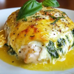 - 4 boneless, skinless chicken breasts - 2 cups fresh spinach, roughly chopped - 1 cup cream cheese, softened - 1/2 cup mozzarella cheese, shredded - 1/4 cup grated Parmesan cheese - 2 garlic cloves, minced - 1 teaspoon onion powder - 1/2 teaspoon salt - 1/4 teaspoon black pepper - 1 tablespoon olive oil - 1/2 teaspoon Italian seasoning These ingredients come together to create a tasty filling. I love how the soft cream cheese mixes with the fresh spinach. The mozzarella and Parmesan add a great cheesy flavor. - Fresh basil leaves Adding fresh basil really makes the dish pop! It adds color and a bright flavor. You can sprinkle it on top just before serving. If you don't have certain items, here are some swaps: - For cream cheese, use ricotta or goat cheese. - Instead of mozzarella, try Gruyère or cheddar. - You can use frozen spinach if fresh is not available. Just make sure to thaw and drain it well. These options can still give you a creamy, savory dish. Don't hesitate to get creative with what you have! {{ingredient_image_1}} First, set your oven to 375°F (190°C). Preheating ensures even cooking. This step is key for a juicy chicken. Grab a medium bowl. Combine 2 cups of chopped spinach, 1 cup of cream cheese, 1/2 cup of mozzarella cheese, and 1/4 cup of Parmesan cheese. Add 2 minced garlic cloves, 1 teaspoon of onion powder, 1/2 teaspoon of salt, and 1/4 teaspoon of black pepper. Mix everything well. You want a creamy, tasty filling. Set this bowl aside for later. Take each chicken breast and place it on a cutting board. Use a sharp knife to slice each breast horizontally. Go slow and make a pocket, but don’t cut all the way through. This pocket will hold the tasty stuffing. Now, it’s time to fill the chicken. Take the spinach mixture and generously fill each pocket. If needed, use toothpicks to keep the stuffing in place. This will help during cooking. You want it all to stay inside while it cooks. To make creamy spinach stuffed chicken, follow a few simple steps. Start by preheating your oven to 375°F (190°C). This ensures even cooking. Next, when you butterfly the chicken, be careful. Cut a pocket but do not slice all the way through. This keeps the stuffing inside. Sear the chicken in a hot skillet for a nice golden crust. This step adds flavor and texture. Finally, bake the chicken until it reaches 165°F (75°C). This keeps it juicy and safe to eat. One common mistake is overcooking the chicken. This can make it dry and tough. Always check the internal temperature with a meat thermometer. Another mistake is under-seasoning the stuffing. The spinach, cream cheese, and spices should blend well. If the flavors are weak, the dish won’t taste great. Lastly, don’t skip resting the chicken after cooking. This helps the juices redistribute, making each bite tender. To bring out more flavor, use fresh ingredients. Fresh spinach and garlic make a big difference. You can also try adding herbs like thyme or rosemary. These herbs pair well with chicken and spinach. Another tip is to experiment with cheese. Try feta or goat cheese for a different taste. Lastly, drizzle a bit of lemon juice before serving. This adds a bright flavor that lifts the dish. Pro Tips Use Fresh Spinach: Fresh spinach provides a vibrant flavor and a wonderful texture. Avoid using frozen spinach as it may contain excess water, which can make the filling too runny. Secure the Chicken: If the filling is spilling out, use toothpicks to secure the opening of the chicken breast. This will keep the stuffing intact while cooking. Check the Temperature: Ensure the chicken is cooked to an internal temperature of 165°F (75°C) for safety. Use a meat thermometer for the most accurate results. Let it Rest: Allow the chicken to rest for about 5 minutes after baking. This helps the juices redistribute, keeping the chicken moist and tender. {{image_2}} You can switch up the cheeses in this dish. Instead of mozzarella, try gouda for a smoky flavor. Feta cheese adds a tangy kick that pairs well with spinach. If you love blue cheese, mix it in for a bold taste. Each cheese brings its own flair, so feel free to experiment! Want more color and crunch? Add vegetables like sun-dried tomatoes or bell peppers to the filling. You can also throw in mushrooms for an earthy taste. Zucchini or artichokes can add a nice twist. Mixing veggies not only boosts nutrition but also gives your dish more depth. If you like heat, add red pepper flakes to the stuffing. A dash of hot sauce can also spice things up. For a milder flavor, skip the spice or use sweet paprika. Adjusting the spice level lets you tailor the dish to your taste. Don't be afraid to play around! To keep your creamy spinach stuffed chicken fresh, let it cool first. Place the chicken in an airtight container. Store it in the fridge for up to three days. This way, you can enjoy your meal later without losing flavor. If you want to save your chicken for later, freezing is a great option. Wrap each stuffed chicken breast tightly in plastic wrap. Then, place them in a freezer-safe bag. You can freeze them for up to three months. Just remember to label the bag with the date so you know when you made it. To reheat, take the chicken out of the fridge or freezer. If frozen, let it thaw overnight in the fridge. Preheat your oven to 350°F (175°C). Place the chicken in a baking dish, cover it with foil, and heat for about 20-25 minutes. Check that the internal temperature reaches 165°F (75°C). This keeps the chicken moist and tasty. You can also use a microwave, but it may not heat evenly. You can serve this dish with many sides. Here are some great options: - Rice or quinoa for a hearty base. - Mashed potatoes for a creamy touch. - Steamed vegetables, like broccoli or carrots, for color and crunch. - A fresh salad to add brightness to the meal. - Garlic bread to soak up any sauce. These sides will complement the rich flavors of the chicken. Feel free to mix and match! Check the internal temperature of the chicken. It should reach 165°F (75°C). Use a meat thermometer for accuracy. Insert it into the thickest part of the chicken, avoiding the stuffing. If you don't have a thermometer, cut into the chicken. The juices should run clear, and the meat should no longer be pink. Yes, you can prepare the chicken ahead. Stuff the chicken breasts and cover them. Store them in the fridge for up to 24 hours. When ready to cook, remove them from the fridge. Let them sit at room temperature for about 15 minutes before searing. This helps them cook evenly. You can also freeze the stuffed chicken. Just thaw it overnight in the fridge before cooking. In this article, we covered ingredients and step-by-step instructions for creamy spinach stuffed chicken. You learned useful tips to avoid common mistakes and ways to enhance flavor. We explored different variations, storage info, and answered key questions. Remember, cooking is fun. Don't hesitate to experiment with flavors and techniques. Each dish is a chance to improve your skills. Enjoy your culinary journey and happy cooking!