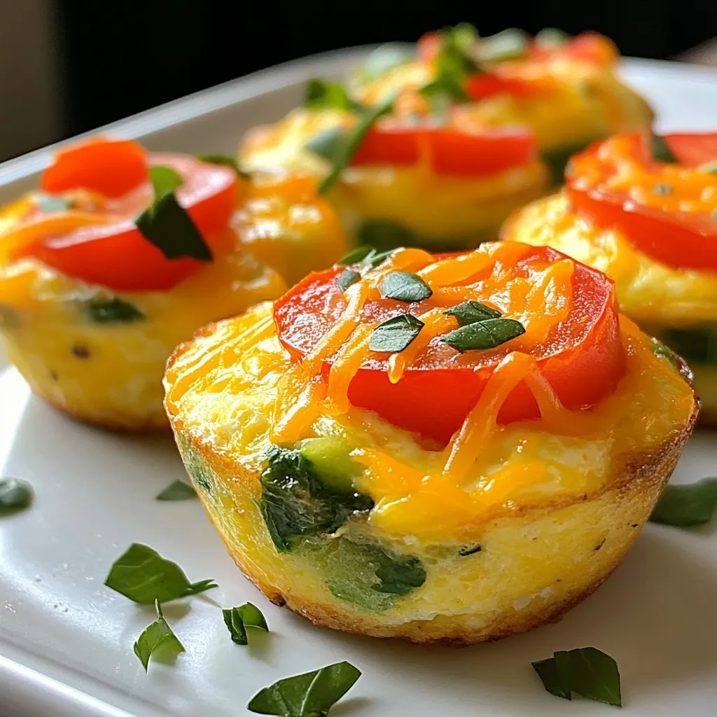 For veggie packed egg muffins, gather these simple ingredients: - 6 large eggs - 1/2 cup bell peppers (any color), finely chopped - 1/2 cup spinach, chopped - 1/4 cup red onion, finely chopped - 1/4 cup cherry tomatoes, halved - 1/2 cup shredded cheddar cheese (or any cheese you prefer) - 1/4 teaspoon garlic powder - 1/4 teaspoon black pepper - Salt to taste - Olive oil spray (for greasing) You can swap some ingredients for what you have on hand. - Use zucchini or mushrooms instead of bell peppers. - Kale can replace spinach for a different taste. - Any cheese works, like feta or mozzarella. - Use onion powder if you lack fresh onions. - If you want less salt, skip it or use low-sodium options. Each ingredient in these muffins brings health benefits: - Eggs: Packed with protein, vitamins, and minerals. - Bell Peppers: Rich in vitamins A and C, they boost your immune system. - Spinach: Full of iron and calcium, great for strong bones. - Red Onion: Contains antioxidants that help reduce inflammation. - Cherry Tomatoes: High in vitamins C and K, they support heart health. - Cheese: Adds protein and calcium, but watch portions for fat. - Garlic Powder: May help lower blood pressure and improve heart health. - Black Pepper: Aids digestion and enhances nutrient absorption. - Olive Oil: Healthy fat that supports heart health and reduces cholesterol. {{ingredient_image_1}} 1. Start by preheating your oven to 375°F (190°C). 2. Grease a muffin tin with olive oil spray. You can also use silicone muffin cups. 3. In a large bowl, crack the 6 large eggs. Whisk them until they blend well. 4. Add 1/4 teaspoon garlic powder, 1/4 teaspoon black pepper, and salt to taste. Whisk again. 5. Chop 1/2 cup of bell peppers, 1/2 cup of spinach, 1/4 cup of red onion, and halve 1/4 cup of cherry tomatoes. 6. Stir these veggies into the egg mixture. Make sure they are evenly mixed. 7. Fold in 1/2 cup of shredded cheddar cheese. Mix until combined well. 1. Pour the egg mixture into the muffin tins. Fill each cup about 3/4 full. 2. Place the muffin tin in the preheated oven. 3. Bake for 20-25 minutes. The muffins should puff up and look golden. 1. Insert a toothpick into the center of a muffin. 2. If it comes out clean, your muffins are done. 3. If the toothpick has wet egg on it, bake for a few more minutes. 4. After baking, let the muffins cool in the pan for 5 minutes. 5. Transfer them to a wire rack to cool completely before serving. To keep your egg muffins from sticking, use a non-stick muffin tin. I recommend greasing it well with olive oil spray. You can also use silicone muffin cups. They make it easy to pop out the muffins without a mess. Make these muffins for busy mornings. You can prep them a day or two in advance. Just bake and store in the fridge. They stay fresh in an airtight container for up to a week. Reheat them for a quick breakfast. You can also freeze them for longer storage. Just thaw overnight in the fridge before reheating. Serve these egg muffins warm or at room temperature. They pair well with fresh fruit or a simple salad. You can also add salsa or hot sauce for extra flavor. For a hearty meal, serve them with whole-grain toast. These muffins are perfect for brunch or a quick snack. Pro Tips Customize Your Veggies: Feel free to swap out the vegetables based on your preferences or what you have on hand. Broccoli, zucchini, or mushrooms can be great alternatives! Cheese Variations: Experiment with different types of cheese like feta, mozzarella, or pepper jack for unique flavors in your muffins. Make Ahead: These egg muffins can be made ahead of time and stored in the fridge for up to a week, making them a perfect grab-and-go breakfast option. Freezing for Later: These muffins freeze well! Just pop them in a freezer-safe container, and reheat in the microwave when you're ready to eat. {{image_2}} You can change the veggies in your egg muffins. Try using zucchini, kale, or mushrooms. They all add unique flavors and textures. For a bit of spice, add jalapeños or diced green chiles. Mix and match according to what you have at home. This makes every batch special. Cheddar cheese is great, but feel free to switch it up. Use feta for a tangy taste or mozzarella for a milder flavor. You can even try pepper jack for extra heat. If you want a dairy-free option, use nutritional yeast. It gives a cheesy flavor without the dairy. You can create different flavor profiles easily. For a Mediterranean twist, add olives and sun-dried tomatoes. If you like Italian food, use basil and oregano. For a breakfast vibe, mix in cooked bacon or sausage. Each addition can change the whole feel of the muffin. Get creative and make it your own! After you make these veggie packed egg muffins, let them cool down. Once cooled, place them in an airtight container. You can store them in the fridge for up to five days. This keeps them fresh and ready for quick meals. If you want to grab one for breakfast, just take it out! To reheat your egg muffins, you have a few options. You can use the microwave for quick warmth. Just heat them for about 30 seconds. Check if they are warm enough. If not, add another 10-15 seconds. If you prefer, you can use the oven. Preheat it to 350°F (175°C). Place the muffins on a baking sheet and heat for about 10-15 minutes. This method makes them crispy again. If you want to save some for later, freezing works great! After the muffins cool, wrap each one in plastic wrap. Then, place them in a freezer-safe bag or container. They can last up to three months in the freezer. When you're ready to eat, just take one out and reheat it. Enjoy a healthy meal anytime! Yes, you can use egg whites. They lower the fat and calories. You can use about 1/4 cup of egg whites for each egg. This makes the muffins lighter. However, using whole eggs gives a richer taste. You might miss some flavor with just whites. You can store these muffins in the fridge for up to five days. Keep them in an airtight container. This keeps them fresh and tasty. If you want to keep them longer, try freezing them. They last up to three months in the freezer. Yes, you can make them dairy-free. Just skip the cheese. You can also use dairy-free cheese if you like. This keeps the taste and adds some creaminess. Make sure to check the labels for dairy-free options. This blog post covered how to make tasty egg muffins. We discussed key ingredients and substitutes. I shared their nutritional benefits and step-by-step cooking instructions. You learned useful tips to prevent sticking and ideas for serving. We explored variations, storage methods, and answered common questions. In the end, egg muffins are both simple and nutritious. Enjoy making them your own!