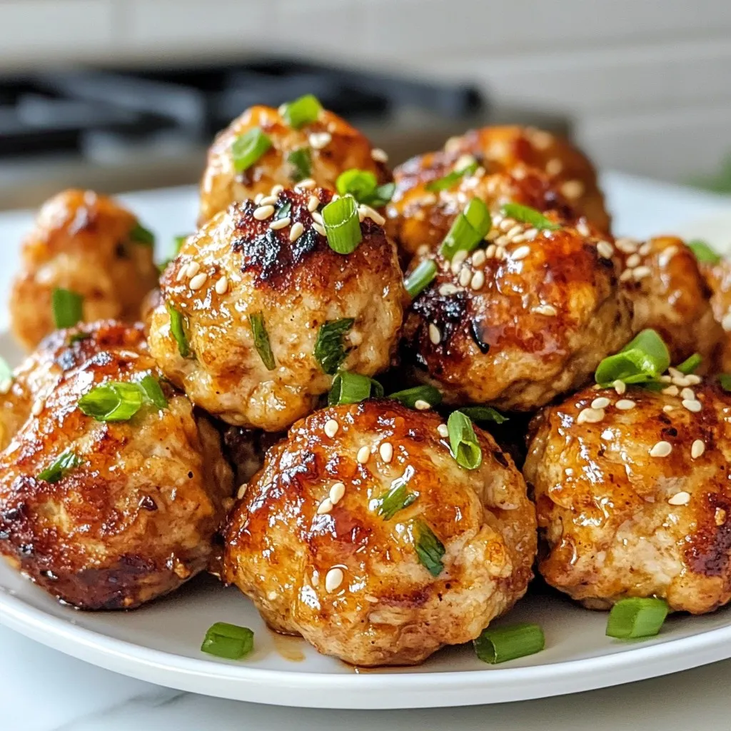 To make savory sesame ginger chicken meatballs, you need some simple ingredients. Here’s what you will need: - 1 pound ground chicken - 1/4 cup breadcrumbs - 1/4 cup green onions, finely chopped - 2 tablespoons ginger, minced - 2 tablespoons garlic, minced - 2 tablespoons soy sauce - 1 tablespoon sesame oil - 1 tablespoon honey - 1 teaspoon sesame seeds - Salt and pepper to taste - 1 egg, beaten - 2 tablespoons vegetable oil (for frying) Each ingredient adds a unique flavor to the meatballs. Ground chicken is lean and tender. Breadcrumbs help hold everything together. Green onions add a fresh crunch. Ginger gives a warm spice, while garlic adds depth. Soy sauce brings saltiness, and sesame oil adds richness. Honey adds a hint of sweetness to balance the flavors. Using fresh ingredients makes a big difference. Always opt for fresh ginger and garlic for the best taste. Keep your ground chicken chilled until you mix it. This keeps the meatballs juicy and tender. Now that you have everything ready, you can start creating your delicious meatballs! {{ingredient_image_1}} Mixing the Ingredients Start by grabbing a large mixing bowl. Add 1 pound of ground chicken. Next, mix in 1/4 cup of breadcrumbs and 1/4 cup of finely chopped green onions. Then, add 2 tablespoons of minced ginger and 2 tablespoons of minced garlic. Pour in 2 tablespoons of soy sauce, 1 tablespoon of sesame oil, and 1 tablespoon of honey. Sprinkle in 1 teaspoon of sesame seeds along with salt and pepper to taste. Finally, crack in 1 beaten egg and mix everything until well combined. Forming the Meatballs Now, it’s time to create the meatballs. Use your hands to scoop some of the mixture. Roll it into a ball about the size of a golf ball. Place each meatball on a plate as you shape them. This recipe should yield about 12-16 meatballs, depending on your size. Cooking the Meatballs Heat a large skillet over medium heat. Add 2 tablespoons of vegetable oil to the pan. Once hot, carefully place the meatballs in the skillet. Make sure not to overcrowd the pan. Fry the meatballs for about 5-7 minutes. Rotate them occasionally so they brown evenly. Check that each meatball reaches an internal temperature of 165°F to ensure they're fully cooked. When done, transfer them to a paper towel-lined plate to drain excess oil. Ensuring Even Cooking To cook the meatballs evenly, ensure they are similar in size. This helps them cook at the same rate. Avoid overcrowding your skillet, as this can trap steam and prevent browning. Checking Internal Temperature Use a meat thermometer to check the internal temperature. Insert the thermometer into the center of a meatball. It should read 165°F to ensure they are safe to eat. Draining Excess Oil After cooking, place the meatballs on a paper towel-lined plate. This will soak up any extra oil. It keeps the meatballs from becoming greasy, ensuring a tasty meal. To enhance the flavor, you can add more soy sauce or ginger. If you prefer a sweeter taste, mix in extra honey. For some heat, try adding red pepper flakes or Sriracha. Taste the mixture before cooking to find the right balance for your palate. To keep the meatballs moist, do not overcook them. Monitor your cooking time closely. Also, using ground chicken with a bit of fat will help. Adding the beaten egg keeps the meatballs tender and juicy. A non-stick skillet works best for frying these meatballs. It prevents sticking and makes cleanup easy. If you prefer, a cast iron skillet can give a nice sear and flavor. Just ensure it's well-seasoned to avoid sticking. You will need a large mixing bowl to combine the ingredients. A sturdy spoon or your hands will work well to mix everything. A meat thermometer is great for checking doneness. Lastly, have a spatula ready for flipping the meatballs as they cook. Pro Tips Chill the Mixture: Refrigerating the meatball mixture for 30 minutes before forming them helps to firm up the mixture, making it easier to shape and preventing them from falling apart while frying. Use a Meat Thermometer: To ensure your meatballs are cooked perfectly, use a meat thermometer to check that the internal temperature reaches 165°F (75°C). Experiment with Flavors: Feel free to add other ingredients like chopped cilantro or crushed red pepper flakes to customize the flavor profile of your meatballs. Serve with Dipping Sauce: Pair these meatballs with a dipping sauce made from soy sauce, rice vinegar, and a hint of sriracha for an extra kick of flavor. {{image_2}} Using Turkey or Beef You can replace ground chicken with turkey or beef. Turkey gives a leaner meatball, while beef adds rich flavor. Use the same amount, one pound, for best results. Gluten-Free Options For a gluten-free version, swap breadcrumbs with gluten-free breadcrumbs or crushed rice cakes. This keeps the meatballs tasty and allows everyone to enjoy them. Adding Spices To boost flavor, try adding a pinch of red pepper flakes or some five-spice powder. These spices can add warmth and depth to your meatballs. Experiment with your favorites! Serving Suggestions with Dipping Sauces Serve the meatballs with various dipping sauces. A soy sauce and honey mix works well. You can also try a spicy chili sauce or a sweet and sour sauce. Each option adds a fun twist to the meal. After you enjoy your sesame ginger chicken meatballs, store the leftovers properly. - Refrigeration Guidelines: Place the meatballs in an airtight container. They will stay fresh for about 3 to 4 days. Make sure your fridge is set to 40°F or lower to keep food safe. - Freezing Instructions: For longer storage, freeze the meatballs. Arrange them in a single layer on a baking sheet. Freeze them for about 1 hour until solid, then move them to a freezer-safe bag. They can last for up to 3 months in the freezer. When you're ready to enjoy your leftovers, reheating them well is key. - Best Methods for Maintaining Texture: The best way to reheat meatballs is in the oven. Preheat your oven to 350°F. Place the meatballs on a baking sheet and cover them with foil. Heat for about 15-20 minutes. This method keeps them moist and tasty. - Recommended Temperature for Reheating: Always reheat meatballs until they reach an internal temperature of 165°F. This ensures they are safe to eat and delicious. Use a food thermometer to check the temperature. Can I make these meatballs ahead of time? Yes, you can make these meatballs ahead of time. Form the meatballs and place them on a tray. Freeze them until firm, then transfer to a bag. When ready to cook, you can bake or fry them straight from the freezer. This saves time on busy days. How do I know when the meatballs are cooked? To check if the meatballs are cooked, use a meat thermometer. The internal temperature should reach 165°F. You can also cut one meatball in half. It should be no longer pink inside, and the juices should run clear. What can I serve with Sesame Ginger Chicken Meatballs? These meatballs pair well with rice or noodles. You could also serve them with steamed veggies or a fresh salad. For extra flavor, try a side of soy sauce or a tangy dipping sauce. Caloric Breakdown One serving of these meatballs contains about 250 calories. This may vary based on serving size and cooking method. Macronutrient Overview Each serving has roughly: - Protein: 20g - Carbohydrates: 15g - Fat: 12g These numbers can change with ingredient swaps. Where to find specialty ingredients? You can find soy sauce and sesame oil at most grocery stores. For fresh ginger and green onions, check the produce section. Asian markets are great for these ingredients at lower prices. What to look for when buying ground chicken? When buying ground chicken, choose packages that look fresh. The color should be pink, not gray. Check the sell-by date. If possible, buy organic for better quality meat. This blog post covered how to make tasty Sesame Ginger Chicken Meatballs. We reviewed key ingredients, step-by-step instructions, and helpful cooking tips. You learned how to enhance flavors and make swaps for different diets. We also discussed storage methods for leftovers and answered common questions. In making these meatballs, you’ll enjoy a fun and rewarding cooking experience. You can customize the dish to suit your taste, and it’s perfect for family meals. Enjoy your cooking journey, and share your delicious creations!
