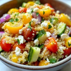 To make a tasty Mediterranean quinoa salad, gather these key ingredients: - 1 cup quinoa, rinsed - 2 cups water or vegetable broth - 1/2 cup cherry tomatoes, halved - 1/2 cucumber, diced - 1/4 cup red onion, finely chopped - 1/2 cup Kalamata olives, pitted and sliced - 1/2 cup feta cheese, crumbled - 1/4 cup fresh parsley, chopped - 1/4 cup olive oil - 2 tablespoons lemon juice - 1 teaspoon dried oregano - Salt and pepper to taste You can add these optional ingredients for an extra flavor boost: - Bell peppers, diced - Avocado, diced - Spinach or arugula - Artichoke hearts - Sun-dried tomatoes Quinoa is a grain that is full of protein and fiber. It helps keep you full. Cherry tomatoes add vitamins A and C. They also give a sweet flavor. Cucumbers are hydrating and low in calories. They add crunch to the salad. Kalamata olives provide healthy fats and a salty taste. They add depth. Feta cheese gives calcium and a creamy texture. It also adds tang to the dish. Parsley is rich in antioxidants and vitamins. It freshens the overall flavor. Olive oil has healthy fats that are good for your heart. It also enhances taste. Lemon juice adds a zesty flavor and vitamin C. It brightens the whole salad. Dried oregano brings an earthy flavor, connecting all the ingredients. {{ingredient_image_1}} Start with one cup of quinoa. Rinse it well under cold water. This step removes bitter flavors. Next, in a medium saucepan, add the rinsed quinoa and two cups of water or vegetable broth. Bring it to a boil over medium-high heat. Once you see bubbles, reduce the heat to low. Cover the pot and let it simmer for 15 minutes. The quinoa will absorb all the liquid and become fluffy. After 15 minutes, take it off the heat. Let it sit for about 10 minutes to cool. Finally, fluff it gently with a fork. In a large bowl, combine the cooled quinoa with fresh ingredients. Use ½ cup of halved cherry tomatoes. Dice ½ cucumber and add it to the bowl. Finely chop ¼ cup of red onion for a bit of crunch. Slice ½ cup of pitted Kalamata olives. Crumble ½ cup of feta cheese for a creamy touch. Finish with ¼ cup of chopped fresh parsley. This mix creates a vibrant and fresh base for your salad. Grab a small bowl for the dressing. Whisk together ¼ cup of olive oil and 2 tablespoons of lemon juice. Add 1 teaspoon of dried oregano for a nice herbal flavor. Season with salt and pepper to taste. Make sure to mix it well until it is smooth. Drizzle this dressing over the quinoa and vegetable mix. This will bring all the flavors together. Gently toss the salad to combine everything evenly. Make sure each bite gets some dressing. Taste the salad and adjust the seasoning if needed. Let the salad sit for at least 30 minutes. This resting time helps the flavors meld together nicely. Serve it chilled or at room temperature for the best experience. Enjoy your fresh and colorful Mediterranean quinoa salad! To cook fluffy quinoa, start with rinsed quinoa. Rinsing removes bitterness. Use a medium saucepan. Combine one cup of quinoa with two cups of water or broth. Bring it to a boil over medium-high heat. Once it boils, reduce the heat. Cover it and let it simmer for 15 minutes. After the time, check if the liquid is absorbed. Remove it from heat and let it sit for 10 minutes. Fluff the quinoa with a fork to get that light texture. This method gives you perfect quinoa every time. To enhance your Mediterranean quinoa salad, think about adding more fresh herbs. Chopped mint or basil can brighten the dish. You can also add more veggies like bell peppers or radishes for crunch. For a spicy kick, try red pepper flakes. A dash of balsamic vinegar can add depth. Always taste your salad before serving. Adjust the seasoning with salt and pepper to suit your taste. These tweaks will make your salad more exciting and full of flavor. Presentation makes food more inviting. To serve your salad, use a large, colorful bowl. This showcases the vibrant ingredients. Garnish with fresh parsley for a pop of green. Add lemon wedges on the side for a fresh touch. Serve the salad chilled or at room temperature. This helps all the flavors shine. The right presentation makes your dish look gourmet and professional. Enjoy showing off your beautiful Mediterranean quinoa salad! Pro Tips Rinse Your Quinoa: Always rinse quinoa under cold water before cooking to remove its natural coating, called saponin, which can give it a bitter taste. Chill Before Serving: For the best flavor, allow the salad to chill in the refrigerator for at least 30 minutes before serving to let the ingredients meld. Customize Your Veggies: Feel free to add or substitute other vegetables like bell peppers, artichokes, or spinach based on your preferences or what you have on hand. Make Ahead: This salad can be made ahead of time and stored in the refrigerator for up to 3 days, making it a perfect option for meal prep. {{image_2}} You can easily make this salad vegetarian or vegan. Remove the feta cheese for a vegan version. The salad still tastes great without it. You can add more olives or nuts for extra flavor. Try adding avocado for creaminess too. This keeps your salad fresh and filling. To make this dish more filling, add proteins. Grilled chicken or shrimp works well. You can also use chickpeas or black beans for a vegetarian option. These add protein and keep the salad healthy. Just mix them in after you add the veggies. Using seasonal veggies makes this salad even better. In summer, add bell peppers or zucchini. In fall, try roasted sweet potatoes. Fresh herbs like basil or mint can also brighten up the dish. These changes keep your salad exciting and tasty all year long. Store leftover Mediterranean quinoa salad in an airtight container. Place it in the fridge. It stays fresh for up to three days. If you see liquid, drain it before serving. This helps keep the salad crisp. I do not recommend freezing this salad. The vegetables may turn mushy. However, you can freeze plain quinoa. Cook it, cool it, and pack it in a freezer bag. When ready to use, thaw it in the fridge overnight. Keep ingredients fresh by storing them separately. Store quinoa in a dry, cool place. Fresh veggies can last longer in the fridge. Use a damp paper towel to wrap them. For feta cheese, keep it in its brine for best taste. This helps maintain its creamy texture and flavor. Mediterranean Quinoa Salad can last up to five days in the fridge. Store it in an airtight container to keep it fresh. After a day, some veggies may soften. The salad will still taste good, but it may lose some crunch. Yes, you can make this salad a day ahead. This allows the flavors to mix well. Just add the dressing right before serving to keep the ingredients fresh and crisp. If you want a substitute for feta cheese, try goat cheese or vegan cheese. Both options will still give you a creamy texture. You can also skip cheese for a lighter salad. Yes, this Mediterranean Quinoa Salad is gluten-free. Quinoa is a great grain for gluten-free diets. It provides protein and fiber without any gluten. To serve more people, simply double or triple the ingredients. Keep the same cooking times for the quinoa. Just ensure you have a large enough bowl for mixing. This blog post covered making a Mediterranean Quinoa Salad. We explored the key ingredients and their health benefits. Then, we went through easy steps to prepare the salad. I shared tips for cooking and serving it nicely. You can also try fun variations to fit your taste. Finally, I provided storage tips to keep your salad fresh. Enjoy this dish knowing it’s tasty, healthy, and easy to make!