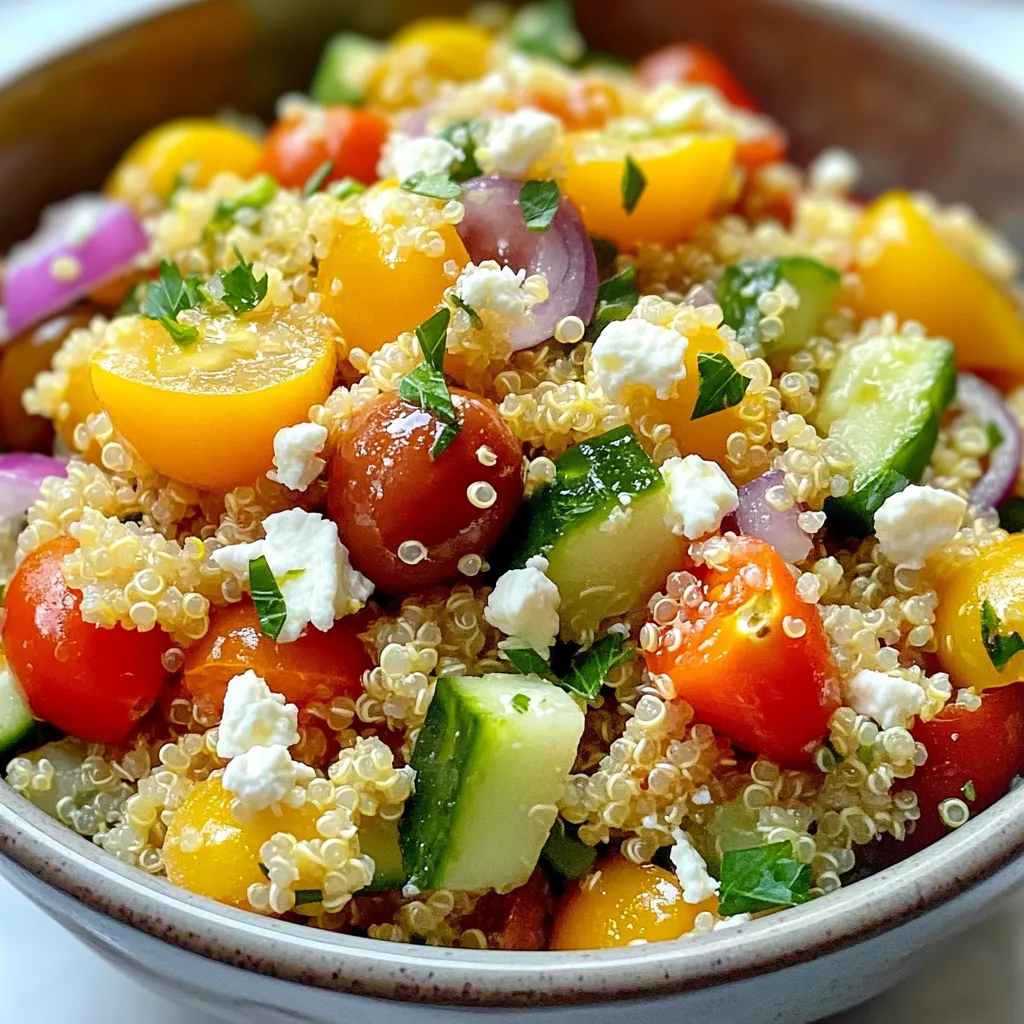 To make a tasty Mediterranean quinoa salad, gather these key ingredients: - 1 cup quinoa, rinsed - 2 cups water or vegetable broth - 1/2 cup cherry tomatoes, halved - 1/2 cucumber, diced - 1/4 cup red onion, finely chopped - 1/2 cup Kalamata olives, pitted and sliced - 1/2 cup feta cheese, crumbled - 1/4 cup fresh parsley, chopped - 1/4 cup olive oil - 2 tablespoons lemon juice - 1 teaspoon dried oregano - Salt and pepper to taste You can add these optional ingredients for an extra flavor boost: - Bell peppers, diced - Avocado, diced - Spinach or arugula - Artichoke hearts - Sun-dried tomatoes Quinoa is a grain that is full of protein and fiber. It helps keep you full. Cherry tomatoes add vitamins A and C. They also give a sweet flavor. Cucumbers are hydrating and low in calories. They add crunch to the salad. Kalamata olives provide healthy fats and a salty taste. They add depth. Feta cheese gives calcium and a creamy texture. It also adds tang to the dish. Parsley is rich in antioxidants and vitamins. It freshens the overall flavor. Olive oil has healthy fats that are good for your heart. It also enhances taste. Lemon juice adds a zesty flavor and vitamin C. It brightens the whole salad. Dried oregano brings an earthy flavor, connecting all the ingredients. {{ingredient_image_1}} Start with one cup of quinoa. Rinse it well under cold water. This step removes bitter flavors. Next, in a medium saucepan, add the rinsed quinoa and two cups of water or vegetable broth. Bring it to a boil over medium-high heat. Once you see bubbles, reduce the heat to low. Cover the pot and let it simmer for 15 minutes. The quinoa will absorb all the liquid and become fluffy. After 15 minutes, take it off the heat. Let it sit for about 10 minutes to cool. Finally, fluff it gently with a fork. In a large bowl, combine the cooled quinoa with fresh ingredients. Use ½ cup of halved cherry tomatoes. Dice ½ cucumber and add it to the bowl. Finely chop ¼ cup of red onion for a bit of crunch. Slice ½ cup of pitted Kalamata olives. Crumble ½ cup of feta cheese for a creamy touch. Finish with ¼ cup of chopped fresh parsley. This mix creates a vibrant and fresh base for your salad. Grab a small bowl for the dressing. Whisk together ¼ cup of olive oil and 2 tablespoons of lemon juice. Add 1 teaspoon of dried oregano for a nice herbal flavor. Season with salt and pepper to taste. Make sure to mix it well until it is smooth. Drizzle this dressing over the quinoa and vegetable mix. This will bring all the flavors together. Gently toss the salad to combine everything evenly. Make sure each bite gets some dressing. Taste the salad and adjust the seasoning if needed. Let the salad sit for at least 30 minutes. This resting time helps the flavors meld together nicely. Serve it chilled or at room temperature for the best experience. Enjoy your fresh and colorful Mediterranean quinoa salad! To cook fluffy quinoa, start with rinsed quinoa. Rinsing removes bitterness. Use a medium saucepan. Combine one cup of quinoa with two cups of water or broth. Bring it to a boil over medium-high heat. Once it boils, reduce the heat. Cover it and let it simmer for 15 minutes. After the time, check if the liquid is absorbed. Remove it from heat and let it sit for 10 minutes. Fluff the quinoa with a fork to get that light texture. This method gives you perfect quinoa every time. To enhance your Mediterranean quinoa salad, think about adding more fresh herbs. Chopped mint or basil can brighten the dish. You can also add more veggies like bell peppers or radishes for crunch. For a spicy kick, try red pepper flakes. A dash of balsamic vinegar can add depth. Always taste your salad before serving. Adjust the seasoning with salt and pepper to suit your taste. These tweaks will make your salad more exciting and full of flavor. Presentation makes food more inviting. To serve your salad, use a large, colorful bowl. This showcases the vibrant ingredients. Garnish with fresh parsley for a pop of green. Add lemon wedges on the side for a fresh touch. Serve the salad chilled or at room temperature. This helps all the flavors shine. The right presentation makes your dish look gourmet and professional. Enjoy showing off your beautiful Mediterranean quinoa salad! Pro Tips Rinse Your Quinoa: Always rinse quinoa under cold water before cooking to remove its natural coating, called saponin, which can give it a bitter taste. Chill Before Serving: For the best flavor, allow the salad to chill in the refrigerator for at least 30 minutes before serving to let the ingredients meld. Customize Your Veggies: Feel free to add or substitute other vegetables like bell peppers, artichokes, or spinach based on your preferences or what you have on hand. Make Ahead: This salad can be made ahead of time and stored in the refrigerator for up to 3 days, making it a perfect option for meal prep. {{image_2}} You can easily make this salad vegetarian or vegan. Remove the feta cheese for a vegan version. The salad still tastes great without it. You can add more olives or nuts for extra flavor. Try adding avocado for creaminess too. This keeps your salad fresh and filling. To make this dish more filling, add proteins. Grilled chicken or shrimp works well. You can also use chickpeas or black beans for a vegetarian option. These add protein and keep the salad healthy. Just mix them in after you add the veggies. Using seasonal veggies makes this salad even better. In summer, add bell peppers or zucchini. In fall, try roasted sweet potatoes. Fresh herbs like basil or mint can also brighten up the dish. These changes keep your salad exciting and tasty all year long. Store leftover Mediterranean quinoa salad in an airtight container. Place it in the fridge. It stays fresh for up to three days. If you see liquid, drain it before serving. This helps keep the salad crisp. I do not recommend freezing this salad. The vegetables may turn mushy. However, you can freeze plain quinoa. Cook it, cool it, and pack it in a freezer bag. When ready to use, thaw it in the fridge overnight. Keep ingredients fresh by storing them separately. Store quinoa in a dry, cool place. Fresh veggies can last longer in the fridge. Use a damp paper towel to wrap them. For feta cheese, keep it in its brine for best taste. This helps maintain its creamy texture and flavor. Mediterranean Quinoa Salad can last up to five days in the fridge. Store it in an airtight container to keep it fresh. After a day, some veggies may soften. The salad will still taste good, but it may lose some crunch. Yes, you can make this salad a day ahead. This allows the flavors to mix well. Just add the dressing right before serving to keep the ingredients fresh and crisp. If you want a substitute for feta cheese, try goat cheese or vegan cheese. Both options will still give you a creamy texture. You can also skip cheese for a lighter salad. Yes, this Mediterranean Quinoa Salad is gluten-free. Quinoa is a great grain for gluten-free diets. It provides protein and fiber without any gluten. To serve more people, simply double or triple the ingredients. Keep the same cooking times for the quinoa. Just ensure you have a large enough bowl for mixing. This blog post covered making a Mediterranean Quinoa Salad. We explored the key ingredients and their health benefits. Then, we went through easy steps to prepare the salad. I shared tips for cooking and serving it nicely. You can also try fun variations to fit your taste. Finally, I provided storage tips to keep your salad fresh. Enjoy this dish knowing it’s tasty, healthy, and easy to make!