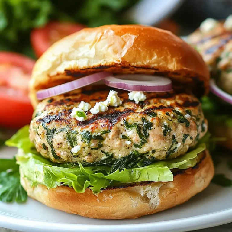 - 1 pound ground turkey - 1 cup fresh spinach, finely chopped - ½ cup feta cheese, crumbled - 1 clove garlic, minced - 1 teaspoon dried oregano - 1 teaspoon onion powder - ½ teaspoon black pepper - ½ teaspoon salt - 1 egg, beaten - ½ cup breadcrumbs (or gluten-free alternative) - 4 whole wheat burger buns - Lettuce, tomato, and red onion for toppings When I make spinach feta turkey burgers, I start with fresh ingredients. Each part adds a unique flavor and texture. Ground turkey is lean and perfect for juicy burgers. Fresh spinach not only gives a pop of color but also packs in nutrients. Feta cheese adds a salty bite that pairs well with turkey. I always mince one clove of garlic. It brings a strong flavor that I love. Dried oregano and onion powder are my go-to spices. They add depth without being overpowering. I use black pepper and salt to enhance the taste. The beaten egg helps bind the mix together. Breadcrumbs add a nice texture, making the patties hold up well. I prefer whole wheat burger buns for a healthier option. They add fiber and make the meal feel more filling. For toppings, I like crisp lettuce, juicy tomato, and sharp red onion. These add freshness and crunch to every bite. {{ingredient_image_1}} To start, take a large mixing bowl. Add 1 pound of ground turkey. Next, mix in 1 cup of finely chopped fresh spinach and ½ cup of crumbled feta cheese. Then, add 1 minced clove of garlic, 1 teaspoon of dried oregano, 1 teaspoon of onion powder, ½ teaspoon of black pepper, and ½ teaspoon of salt. Finally, crack in 1 beaten egg and pour in ½ cup of breadcrumbs. Use your hands to mix the ingredients. Be gentle! Overworking the turkey will make the burgers tough. You want a smooth blend without clumps. Once your mixture is well combined, it’s time to form the patties. Divide the mixture into four equal portions. Each portion should weigh about 4 ounces. Shape each portion into a patty that is about ¾ inch thick. This thickness helps the burger cook evenly. If you make them too thick, they may not cook through. If they are too thin, they might dry out. Aim for that perfect balance! Now, preheat your grill or non-stick skillet over medium heat. Lightly oil the cooking surface to prevent sticking. Cook the patties for about 5-6 minutes on each side. You want the burgers to be golden brown and reach an internal temperature of 165°F (74°C). Use a meat thermometer for accuracy. For extra flavor, toast the burger buns on the grill for 1-2 minutes until they are lightly golden. This adds a nice crunch and enhances the overall taste of your meal. To make great Spinach Feta Turkey Burgers, avoid overmixing the meat. If you mix too much, the burgers can become tough. You want a gentle touch when combining the turkey and other ingredients. Just mix until everything blends well. For flavor, don't be afraid to adjust the spices. You might want to add some red pepper flakes for heat or fresh herbs for brightness. Experimenting with spices can make each batch unique. For toppings, I love using fresh lettuce, juicy tomatoes, and crisp red onion. They add crunch and flavor to the burgers. You could also add a dollop of yogurt or tzatziki for a creamy touch. When it comes to sides, I recommend sweet potato fries or a simple side salad. Both complement the burgers well. If you want something lighter, a cucumber salad pairs nicely too. You can cook these burgers on a grill or in a skillet. Grilling gives them a nice char and smoky flavor. If you use a skillet, make sure it is hot and lightly oiled. If you cook indoors, you can also bake them in the oven. Set the temperature to 400°F (200°C) and cook for about 20 minutes. This method keeps them moist and allows for even cooking. Pro Tips Use Fresh Ingredients: Always opt for fresh spinach and high-quality feta cheese to enhance the flavor of your burgers. Don’t Overmix: Mix the ingredients until just combined to keep the turkey burgers tender and juicy. Check for Doneness: Use a meat thermometer to ensure the internal temperature of the burgers reaches 165°F (74°C) for safe consumption. Let Them Rest: Allow the cooked patties to rest for a few minutes before assembling your burgers to lock in moisture. {{image_2}} You can swap ground turkey for other meats if you want. Ground chicken works well and stays moist. You can also try lean beef or pork for a different flavor. If you want a vegetarian option, use black beans or chickpeas. For gluten-free and low-carb choices, replace breadcrumbs with almond flour or crushed pork rinds. You can skip the buns and wrap your burger in lettuce instead. This keeps it light and fresh while adding crunch. To add more taste, think about herbs and spices. Fresh herbs like basil or parsley can brighten up the flavor. You can also mix in smoked paprika for a little kick. If you love spice, add some cayenne pepper or red pepper flakes. Adding veggies to the mix can also enhance the taste. Grated zucchini or finely chopped bell peppers blend well. They add moisture and a sweet taste, making your burgers even better. Baking your patties is an easy option. Preheat the oven to 375°F (190°C). Place the patties on a baking sheet lined with parchment paper. Bake for about 20 minutes, flipping halfway through. This method gives you a nice, even cook without oil. Air frying is another great choice. Set your air fryer to 360°F (182°C). Cook the patties for about 12-15 minutes, flipping halfway. This method makes them crispy without much oil and cuts down on cooking time. To keep your Spinach Feta Turkey Burgers fresh, store them in the fridge. Place the burgers in an airtight container. They stay good for about three to four days. If you want to keep them longer, freezing is a great option. Wrap each patty tightly in plastic wrap or aluminum foil. Then, put them in a freezer-safe bag. They can last up to three months in the freezer without losing flavor. When it comes to reheating, the oven works best. Preheat it to 350°F (175°C). Place the patties on a baking sheet. Heat for about 10-15 minutes until warmed through. This method keeps the patties moist and tasty. If you use the microwave, be careful. Heat them in short bursts to avoid drying out. For the buns, toast them lightly in a pan or toaster. This adds crunch and keeps them from getting soggy. Yes, you can use frozen spinach. It saves time and offers great benefits. Frozen spinach is pre-washed and chopped. This makes it easy to add to your turkey burger mix. Just thaw it first and drain excess water. This helps keep your burgers from being too wet. You can check the burgers in two ways. First, use a meat thermometer. The burgers should reach 165°F (74°C) inside. Second, look for a golden brown color on the outside. The juices should run clear, not pink. These signs show your burgers are safe and tasty. You have many options for sides! Try sweet potato fries for a sweet touch. A fresh salad adds crunch and lightness. You can also serve with grilled veggies for a healthy choice. For a fun twist, pair with a yogurt sauce or tzatziki. Absolutely! You can prepare the patties in advance. Shape them and store in the fridge for one day. For longer storage, freeze them. Place the uncooked patties in a single layer on a tray, then transfer to a bag. They can last up to three months in the freezer. When ready, just cook from frozen, adding a few extra minutes to the cooking time. In this blog post, we covered how to make delicious Spinach Feta Turkey Burgers. We explored the key ingredients, preparation steps, cooking methods, and tips for perfect texture and flavor. You learned about healthy swaps and variations to fit your taste. Lastly, I shared storage tips to keep leftovers fresh. Making these burgers is easy and fun. You can impress family and friends with tasty meals. Enjoy experimenting with different flavors to make it your own!