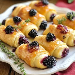 To make these tasty bites, you need a few simple items: - 1 package of refrigerated crescent roll dough - 8 oz brie cheese, cut into small wedges - 1 cup fresh blackberries - 2 tablespoons honey - 1 teaspoon fresh thyme leaves (optional) - 1 egg, beaten (for egg wash) - Pinch of salt and pepper These ingredients create the perfect balance of sweet and savory. The brie melts beautifully, while the blackberries add a fresh burst of flavor. If you want to add a twist, consider these options: - A sprinkle of crushed red pepper flakes for heat - Chopped nuts like walnuts or pecans for crunch - Balsamic glaze for a sweet and tangy finish Adding these can bring new tastes to your bites. Feel free to mix and match to find your favorite combo! When selecting blackberries, look for plump, shiny berries. They should be dark purple to black with no signs of mold. Fresh berries taste the best and add great flavor. For brie cheese, choose a wheel that feels soft but not too mushy. The rind should be clean and free from cracks. A good brie will have a creamy center that melts perfectly in your bites. By picking high-quality ingredients, you elevate your dish. These tips ensure your Blackberry Brie Crescent Bites will impress everyone! {{ingredient_image_1}} Start by preheating your oven to 375°F (190°C). This is key for a nice, golden finish. Next, take your package of refrigerated crescent roll dough. Unroll it on a clean, lightly floured surface. You will see the dough separate into triangles, which is perfect for our bites. Now, grab your brie cheese. Cut it into small wedges. Place one wedge on the wide end of each triangle of dough. Then, take 2-3 fresh blackberries and put them on top of the brie. If you want, drizzle a little honey over the blackberries. The sweet honey adds a nice touch. If you like, sprinkle some fresh thyme leaves on top for a tasty twist. Now comes the fun part—rolling the bites! Carefully roll the dough from the wide end to the tip. Make sure to enclose the filling completely. Pinch the edges to seal them well. This keeps all that delicious filling inside. Once you have rolled all the bites, place them on a baking sheet. Line the sheet with parchment paper for easy cleanup. This step helps the bites not stick. Before baking, brush the tops of the crescent bites with a beaten egg. This gives them a shiny, golden look. Then, sprinkle a pinch of salt and pepper on top. Now, pop the baking sheet into your preheated oven. Bake for 12 to 15 minutes. Keep an eye on them. You want them to be golden brown. Once they are done, carefully take them out of the oven. Let them cool for a minute before serving. Enjoy these bites warm for the best flavor! For the best texture and flavor, use fresh ingredients. Choose ripe blackberries; they should be plump and juicy. Make sure to select creamy brie cheese. The cheese should be soft, not too firm. When rolling the dough, don’t stretch it too much. This helps keep it flaky and light. Brush the tops with egg wash for a golden finish. The honey adds a lovely sweetness that balances the cheese. Adding thyme boosts the flavor, but it’s optional. One common mistake is overfilling the crescent bites. If you add too much filling, the dough may not seal well. This can lead to spills while baking. Another error is not preheating the oven. If your oven isn’t hot enough, the bites won’t puff up. Also, don’t skip the egg wash. This step gives a nice shine to the bites. Lastly, ensure the bites have enough space on the baking sheet. If they are too close, they may stick together. You can make these bites ahead of time. Prepare them, but don’t bake them right away. Cover the unbaked bites with plastic wrap and refrigerate. They can stay in the fridge for up to a day. When you’re ready to bake, just remove them from the fridge. Let them sit at room temperature for about 15 minutes. Bake as directed, and they will turn out great. To reheat leftovers, place them in a warm oven for about five minutes. This will help them regain their crispness. Pro Tips Use Room Temperature Brie: Allow the brie cheese to sit at room temperature for about 30 minutes before using. This makes it softer and easier to melt during baking. Experiment with Flavors: Feel free to add different herbs or spices to the filling, such as rosemary or a pinch of cinnamon, for a unique twist on flavors. Don’t Overfill: Be cautious not to overfill the crescent rolls, as this can cause them to burst open while baking. Serve Warm: For the best taste and texture, serve the bites warm straight from the oven. They will be gooey and delicious! {{image_2}} You can swap blackberries for other fruits. Raspberries bring a tangy twist. Blueberries add a sweet burst. Sliced strawberries work well, too. Peaches or pears can give a fresh note. Each fruit changes the vibe of the bites. This way, you can tailor them to your taste. Brie is creamy and mild, but other cheeses shine, too. Camembert offers a richer, earthy taste. Goat cheese gives a tangy kick. Cream cheese works if you want a subtle flavor. Experiment with sharp cheddar for a bold bite. Each cheese adds its unique flair to these treats. Herbs can elevate your bites. Fresh thyme adds a light, aromatic touch. You might also try rosemary for a woodsy flavor. Basil can give a fresh, bright twist. Mixing herbs with fruit creates a nice balance. Get creative and explore different herbs to find your perfect match. To keep your Blackberry Brie Crescent Bites fresh, let them cool down first. Place them in an airtight container. This helps to lock in moisture and flavor. If you have many bites, you can stack them, but place parchment paper between layers. This prevents them from sticking together. Stored correctly, these bites can last up to three days in the fridge. After that, they might lose their taste and texture. Check for any signs of spoilage, like off smells or a change in color. If you notice anything strange, it’s best to throw them away. You can freeze Blackberry Brie Crescent Bites for later enjoyment. To do this, bake the bites first and let them cool completely. Then, place them in a single layer on a baking sheet and freeze for about two hours. Once frozen, transfer them to a freezer-safe bag. They can last up to three months in the freezer. When you’re ready to eat, reheat them in the oven at 350°F (175°C) until warmed through. This ensures they stay crispy and delicious. Yes, you can use frozen crescent dough. Just thaw it in the fridge overnight. Follow the same steps as fresh dough. It will bake up just as golden and flaky. If you don’t have brie, try cream cheese or goat cheese. These cheeses melt well and add a nice taste. You can also try camembert for a similar flavor. These bites are not gluten-free if you use regular crescent dough. However, you can find gluten-free crescent roll dough at many stores. Be sure to check the labels for any gluten content. Blackberry Brie Crescent Bites are a tasty treat you can enjoy anytime. We explored essential and optional ingredients for extra flavor. I shared how to prepare the dough, assemble the bites, and bake them perfectly. Remember the tips for texture and flavor, plus common mistakes to avoid. Variations with different fruits or cheeses add fun twists. For storage, follow the best practices to keep them fresh. Now it’s your turn to try this recipe and impress your friends! Enjoy every bite and make it your own.