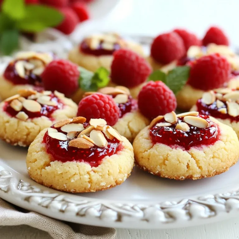 To make raspberry almond thumbprint cookies, you need the right ingredients. Here is the list: - 1 cup unsalted butter, softened - 1 cup powdered sugar - 1 teaspoon almond extract - 2 cups all-purpose flour - 1/2 teaspoon salt - 1/2 cup slivered almonds, toasted - 1/2 cup raspberry jam (or preserves) - Fresh raspberries and mint leaves for garnish (optional) Each ingredient plays a key role. The unsalted butter gives a rich base. The powdered sugar adds sweetness and a soft texture. Almond extract brings a lovely nutty flavor that pairs well with raspberry jam. All-purpose flour provides structure, while salt enhances the taste. Toasted slivered almonds add crunch and a lovely nutty finish. Finally, raspberry jam fills the center, creating a burst of flavor with each bite. You can also add fresh raspberries and mint leaves for a nice touch. These toppings make your cookies look pretty and add a fresh taste. With these ingredients, you will create a delightful treat that everyone will love. {{ingredient_image_1}} - Preheating the oven: Start by setting your oven to 350°F (175°C). This ensures even baking. - Lining baking sheets: Use parchment paper to line your baking sheet. This prevents sticking and makes cleanup easy. - Creaming butter and sugar: In a large bowl, mix 1 cup of softened butter with 1 cup of powdered sugar. Beat them together until the mix is light and fluffy. This adds air and makes the cookies soft. - Mixing in the almond extract: Add 1 teaspoon of almond extract to the butter and sugar mix. This gives your cookies a lovely flavor. Stir well to combine. - Combining dry ingredients: In another bowl, whisk together 2 cups of all-purpose flour and 1/2 teaspoon of salt. Slowly add this dry mix to the wet mix. Stir until everything is just combined. Don’t overmix, or your cookies may be tough. - Shaping the dough balls: Take about 1 tablespoon of dough and roll it into a ball. Place it on your lined baking sheet. Leave about 2 inches between each ball for spreading. - Creating thumbprints: Use your thumb or the back of a small spoon to press down in the center of each dough ball. Make a nice little well for the jam. - Filling with raspberry jam: Spoon a small amount of raspberry jam into each thumbprint. Fill it generously, but don’t let it overflow. - Adding toasted almonds: Press a few toasted slivered almonds around the edges of each thumbprint. This adds a great crunch and extra flavor. - Baking time and temperature: Place your baking sheet in the preheated oven. Bake for 12-15 minutes until the edges are lightly golden. Watch closely to avoid overbaking! - Importance of ingredient temperature: Always use softened butter. It helps mix well. Cold butter can make your cookies heavy. Let it sit out for 30 minutes. - Checking cookie doneness: Keep an eye on the edges. They should be lightly golden. The centers may look soft; they will firm up as they cool. - If cookies spread too much: If your cookies spread too much, the dough may be too warm. Chill the dough for 30 minutes. This helps keep their shape while baking. - Fixing dry or crumbly dough: If the dough feels dry, add a bit of milk. Just a tablespoon at a time will help. Mix it in well until the dough holds together. - Garnishing options: You can add fresh raspberries on top for color. A sprig of mint adds a nice touch, too. These make your cookies look fancy! - Serving suggestions: Serve them on a pretty plate for tea time. They also make great gifts in a cookie jar. Enjoy with coffee or milk for a sweet treat! Pro Tips Chill the Dough: For even better texture, chill the dough for about 30 minutes before shaping the cookies. This helps prevent spreading during baking. Use Quality Jam: Choose a high-quality raspberry jam or preserves for a rich flavor. Homemade jam can elevate the taste even further! Toasting Almonds: Toast the slivered almonds in a dry skillet over medium heat for a few minutes until golden. This enhances their flavor and adds a delightful crunch. Storage Tips: Store the cookies in an airtight container at room temperature for up to a week. For longer storage, freeze them without the jam and add the jam before serving. {{image_2}} You can change the jam in these cookies. Use strawberry or apricot for a new taste. Each jam brings its own flavor. Try orange marmalade for a citrus twist. You can also play with extracts. Use vanilla instead of almond for a different vibe. You might even mix extracts for fun flavors. If you need gluten-free cookies, swap all-purpose flour with a gluten-free blend. Look for one that works well in baking. This change keeps the cookies soft and tasty. For a vegan option, replace butter with coconut oil. Use a plant-based milk and add flaxseed meal for binding. These swaps still give you a great cookie. Make these cookies festive for the holidays. Add cinnamon or nutmeg for warmth. You can also add orange or lemon zest for a fresh touch. These spices give a seasonal feel. Decorate with colored sugar for a fun look. They will brighten up your holiday table. To keep your raspberry almond thumbprint cookies fresh, store them in an airtight container. This helps keep moisture out and keeps them soft. You can use a plastic or glass container with a tight lid. Line the bottom with parchment paper for extra care. Also, store them in a cool, dry place. Avoid areas with high humidity, as this can make the cookies soggy. At room temperature, these cookies last about one week. If you want them to last longer, consider freezing them. They can stay fresh in the freezer for up to three months. Just make sure to wrap them well in plastic wrap or foil before placing them in a freezer bag. To enjoy the cookies again, thaw them in the fridge overnight. This keeps their texture nice. If you prefer warm cookies, you can reheat them for a few seconds in the microwave. Be careful not to overheat them. Serve with a fresh raspberry or a sprig of mint for a lovely touch after storage. Yes, you can! Here are some great substitutes: - Strawberry jam - Apricot preserves - Blueberry jam - Peach jam These jams will add a unique twist to your cookies. Each option brings its own flavor. Just pick the one you like best! You can prepare the dough ahead of time. Here are some steps: - Make the dough and shape it into balls. - Place the dough balls on a baking sheet. - Cover them tightly with plastic wrap. - Store them in the fridge for up to two days. When ready, bake them straight from the fridge. They may need an extra minute or two in the oven. If you lack almond extract, try these options: - Use vanilla extract instead. - Try hazelnut extract for a nutty flavor. - Use a mix of vanilla and a tiny bit of almond flavoring. These swaps will still keep your cookies tasty! In this article, we explored the simple yet delightful thumbprint cookie recipe. We covered essential ingredients, like butter and raspberry jam, and provided step-by-step instructions to ensure your cookies turn out perfect. I shared tips for baking success and ways to adapt the recipe to suit your taste or dietary needs. Whether you want to liven up a holiday or just enjoy a sweet treat, these cookies are sure to please. With proper storage, they will stay fresh, so you can enjoy them longer. Happy baking!
