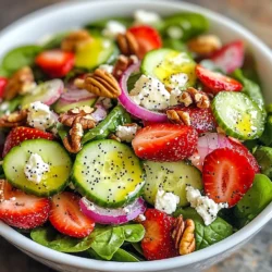 - 6 cups fresh baby spinach - 2 cups strawberries - 1 cup cucumber - 1/4 red onion - 1/2 cup feta cheese - 1/4 cup toasted pecans or walnuts - 1/4 cup olive oil - 2 tablespoons apple cider vinegar - 2 tablespoons honey or maple syrup - 1 teaspoon Dijon mustard - Salt and pepper In this salad, the fresh baby spinach is the star. It gives a nice base and adds a crisp texture. I love using six cups, which makes for a big, colorful salad. The strawberries bring in a sweet burst. They are bright red and juicy, adding a fruity touch. Thinly sliced cucumber provides a cool crunch. A little red onion gives a sharp bite to balance the flavors. For that creamy touch, I use crumbled feta cheese. It pairs perfectly with the sweet strawberries. I often add toasted pecans or walnuts for a nutty flavor and added crunch. The nuts also provide healthy fats, making the salad more filling. The dressing is simple yet tasty. I whisk together olive oil, apple cider vinegar, honey or maple syrup, and Dijon mustard. The sweetness from the honey balances the tang from the vinegar. I sprinkle salt and pepper to taste. This dressing ties all the ingredients together, making each bite delicious. {{ingredient_image_1}} First, we need to make the dressing. In a small bowl, combine these ingredients: - 1/4 cup olive oil - 2 tablespoons apple cider vinegar - 2 tablespoons honey or maple syrup - 1 teaspoon Dijon mustard - Salt and pepper Whisk them together until they blend well. This step is key for a smooth dressing. Now it's time to build your salad. Start by adding the fresh baby spinach as the base in a large salad bowl. This gives the salad a nice green color and healthy crunch. Next, layer the sliced strawberries, cucumber, and red onion on top of the spinach. The strawberries bring sweetness, while the cucumber adds freshness, and the red onion gives a punch. Finally, sprinkle the crumbled feta cheese and toasted nuts on top. This step adds creaminess and a nutty flavor that makes the salad shine. Before serving, drizzle the poppy seed dressing over the salad. This adds that extra zing. Toss everything gently to combine the flavors. It’s important to mix it well but be careful not to break the spinach or other ingredients. Enjoy your fresh and tasty treat! - This salad is best enjoyed fresh. The crispness of the spinach and strawberries makes each bite delightful. - To keep the salad fresh longer, store the dressing separately. This way, the greens do not wilt. - You can add herbs like mint or basil. They bring a fresh twist to the salad. - Experiment with different nuts or seeds. Almonds or sunflower seeds add a nice crunch. - Serve the salad in a large bowl for a family-style meal. It looks inviting and encourages sharing. - For a fancy touch, use individual plates. Garnishing with extra poppy seeds or whole strawberries makes it pop. Pro Tips Use Fresh Ingredients: Always opt for the freshest spinach and strawberries to enhance the flavor and nutritional value of your salad. Customize Your Nuts: Feel free to substitute pecans or walnuts with your favorite nuts, such as almonds or pistachios, for a unique twist. Make Ahead: Prepare the dressing in advance and store it in the refrigerator. Just remember to give it a good shake before using. Serving Suggestions: Pair this salad with grilled chicken or fish for a complete meal that's both light and satisfying. {{image_2}} You can change this salad to fit the seasons. In summer, try using peaches or blueberries instead of strawberries. These fruits add a sweet twist. You can also swap in seasonal greens like arugula or kale for a different flavor and texture. Each season brings new options, letting you enjoy fresh tastes year-round. If you need a gluten-free dish, this salad is perfect. All its ingredients are gluten-free, so you can enjoy it without worry. For those who follow a vegan diet, simply use dairy-free cheese instead of feta. It gives the salad a creamy texture without the dairy. These changes let everyone enjoy this salad. To make this salad heartier, you can add proteins. Grilled chicken makes it filling and flavorful. Chickpeas are another great option, adding a nice crunch and plant protein. If you want even more nutrition, mix in quinoa. It’s packed with protein and fiber. These additions turn a light salad into a full meal. To keep your salad fresh, store it in an airtight container. This method keeps the flavors intact. Enjoy the salad within 1-2 days for the best taste. After this time, the spinach may wilt, and the strawberries could lose their sweetness. Freezing this salad is not a good idea. The texture of spinach and strawberries changes when frozen. You will end up with a mushy salad that doesn’t taste great. Fresh ingredients shine in this dish, so stick to storing it in the fridge. Store the poppy seed dressing in a separate jar in your fridge. This helps keep the salad crisp. Before using the dressing, shake it well to mix the ingredients. This step ensures you get all the great flavors in each serving. If you don’t have feta, try goat cheese. It has a creamy texture and tangy flavor. You can also use non-dairy cheese for a vegan option. Look for ones that crumble well. This way, you keep the salad’s creamy touch without using feta. Yes, you can prep parts of the salad ahead of time. Wash and dry the spinach, and slice the strawberries and cucumber. Keep these in the fridge. Make the dressing and store it in a jar. Just mix everything before serving. This keeps the salad fresh and crisp. Serve the salad in a large bowl for family-style meals. For smaller gatherings, use individual plates. Drizzle the dressing on just before serving. This helps keep the greens crunchy. You can also garnish with extra poppy seeds and whole strawberries for a pretty look. This salad combines fresh ingredients, tasty cheese, and flavorful dressing. You start with greens, then add fruits and crunchy nuts. The dressing brings everything together. Remember, it's best fresh, but you can store extras correctly. Feel free to change ingredients based on seasons or diets. This salad is not only healthy but also fun to make! You can impress friends and family with easy serving tips and creative touches. Enjoy your next meal!