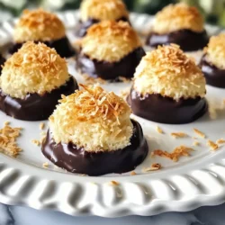 To make chocolate dipped coconut macaroons, you need: - 2 ¾ cups shredded unsweetened coconut - 1 cup sweetened condensed milk - 1 teaspoon vanilla extract - 2 large egg whites - ¼ teaspoon salt - ½ cup semisweet chocolate chips - 1 teaspoon coconut oil (optional) You can easily swap some ingredients for others. If you want to make it dairy-free, use coconut cream instead of sweetened condensed milk. You can also use egg replacers if you want a vegan option. Instead of semisweet chocolate chips, you can choose dark chocolate or milk chocolate, depending on your taste. Using quality ingredients makes a big difference in taste. Fresh, unsweetened coconut brings a natural flavor. Good chocolate gives a rich, smooth finish. When you use high-quality ingredients, your macaroons will be more delicious and satisfying. Trust me, it’s worth it! {{ingredient_image_1}} First, set your oven to 325°F (165°C). This step is key for even baking. Next, line a baking sheet with parchment paper. This helps prevent sticking and makes cleanup easy. In a medium bowl, combine 2 ¾ cups shredded coconut, 1 cup sweetened condensed milk, and 1 teaspoon vanilla extract. Stir well until all the coconut is coated. This mixture gives your macaroons a sweet and rich flavor. In a separate large bowl, take 2 large egg whites and add ¼ teaspoon salt. Use an electric mixer to beat them on medium speed. Beat until stiff peaks form, which takes about 4-5 minutes. This step makes your macaroons light and airy. Gently fold your coconut mixture into the beaten egg whites. Be careful not to deflate the egg whites too much. Now, using a cookie scoop or your hands, form small mounds. Place them on the baking sheet about 1 inch apart. Bake for 20-25 minutes, until the edges are golden brown. While your macaroons cool, melt ½ cup semisweet chocolate chips in a microwave-safe bowl. Heat in 30-second intervals. Stir in between until melted. If you like, add 1 teaspoon coconut oil for a smoother dip. Once cooled, dip the bottom half of each macaroon into the chocolate. Allow excess to drip off. Place them back on the parchment-lined sheet. You can sprinkle extra shredded coconut on top if you’d like. Refrigerate for 30 minutes to let the chocolate firm up. To get the right texture, mix the coconut and wet ingredients well. Use shredded unsweetened coconut for the best flavor. The sweetened condensed milk adds moisture, while the egg whites give lift. When you beat the egg whites, aim for stiff peaks. This step is key. It makes your macaroons light and airy. Gently fold the coconut mix into the egg whites. Don’t stir too hard, or you’ll lose that fluffiness. One mistake is overmixing the egg whites. If you beat them too much, they can become dry. Another common error is not spacing the macaroons on the baking sheet. They need room to rise. Also, watch the baking time. Macaroons can burn quickly. Keep an eye on them and remove them when the edges are golden. Lastly, be careful when dipping in chocolate. Let excess chocolate drip off to avoid a messy look. Store your macaroons in an airtight container. They stay fresh for up to a week at room temperature. If you want them to last longer, refrigerate them. They can keep for about two weeks this way. To reheat, just place them in a warm oven for a few minutes. This helps restore their soft texture. Enjoy your treats fresh and tasty! Pro Tips Use Fresh Coconut: For an even more delicious flavor, consider using fresh coconut instead of shredded coconut. It adds a delightful texture and taste. Don't Overmix: When folding the coconut mixture into the egg whites, be gentle. Overmixing can deflate the egg whites, leading to less fluffy macaroons. Chocolate Melting Tip: To achieve a smooth chocolate coating, add a teaspoon of coconut oil to the melted chocolate. This helps it glide easily over the macaroons. Storage Secrets: Store leftover macaroons in an airtight container at room temperature for up to a week, or refrigerate for longer freshness. {{image_2}} You can change the chocolate flavor in many ways. Try dark chocolate for a rich taste. Milk chocolate gives a creamy, sweet bite. You could even use white chocolate for a sweet twist. For something fun, add flavored chocolate. Peppermint or orange-flavored chocolate can make the macaroons pop. Adding more flavors can make your macaroons special. You might mix in nuts like almonds or pecans. Dried fruit, like cherries or cranberries, adds sweetness and chewiness. Coconut flakes on top can give a nice crunch. You could even drizzle extra chocolate on top for a fancy touch. If you want less sweetness, use unsweetened coconut. You can also reduce the sweetened condensed milk. For a sweeter taste, add a bit of sugar to the coconut mix. Taste the mix before baking to find your perfect level. Balancing sweetness makes each bite just right. To keep your chocolate dipped coconut macaroons fresh, store them in an airtight container. Place parchment paper between layers to prevent sticking. Keep the container at room temperature for the best texture. Avoid direct sunlight or heat, as this can make them sticky. When stored properly, these macaroons last about 5 days. If you want them to stay fresh longer, consider freezing them. They taste great fresh, but they still hold their flavor over a few days. To freeze your macaroons, first let them cool completely. Then, place them in a single layer on a baking sheet. Freeze them for about 1 hour until firm. After that, transfer them to a freezer-safe bag or container. They can last up to 3 months in the freezer. When ready to eat, let them thaw in the fridge overnight. Enjoy the delightful taste of your macaroons anytime! Yes, you can easily make these macaroons gluten-free. The main ingredient is shredded coconut, which is naturally gluten-free. Just ensure that your coconut is labeled gluten-free to avoid any cross-contamination. You do not need any flour in this recipe, so you are good to go! The best way to melt chocolate is in the microwave. Place your chocolate chips in a microwave-safe bowl. Heat them in 30-second bursts, stirring in between. This helps the chocolate melt evenly without burning. If you want a smoother finish, add a teaspoon of coconut oil. To make these macaroons vegan, replace the egg whites with aquafaba. Aquafaba is the liquid from canned chickpeas. Use about 3 tablespoons of aquafaba for each egg white. Beat it until stiff peaks form, just like you would with egg whites. The rest of the recipe remains the same. Macaroons and macarons are quite different. Macaroons are made with coconut, egg whites, and sugar, while macarons are meringue cookies made with almond flour and filled with cream. Macaroons are chewy and dense, while macarons are light and airy. Both are delicious but unique in texture and flavor! You can use unsweetened chocolate, but it will change the taste. Unsweetened chocolate is much more bitter. You might want to add extra sugar or sweetened condensed milk to balance the flavor. Semisweet chocolate provides a nice sweetness that works well with the macaroons. Understanding the right ingredients is key to perfect macaroons. Quality matters for taste and texture. I shared easy steps to mix, bake, and dip your treats. You learned helpful tips to avoid common mistakes and store them safely. Don’t forget the fun variations to try! Whether changing flavors or sweetness, enjoy experimenting. Now, you're ready to make delicious macaroons. Happy baking!