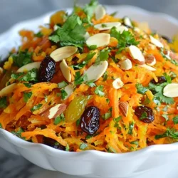 - Carrots and Raisins - Use 4 large carrots, peeled and grated. They add crunch and sweetness. - Add 1/4 cup of raisins for extra sweetness and texture. - Nuts and Herbs - Include 1/4 cup of slivered almonds. Toast them to bring out flavor. - Use 1/4 cup of fresh cilantro, chopped. It adds freshness and color. - Spices and Dressing Components - Measure 1 tablespoon of ground cumin for warmth. - Add 1 teaspoon of ground coriander for a citrusy note. - Use 1 teaspoon of paprika for a slight smokiness. - Add 1/2 teaspoon of cinnamon for warmth and sweetness. - Mix in 2 tablespoons of honey for a touch of sweetness. - Include 3 tablespoons of olive oil for richness. - Use 2 tablespoons of fresh lemon juice for brightness. - Season with salt and pepper to taste, balancing the flavors. Each ingredient plays a key role in making the salad fresh and flavorful. The carrots provide a crisp base, while the spices bring warmth. The nuts and herbs add texture and brightness. It's a simple yet delicious combination. {{ingredient_image_1}} Grating Carrots Start by peeling and grating 4 large carrots. Use the large holes on a box grater. This gives the salad a nice texture. Toasting Almonds Next, take 1/4 cup of slivered almonds. Heat a small skillet over medium heat. Add the almonds and toast for about 3-5 minutes. Stir them often until they turn a golden brown. This step brings out their flavor. Once toasted, set them aside to cool. Mixing Dressings In a separate bowl, whisk together the spices and liquids. Combine 1 tablespoon ground cumin, 1 teaspoon ground coriander, 1 teaspoon paprika, and 1/2 teaspoon cinnamon. Then add 2 tablespoons honey, 3 tablespoons olive oil, and 2 tablespoons fresh lemon juice. Mix well and taste. Adjust salt and pepper to your liking. Tossing the Carrot Mixture In a large mixing bowl, combine the grated carrots and 1/4 cup raisins. Add the toasted almonds to this mix. Toss gently to combine. Incorporating the Dressing Now, pour the dressing over the carrot mixture. Toss gently until everything is coated. Ensure that the carrots and raisins get a nice glaze from the dressing. Folding in Cilantro Finally, chop 1/4 cup of fresh cilantro. Fold it into the salad mixture. This adds freshness and brightens the flavors. Time for Flavor Meld Let the salad sit for at least 15-20 minutes. This waiting time helps the flavors meld together. It makes every bite more delicious. Recommended Serving Temperature Serve the salad at room temperature. This brings out the best flavors. You can also garnish with extra almonds and cilantro for a lovely presentation. Enjoy! Selecting the Right Carrots Choose large, firm carrots. Look for bright color and smooth skin. Avoid any that feel soft or look dull. Fresh carrots make your salad crunchy and sweet. Proper Toasting Techniques for Almonds Toast slivered almonds in a hot skillet. Use medium heat and stir often. Watch them closely, as they can burn quickly. Toasting adds flavor and crunch to your salad. Balancing Flavors in the Dressing Mix spices like cumin and coriander for warmth. Honey adds sweetness, while lemon juice gives a zesty kick. Taste the dressing before adding it to the salad. Adjust salt and pepper to fit your taste. Serving Styles Serve the salad in a shallow bowl. This allows the colors to shine. You can also layer it in a glass dish for a fun look. Garnishing Ideas Top with extra slivered almonds for crunch. Fresh cilantro leaves add color and aroma. A sprinkle of paprika can make the dish pop. Pro Tips Use Fresh Carrots: For the best flavor and texture, choose fresh, firm carrots. They should be vibrant in color and free from blemishes. Adjust Sweetness: Depending on your preference, you can adjust the amount of honey in the dressing. Feel free to add more for a sweeter salad. Chill for Flavor: Allowing the salad to sit for longer than 20 minutes can enhance the flavors even more. Consider refrigerating it for an hour before serving. Nut Alternatives: If you have nut allergies, substitute the slivered almonds with sunflower seeds or pumpkin seeds for added crunch without the nuts. {{image_2}} You can customize your Moroccan spiced carrot salad in fun ways. Start with nuts and seeds. If you want a crunch, try walnuts or pumpkin seeds. They add a different flavor and texture. When it comes to veggies, think beyond carrots. Add bell peppers for color and sweetness. You can also use grated zucchini for moisture. Both will make your salad even more colorful and tasty. Adjusting spice levels is easy. If you like it mild, cut the cumin in half. For more kick, add extra paprika or a pinch of cayenne. Tailor the spices to your taste. You can also play with sweetness. If you prefer less honey, use maple syrup instead. For a fruity twist, try adding orange juice. It will brighten the flavors and make it refreshing. To store leftovers, place the Moroccan spiced carrot salad in an airtight container. Make sure to cover it well. This keeps the salad fresh and tasty. You can refrigerate it for up to three days. The flavors will still be good, but the carrots may lose some crunch. You may wonder, can this salad be frozen? Yes, you can freeze it! However, freezing may change the texture. The carrots can become soft after thawing. To freeze, pack the salad in a freezer-safe container. Leave some space for expansion. You can store it for up to three months. When ready to eat, thaw it in the fridge overnight. What can I substitute for raisins? You can use dried cranberries or chopped dates instead of raisins. Both add sweetness and texture. Try using chopped apples for a fresh crunch, too. How can I make this dish vegan? To make this salad vegan, simply replace honey with maple syrup or agave nectar. Both options keep the sweetness without using animal products. Can I prepare this salad in advance? Yes, you can make this salad a day ahead. Prepare it and store it in the fridge. Just remember to toss it before serving for the best flavor. This blog post detailed the essential steps to make a delightful Moroccan spiced carrot salad. You learned about the key ingredients, including carrots, nuts, and spices. We covered preparation tips and how to combine everything for the best flavor. I also shared storage advice and variations to keep it fresh. In my experience, this salad shines with creativity. Enjoy experimenting with ingredients to suit your taste. Whether you eat it right away or let it marinate, this salad stands out on any table.