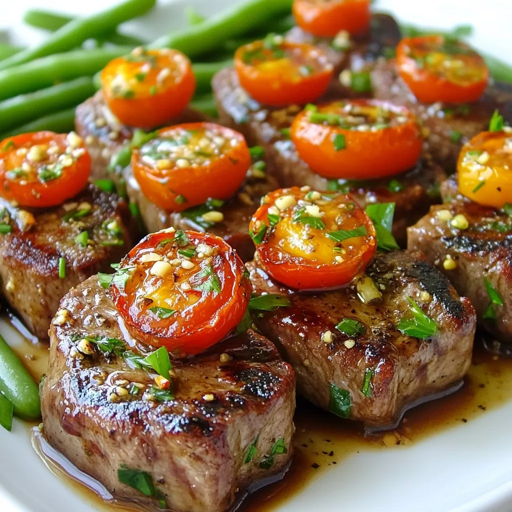 For this recipe, you need fresh and simple items. Here’s what you will need: - 1 lb sirloin steak, cut into bite-sized pieces - 4 tablespoons unsalted butter - 4 cloves garlic, minced - 1 teaspoon fresh rosemary, chopped - 1 teaspoon fresh thyme, chopped - Salt and pepper to taste - 1 tablespoon olive oil - 1 cup cherry tomatoes, halved - 1 cup fresh green beans, trimmed These ingredients work together to create a tasty dish. The sirloin steak gives a nice flavor and texture. The garlic and herbs add wonderful aroma and taste. The seasoning is key to great flavor. Use fresh herbs like rosemary and thyme. These herbs add depth and a fresh taste. Don't forget the salt and pepper! They balance the flavors. The olive oil helps the steak bites to cook evenly and adds richness. For a fresh touch, consider adding garnishes. Chopped parsley adds color and a hint of freshness. You can also sprinkle some extra herbs if you want. These small touches make the dish look beautiful and appealing. {{ingredient_image_1}} First, gather your ingredients. You need 1 pound of sirloin steak, cut into bite-sized pieces. Grab 4 tablespoons of unsalted butter, and 4 cloves of minced garlic. Don't forget 1 teaspoon each of fresh rosemary and thyme. Add salt and pepper to taste. You will also need 1 tablespoon of olive oil, 1 cup of halved cherry tomatoes, and 1 cup of trimmed green beans. Finally, have 2 tablespoons of chopped parsley for garnish. Start by preheating your oven to 400°F (200°C). Line a baking sheet with parchment paper to make cleanup easy. Take a large bowl and mix the steak bites with olive oil, minced garlic, rosemary, thyme, salt, and pepper. Toss them well until the steak is fully coated with the mix. Spread the seasoned steak bites evenly on one side of the baking sheet. On the other side, place the cherry tomatoes and green beans. Drizzle these veggies with a bit of olive oil. Add salt and pepper for taste. Cut the butter into small pieces and place it over the steak bites. Now it’s time to bake! Place the sheet pan in the oven and bake for about 12-15 minutes. For best results, flip the steak bites halfway through cooking. This helps them cook evenly. You want the steak to reach a medium-rare doneness for the best flavor and tenderness. Once cooked, remove the sheet pan from the oven. Let it rest for a few minutes before serving. Top your dish with fresh parsley for a nice touch. Enjoy your delicious meal! For this recipe, I recommend using sirloin steak. Sirloin is tender and flavorful. You can also try ribeye. Ribeye has more fat, which adds taste but may be richer. Always look for good marbling in the meat. This makes your bites juicy and delicious. Cut the steak into uniform pieces. This helps them cook evenly. Garlic butter is key for flavor. Use fresh garlic for the best taste. Mince the garlic finely so it spreads well. Mix it with softened butter before adding it to the steak. The heat will melt the butter, mixing the flavors. Add fresh herbs like rosemary and thyme. They bring out the garlic's rich notes and make every bite special. When cooking vegetables, cut them into even sizes. This ensures they cook at the same rate. For this recipe, use cherry tomatoes and green beans. They cook quickly and pair well with steak. Toss them in olive oil and season them well. This enhances their natural sweetness. Remember to space them out on the sheet pan. This helps them roast instead of steam. Pro Tips Resting the Steak: Allow the steak bites to rest for a few minutes after baking. This helps redistribute the juices, ensuring a more flavorful bite. Choosing the Right Cut: Sirloin is a great choice for this recipe, but you can also use ribeye for a richer flavor and tenderness. Vegetable Variations: Feel free to swap out cherry tomatoes and green beans for seasonal vegetables like bell peppers or zucchini for added color and nutrition. Butter Infusion: For an extra layer of flavor, consider using flavored butter, such as garlic herb butter, to dot on the steak bites before baking. {{image_2}} You can change the herbs to boost flavor. I love using fresh basil or oregano. Both add a nice twist. You can mix in dried herbs if fresh ones are not available. Just use less, as dried herbs are stronger. Try adding a pinch of smoked paprika for a warm, deep flavor. You can use different veggies to match your taste. Bell peppers add sweetness and color. Zucchini slices are great for a soft bite. Mushrooms bring a nice umami flavor. Just cut them to similar sizes to cook evenly. Always remember to season the veggies well. If you like it hot, add some red pepper flakes. Just a pinch can make a big difference. For more heat, slice fresh jalapeños or serrano peppers. Toss them in with the steak. You can also try a splash of hot sauce before serving for an extra kick. To store your leftover steak bites, let them cool completely. Place the bites in an airtight container. Make sure to separate the veggies. This helps keep everything fresh. Store in the fridge for up to three days. When you are ready to eat, you want them to taste great. To reheat your steak bites, preheat your oven to 350°F (175°C). Place the steak and veggies on a baking sheet. Cover with foil to keep moisture in. Heat for about 10 minutes. This keeps the steak tender and juicy. You can also use a microwave. Heat in short bursts so you don’t overcook them. If you want to freeze your steak bites, make sure they are cool. Place them in a freezer-safe bag or container. Remove as much air as you can. They will stay good in the freezer for up to three months. When you're ready to eat, thaw them overnight in the fridge. Reheat them as mentioned above. This way, you can enjoy a delicious meal later! To keep your steak bites tender, start with good quality meat. Choose sirloin, as it cooks well. Cut the steak into even pieces. This helps them cook evenly. Marinate the steak for at least 30 minutes. Use olive oil, garlic, and herbs for flavor and moisture. When baking, keep an eye on the time. Cook for 12-15 minutes at 400°F. Flip the bites halfway through for even cooking. Let them rest after baking. This keeps the juices inside. Yes, you can use other types of steak. Ribeye is a great choice for rich flavor. Tenderloin also works well for a softer bite. Flank steak is lean and good if sliced thin. Just remember to adjust cooking time based on the cut. Thinner cuts cook faster, while thicker cuts need more time. Always check for doneness to get the best results. Garlic butter steak bites pair well with many sides. You can serve them with mashed potatoes for creaminess. Rice is another good option for soaking up the garlic butter. For a lighter meal, try a fresh salad. Green beans and cherry tomatoes are already in the recipe, which adds color and nutrition. Crusty bread is great for dipping in the garlic butter, too. Feel free to mix and match your favorites! In this blog post, we covered how to create mouthwatering sheet pan garlic butter steak bites. I shared key ingredients, step-by-step instructions, and valuable tips for success. You learned about different flavor variations, how to store leftovers, and frequently asked questions to enhance your cooking. I believe these simple steps will help you enjoy a delicious meal. Now it's time to try this dish in your kitchen. Happy cooking!