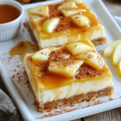 To make these delicious bars, gather the following key ingredients: - 1 ½ cups graham cracker crumbs - ½ cup unsalted butter, melted - 1 tablespoon granulated sugar - 2 (8 oz) packages cream cheese, softened - ¾ cup granulated sugar - ½ teaspoon vanilla extract - 2 large eggs - 2 medium apples, peeled, cored, and diced - 1 teaspoon ground cinnamon - ½ cup caramel sauce, plus extra for drizzling - ½ cup chopped pecans or walnuts (optional) Each ingredient plays a vital role. The graham cracker crumbs form the crust, while cream cheese gives the bars their creamy texture. Apples add sweetness and a bit of crunch. You can customize your cheesecake bars with some fun add-ins. Here are a few ideas: - Chopped nuts like pecans or walnuts add a nice crunch. - For a twist, try adding dried cranberries or raisins. - A splash of lemon juice can enhance the apple flavor. Feel free to mix and match based on your taste! If you need to swap out some ingredients, here are some suggestions: - Use gluten-free graham crackers for a gluten-free crust. - Cream cheese can be replaced with mascarpone for a richer flavor. - Try using maple syrup instead of granulated sugar for a different sweetness. These substitutions can help you cater to dietary needs or personal preferences while still making tasty bars! {{ingredient_image_1}} To start, preheat your oven to 325°F (163°C). Grab a 9x9 inch baking pan and line it with parchment paper. Leave some paper hanging over the sides. This makes it easy to lift the bars later. In a medium bowl, mix together 1 ½ cups of graham cracker crumbs, ½ cup of melted unsalted butter, and 1 tablespoon of granulated sugar. Stir until it looks like wet sand. Press this mixture firmly into the bottom of your pan. Bake the crust for about 10 minutes, until it's lightly golden. Once done, take it out and let it cool a bit. In a large mixing bowl, beat together 2 packages of softened cream cheese and ¾ cup of sugar. Mix until it’s smooth and creamy, about 2 to 3 minutes. Then, add in ½ teaspoon of vanilla extract and the eggs, one by one. Mix until everything is just combined. Be careful not to overmix. Now it's time for the fun part! Fold in 2 diced apples, 1 teaspoon of ground cinnamon, and ½ cup of chopped nuts if you want. Mix until everything is evenly spread out. Pour the cheesecake filling over your cooled crust, spreading it out evenly. Drizzle ½ cup of caramel sauce on top. Use a knife or toothpick to swirl the caramel into the filling. This gives it a lovely marbled look. Bake the entire thing for 35 to 40 minutes. You'll know it's ready when the edges are set and the center is slightly jiggly. Don't worry; it will firm up as it cools. Let the bars cool to room temperature. After that, refrigerate them for at least 4 hours or overnight. This helps the texture become perfect. When ready, lift the cheesecake out of the pan using the parchment paper. Cut it into bars and drizzle more caramel sauce on top before serving. Enjoy your delicious creation! To get a smooth and creamy cheesecake, start with softened cream cheese. Cold cream cheese will create lumps. Beat it well for 2-3 minutes. This helps mix in air and makes the texture light. Add eggs one at a time, mixing gently. Overmixing can cause cracks in your cheesecake. Lastly, let it cool slowly to avoid sudden temperature changes. One common mistake is baking at the wrong temperature. Always preheat your oven to 325°F. If it’s too hot, the edges may set too fast. Avoid opening the oven door too often while baking. This can cause uneven baking. Also, do not skip letting the bars chill properly. This step is key for the best taste and texture. When serving caramel apple cheesecake bars, presentation matters. Place them on a rustic wooden board. Add thin apple slices and a sprinkle of cinnamon for color. Drizzle extra caramel sauce on top for a sweet touch. For a fun idea, serve with a small bowl of caramel for dipping. This adds an interactive element to your dessert! Pro Tips Choose the Right Apples: Use firm varieties like Fuji or Granny Smith to maintain texture and flavor in your cheesecake bars. Don’t Overmix: When adding eggs to the cream cheese mixture, mix until just combined to ensure a smooth and creamy texture without cracks. Chill for Best Results: Refrigerate the bars overnight for the best flavor and texture; they will slice more cleanly when fully chilled. Garnish Creatively: Enhance presentation by garnishing with thin apple slices and a sprinkle of cinnamon, along with extra caramel for dipping. {{image_2}} You can choose many apples for these bars. Some great options include: - Fuji - Granny Smith - Honeycrisp - Braeburn Fuji apples add sweetness. Granny Smith gives a tart bite. Honeycrisp offers a nice crunch. Braeburn brings a mix of sweet and tart. Use your favorite or mix different types for unique flavors. To enhance the taste, consider adding spices and extracts. Here are some ideas: - Ground nutmeg - Allspice - Maple extract - Almond extract A pinch of nutmeg gives warmth. Allspice adds depth. Maple extract brings a sweet, cozy flavor. Almond extract pairs well with apples. Just remember, a little goes a long way. Adapting this recipe for special diets is easy. For gluten-free bars, switch the graham cracker crumbs to gluten-free ones. Many brands make good alternatives. If you want nut-free bars, leave out the pecans or walnuts. You can also use seeds for crunch. Sunflower seeds work well. Your bars will still taste great and be safe for everyone! To keep your cheesecake bars fresh, place them in an airtight container. Make sure they are fully cooled before storing. You can layer them with parchment paper to prevent sticking. Store them in the fridge for up to five days. This way, you can enjoy a sweet treat anytime! You can freeze these cheesecake bars for longer storage. First, let them cool completely. Next, wrap each bar tightly in plastic wrap. Then, place them in a freezer-safe container. They can last up to three months in the freezer. When you want to enjoy them, just thaw them in the fridge overnight. If you want to warm up your cheesecake bars, preheat the oven to 300°F (150°C). Place the bars on a baking sheet and cover them with foil. Heat for about 10-15 minutes until warm. Avoid microwaving them, as that can make the texture less creamy. Enjoy your delicious dessert warm or cold! Yes, you can make these bars ahead of time. I suggest making them a day before you plan to serve. Once you cool and chill them, they will taste even better. The flavors have time to blend and deepen. Just keep them covered in the fridge. This way, you can enjoy them fresh without stress on the day of your event. You will know the cheesecake is done when the edges are set, and the center is slightly jiggly. It will firm up as it cools. After baking, let it sit to cool to room temperature. Then chill it in the fridge for a few hours. This helps it reach the right texture. If you check it too early, it may be too soft. Caramel sauce is a great choice to drizzle on top of these bars. It adds extra sweetness and richness. You can also try a warm apple sauce for a fruity twist. A scoop of vanilla ice cream on the side is another fantastic option. It balances the flavors and adds a creamy touch. This blog post showed you how to make delicious caramel apple cheesecake bars. We covered key ingredients, easy steps, and tips for success. You learned about variations, storage, and helpful FAQs too. As you start baking, remember that practice makes perfect. Enjoy experimenting with flavors and tweaks. These bars will impress your friends and family every time you make them. Happy baking!
