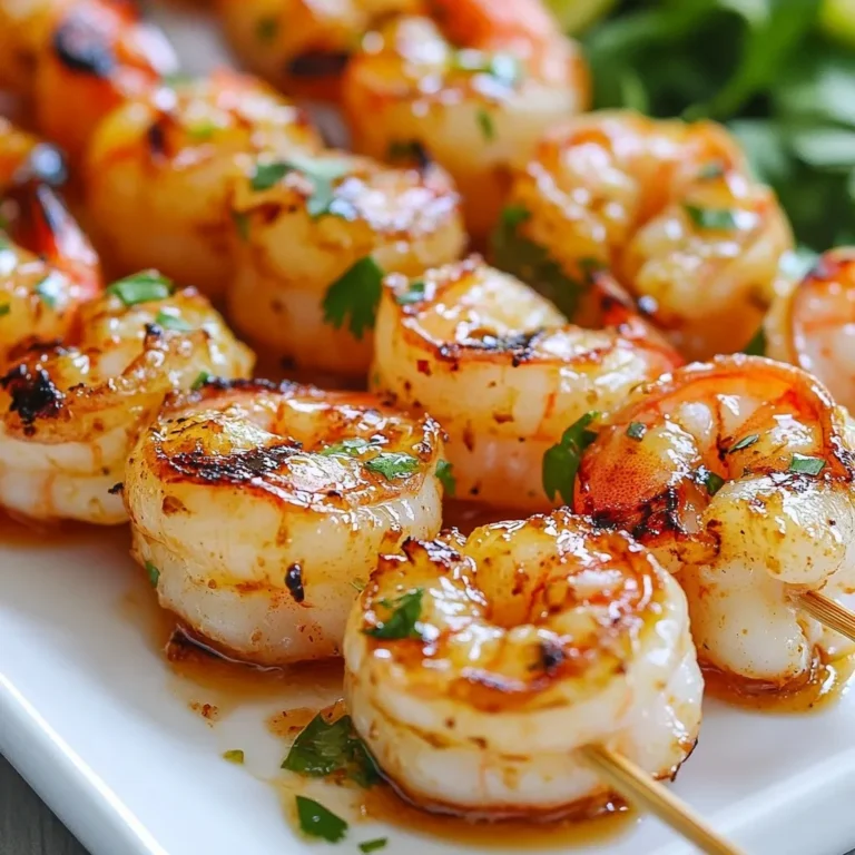 - 1 lb large shrimp, peeled and deveined - 2 tablespoons olive oil - Zest of 1 lime - Juice of 2 limes - 1 tablespoon honey - 2 teaspoons chili powder - 1 teaspoon smoked paprika - 2 cloves garlic, minced - Salt and pepper to taste - Fresh cilantro for garnish - Skewers (soaked in water if wooden) I use one pound of large shrimp for this dish. Make sure to peel and devein them first. For the marinade, I mix two tablespoons of olive oil, the zest and juice from one lime, and two limes. I add one tablespoon of honey for sweetness. For spice, I include two teaspoons of chili powder and one teaspoon of smoked paprika. I also add two cloves of minced garlic, and salt and pepper to taste. To finish, I like to add fresh cilantro on top for color and flavor. You can also try lime wedges or sliced jalapeños for a spicy kick. These extras make the dish even more fun! {{ingredient_image_1}} Start by mixing the marinade. In a bowl, add olive oil, lime zest, lime juice, honey, chili powder, smoked paprika, minced garlic, salt, and pepper. Whisk this mix until smooth. Then, add the shrimp. Toss gently to coat every piece. Cover the bowl and put it in your fridge. Let the shrimp marinate for at least 30 minutes. For more flavor, you can let it sit for up to 2 hours. While the shrimp marinates, get your grill ready. Preheat your grill to medium-high heat. If you use wooden skewers, soak them in water for 30 minutes. This prevents them from burning. Make sure the grill grates are clean to avoid sticking. Once the shrimp are marinated, it’s time to skewer them. Thread the shrimp onto the skewers. Leave a little space between each shrimp. This helps them cook evenly. Place the skewers on the grill. Grill for 2-3 minutes on each side. Look for the shrimp to turn opaque with nice grill marks. Be careful! Overcooked shrimp can turn tough. When done, remove the skewers and let them rest for a minute. Garnish with fresh cilantro before serving. Enjoy your flavorful dish! To make the best marinade, use fresh lime juice and zest. The lime adds a bright flavor. Mix olive oil, honey, chili powder, smoked paprika, and minced garlic. This blend gives the shrimp a tasty kick. Let the shrimp soak in the marinade for at least 30 minutes. For more flavor, try marinating for up to 2 hours. Shrimp cook quickly. Grill them for just 2-3 minutes on each side. When they turn opaque, they are ready. Overcooked shrimp can be tough and chewy. Keep an eye on them while grilling to avoid this mistake. Remove them from the grill as soon as they are done. Preheat your grill to medium-high heat. This helps to sear the shrimp and lock in flavor. If using wooden skewers, soak them in water for 30 minutes to prevent burning. Space the shrimp a bit apart on the skewers. This allows the heat to circulate and cook evenly. After grilling, let the skewers rest for a minute. Garnish with fresh cilantro for a pop of color and flavor. Pro Tips Marinate Longer for More Flavor: While 30 minutes is sufficient, letting the shrimp marinate for up to 2 hours will enhance the flavors significantly. Check Shrimp Freshness: Ensure your shrimp are fresh and firm to the touch for the best texture and flavor. Use a Meat Thermometer: For perfectly cooked shrimp, use a meat thermometer to ensure they reach an internal temperature of 120°F (49°C). Experiment with Seasonings: Feel free to adjust the chili powder and smoked paprika based on your heat preference or try adding other spices for a unique twist. {{image_2}} You can switch up the marinade to match your taste. If you want more heat, add more chili powder or a dash of cayenne pepper. For a sweet twist, try using maple syrup instead of honey. You can also mix in some soy sauce for a savory kick. Fresh herbs like parsley or basil can add a nice touch too. Experimenting with these flavors makes the dish fun and unique. If you want a veggie version, you can use mushrooms, bell peppers, or zucchini. Cut them into chunks similar to shrimp size. Marinate the veggies using the same chili lime mix. They will soak up the flavors just like shrimp do. Skewer them together and grill as you would with shrimp. This option is great for parties and offers a tasty alternative for non-meat eaters. You can make these skewers without a grill. If you choose the oven, preheat it to 400°F. Place the skewers on a baking sheet lined with foil. Bake for about 8-10 minutes or until the shrimp are opaque. If you want a nice char, switch your oven to broil for the last 2 minutes. This cooks the shrimp quickly and gives them a great texture. You can also use a broiler if you don't have a grill, which works well for the same reason. To store leftover chili lime grilled shrimp skewers, let them cool first. Place them in an airtight container. This keeps them fresh and safe. You can store them in the fridge for up to two days. Make sure to separate the shrimp from any extra marinade. This helps to prevent sogginess. When you're ready to enjoy them again, reheat the skewers. You can use a grill, skillet, or oven. If using a grill, heat it to medium. Grill the shrimp for about 1-2 minutes on each side. If using a skillet, add a bit of oil and heat on medium. Cook until warmed through. If using the oven, place them on a baking sheet at 350°F for about 5-7 minutes. Avoid overcooking to keep shrimp tender. You can also freeze the skewers if you have extras. Wrap them tightly in plastic wrap or foil. Place them in a freezer bag. This helps prevent freezer burn. They can last up to three months in the freezer. To cook from frozen, thaw them in the fridge overnight before reheating. You should marinate the shrimp for at least 30 minutes. This allows the shrimp to soak up the flavors. For even better taste, you can marinate for up to 2 hours. Just be careful not to go too long, as the acid can start to cook the shrimp. Yes, you can use frozen shrimp. Just make sure to thaw them first. Place the shrimp in the fridge overnight or run them under cold water for quick thawing. Once thawed, peel and devein them if needed, then follow the recipe as usual. Chili lime grilled shrimp skewers pair well with many sides. Here are some tasty options: - Cilantro lime rice - Grilled corn on the cob - Fresh salad with avocado - Zesty coleslaw These sides will add freshness and balance to your meal. Shrimp are cooked when they turn opaque and curl into a C shape. This usually takes about 2-3 minutes per side on the grill. Be cautious not to overcook them, as they can become tough and rubbery. If unsure, cut one open to check; it should be pink and firm inside. In this blog post, we explored how to make Chili Lime Grilled Shrimp Skewers. We covered all the needed ingredients, preparation steps, and essential tips. I shared variations to suit your taste and storage options for leftovers. Grilling shrimp can be fun and easy with these clear steps. Enjoy delicious skewers at your next cookout! Happy grilling!