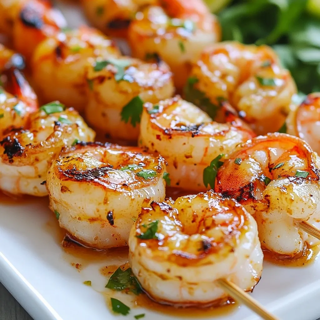 - 1 lb large shrimp, peeled and deveined - 2 tablespoons olive oil - Zest of 1 lime - Juice of 2 limes - 1 tablespoon honey - 2 teaspoons chili powder - 1 teaspoon smoked paprika - 2 cloves garlic, minced - Salt and pepper to taste - Fresh cilantro for garnish - Skewers (soaked in water if wooden) I use one pound of large shrimp for this dish. Make sure to peel and devein them first. For the marinade, I mix two tablespoons of olive oil, the zest and juice from one lime, and two limes. I add one tablespoon of honey for sweetness. For spice, I include two teaspoons of chili powder and one teaspoon of smoked paprika. I also add two cloves of minced garlic, and salt and pepper to taste. To finish, I like to add fresh cilantro on top for color and flavor. You can also try lime wedges or sliced jalapeños for a spicy kick. These extras make the dish even more fun! {{ingredient_image_1}} Start by mixing the marinade. In a bowl, add olive oil, lime zest, lime juice, honey, chili powder, smoked paprika, minced garlic, salt, and pepper. Whisk this mix until smooth. Then, add the shrimp. Toss gently to coat every piece. Cover the bowl and put it in your fridge. Let the shrimp marinate for at least 30 minutes. For more flavor, you can let it sit for up to 2 hours. While the shrimp marinates, get your grill ready. Preheat your grill to medium-high heat. If you use wooden skewers, soak them in water for 30 minutes. This prevents them from burning. Make sure the grill grates are clean to avoid sticking. Once the shrimp are marinated, it’s time to skewer them. Thread the shrimp onto the skewers. Leave a little space between each shrimp. This helps them cook evenly. Place the skewers on the grill. Grill for 2-3 minutes on each side. Look for the shrimp to turn opaque with nice grill marks. Be careful! Overcooked shrimp can turn tough. When done, remove the skewers and let them rest for a minute. Garnish with fresh cilantro before serving. Enjoy your flavorful dish! To make the best marinade, use fresh lime juice and zest. The lime adds a bright flavor. Mix olive oil, honey, chili powder, smoked paprika, and minced garlic. This blend gives the shrimp a tasty kick. Let the shrimp soak in the marinade for at least 30 minutes. For more flavor, try marinating for up to 2 hours. Shrimp cook quickly. Grill them for just 2-3 minutes on each side. When they turn opaque, they are ready. Overcooked shrimp can be tough and chewy. Keep an eye on them while grilling to avoid this mistake. Remove them from the grill as soon as they are done. Preheat your grill to medium-high heat. This helps to sear the shrimp and lock in flavor. If using wooden skewers, soak them in water for 30 minutes to prevent burning. Space the shrimp a bit apart on the skewers. This allows the heat to circulate and cook evenly. After grilling, let the skewers rest for a minute. Garnish with fresh cilantro for a pop of color and flavor. Pro Tips Marinate Longer for More Flavor: While 30 minutes is sufficient, letting the shrimp marinate for up to 2 hours will enhance the flavors significantly. Check Shrimp Freshness: Ensure your shrimp are fresh and firm to the touch for the best texture and flavor. Use a Meat Thermometer: For perfectly cooked shrimp, use a meat thermometer to ensure they reach an internal temperature of 120°F (49°C). Experiment with Seasonings: Feel free to adjust the chili powder and smoked paprika based on your heat preference or try adding other spices for a unique twist. {{image_2}} You can switch up the marinade to match your taste. If you want more heat, add more chili powder or a dash of cayenne pepper. For a sweet twist, try using maple syrup instead of honey. You can also mix in some soy sauce for a savory kick. Fresh herbs like parsley or basil can add a nice touch too. Experimenting with these flavors makes the dish fun and unique. If you want a veggie version, you can use mushrooms, bell peppers, or zucchini. Cut them into chunks similar to shrimp size. Marinate the veggies using the same chili lime mix. They will soak up the flavors just like shrimp do. Skewer them together and grill as you would with shrimp. This option is great for parties and offers a tasty alternative for non-meat eaters. You can make these skewers without a grill. If you choose the oven, preheat it to 400°F. Place the skewers on a baking sheet lined with foil. Bake for about 8-10 minutes or until the shrimp are opaque. If you want a nice char, switch your oven to broil for the last 2 minutes. This cooks the shrimp quickly and gives them a great texture. You can also use a broiler if you don't have a grill, which works well for the same reason. To store leftover chili lime grilled shrimp skewers, let them cool first. Place them in an airtight container. This keeps them fresh and safe. You can store them in the fridge for up to two days. Make sure to separate the shrimp from any extra marinade. This helps to prevent sogginess. When you're ready to enjoy them again, reheat the skewers. You can use a grill, skillet, or oven. If using a grill, heat it to medium. Grill the shrimp for about 1-2 minutes on each side. If using a skillet, add a bit of oil and heat on medium. Cook until warmed through. If using the oven, place them on a baking sheet at 350°F for about 5-7 minutes. Avoid overcooking to keep shrimp tender. You can also freeze the skewers if you have extras. Wrap them tightly in plastic wrap or foil. Place them in a freezer bag. This helps prevent freezer burn. They can last up to three months in the freezer. To cook from frozen, thaw them in the fridge overnight before reheating. You should marinate the shrimp for at least 30 minutes. This allows the shrimp to soak up the flavors. For even better taste, you can marinate for up to 2 hours. Just be careful not to go too long, as the acid can start to cook the shrimp. Yes, you can use frozen shrimp. Just make sure to thaw them first. Place the shrimp in the fridge overnight or run them under cold water for quick thawing. Once thawed, peel and devein them if needed, then follow the recipe as usual. Chili lime grilled shrimp skewers pair well with many sides. Here are some tasty options: - Cilantro lime rice - Grilled corn on the cob - Fresh salad with avocado - Zesty coleslaw These sides will add freshness and balance to your meal. Shrimp are cooked when they turn opaque and curl into a C shape. This usually takes about 2-3 minutes per side on the grill. Be cautious not to overcook them, as they can become tough and rubbery. If unsure, cut one open to check; it should be pink and firm inside. In this blog post, we explored how to make Chili Lime Grilled Shrimp Skewers. We covered all the needed ingredients, preparation steps, and essential tips. I shared variations to suit your taste and storage options for leftovers. Grilling shrimp can be fun and easy with these clear steps. Enjoy delicious skewers at your next cookout! Happy grilling!