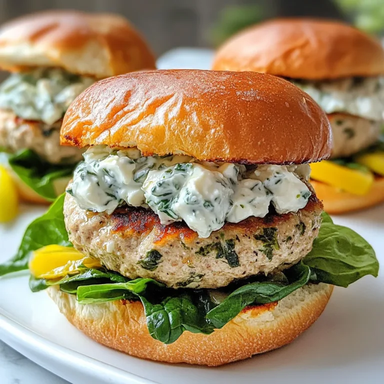 - 1 lb ground turkey - 1 cup fresh spinach, chopped - 1/2 cup feta cheese, crumbled - 1/4 cup red onion, finely chopped - 1 clove garlic, minced - 1 teaspoon dried oregano - 1/2 teaspoon black pepper - 1/4 teaspoon salt - 1 tablespoon olive oil (for cooking) - 4 whole grain burger buns - Optional toppings: sliced tomatoes, lettuce, tzatziki sauce A good burger starts with fresh and quality ingredients. Ground turkey is a lean choice that keeps the burger juicy. Fresh spinach adds color and nutrients. Feta cheese gives a salty, creamy kick that makes this burger special. You will also need red onion for a nice crunch, and garlic for flavor. Seasoning is key, so don't forget oregano, black pepper, and salt. For cooking, use olive oil to help brown the burgers. Whole grain burger buns are great for a healthy touch. You can top your burger with sliced tomatoes, crisp lettuce, and even tzatziki sauce for extra flavor. With these ingredients, you can make a delicious spinach feta stuffed turkey burger that is both tasty and satisfying. {{ingredient_image_1}} - In a mixing bowl, combine: - 1 lb ground turkey - 1 cup fresh spinach, chopped - 1/2 cup feta cheese, crumbled - 1/4 cup red onion, finely chopped - 1 clove garlic, minced - 1 teaspoon dried oregano - 1/2 teaspoon black pepper - 1/4 teaspoon salt Mix the ingredients well. You want a smooth blend. Next, divide the turkey mixture into four equal portions. Flatten each portion into a patty shape. Make a small indent in the center of each patty. This helps hold the filling later. Take a small amount of the spinach and feta mix (about 1 tablespoon). Place it in the center of each patty. Fold the edges over the filling. Seal the patties carefully to keep the filling inside. It’s important to seal them tightly. This stops any filling from leaking out while cooking. First, preheat your skillet over medium heat. Add 1 tablespoon of olive oil. Once the skillet is hot, place the stuffed turkey patties in. Cook for about 5-7 minutes on each side. Aim for an internal temperature of 165°F. The burgers should be golden brown when done. While they cook, toast the whole grain burger buns until lightly golden. Assemble the burgers by placing the cooked patties on the buns. Top them with your favorite toppings, like sliced tomatoes, lettuce, and tzatziki sauce if you want. To cook the best turkey burgers, focus on the internal temperature. Aim for 165°F. Use a meat thermometer for accuracy. This ensures the meat is safe to eat and still juicy. You can cook these burgers in two ways: grilling or skillet. Grilling gives a nice smoky flavor and beautiful grill marks. A skillet, however, allows for easy monitoring. Both methods work, so choose what you prefer! To keep the filling inside, sealing is key. After adding the feta and spinach to the patty, fold the edges over tightly. Press firmly to seal. If you notice cracks, use extra turkey mix to patch them up. Chilling the patties for a bit before cooking can help too. This sets the shape and keeps the filling snug. For a delicious meal, consider toppings. Fresh sliced tomatoes add sweetness and crunch. Crisp lettuce adds a fresh bite. Drizzling tzatziki sauce on top brings a tangy note that pairs perfectly. Whole grain buns offer great flavor and texture. You can also serve a side of sweet potato fries or a fresh salad for a complete meal. Enjoy experimenting with flavors! Pro Tips Keep It Fresh: Use fresh spinach for a vibrant flavor and maximum nutrients. If using frozen spinach, be sure to thaw and drain it thoroughly to avoid excess moisture. Seal the Deal: Make sure to seal the edges of the patties tightly to prevent the filling from leaking out while cooking. A tight seal ensures a juicy bite every time! Cook to Perfection: Use a meat thermometer to check the internal temperature of the turkey burgers. They should reach 165°F for safe consumption and optimal juiciness. Customize Your Toppings: Feel free to experiment with toppings! Try adding avocado, pickles, or a spicy aioli for an extra kick that suits your taste. {{image_2}} You can make your spinach feta stuffed turkey burger even better with herbs and spices. Here are some good options: - Basil: Adds a sweet and slightly minty flavor. - Thyme: Brings a warm, earthy taste. - Red pepper flakes: Adds heat for those who like it spicy. - Cumin: Offers a warm, nutty flavor. Mix and match these to find the taste you like best! If you want to switch things up, try using different meats. Here are a few ideas: - Ground chicken: It’s lean and has a mild flavor. - Ground beef: This will give a richer taste. - Plant-based meat: A great option for a vegetarian twist. Each option will change the flavor and texture of your burger while keeping it delicious. You can cook your stuffed turkey burger in different ways. Here are two popular methods: - Grilling: This adds a smoky flavor. Keep the grill at medium heat. Cook each side for about 5-7 minutes. - Baking: Preheat your oven to 375°F. Place the patties on a baking sheet. Bake for about 20-25 minutes, flipping halfway through. Both methods work well, so choose the one you prefer! After you cook your spinach feta stuffed turkey burgers, let them cool. Place the burgers in a shallow container. Cover them tightly with a lid or plastic wrap. Store them in the fridge. They stay fresh for up to three days. To keep flavors strong, avoid stacking them. You can freeze both raw and cooked patties. For raw patties, place them on a baking sheet. Freeze them for one hour. Then, transfer them to a freezer bag. Squeeze out air and seal. They last for up to three months. For cooked patties, let them cool and then wrap each one in foil. Place them in a freezer bag. They also last for three months. To reheat cooked patties, use the oven for best results. Preheat the oven to 350°F. Place the patties on a baking sheet. Heat for about 10-15 minutes until warm. You can also use a skillet. Heat over low heat for about 5 minutes on each side. This helps keep the flavor and texture just right. Enjoy your burgers hot and tasty! Cooking frozen turkey burgers takes about 10-12 minutes on each side. Make sure to check the center temperature. It should reach 165°F for safety. Use a meat thermometer for best results. Cooking times may vary by thickness, so keep an eye on them. Yes, you can use frozen spinach. Just make sure to thaw and drain it well. Frozen spinach can save time and still taste great. Fresh spinach has a brighter flavor, but both work well in this recipe. Choose based on what you have on hand. These burgers pair well with many sides. Consider serving them with: - Sweet potato fries - A fresh garden salad - Grilled vegetables - Quinoa or rice pilaf These options enhance the meal and add variety to your plate. Enjoy mixing and matching sides! This blog post covers how to make spinach feta stuffed turkey burgers with simple steps. You learned about key ingredients, cooking tips, and variations for flavor. Remember to seal the patties well to keep the filling inside. You can customize these burgers to fit your taste and store leftovers for later. Enjoy the process of cooking and the delicious results that follow. Happy cooking!