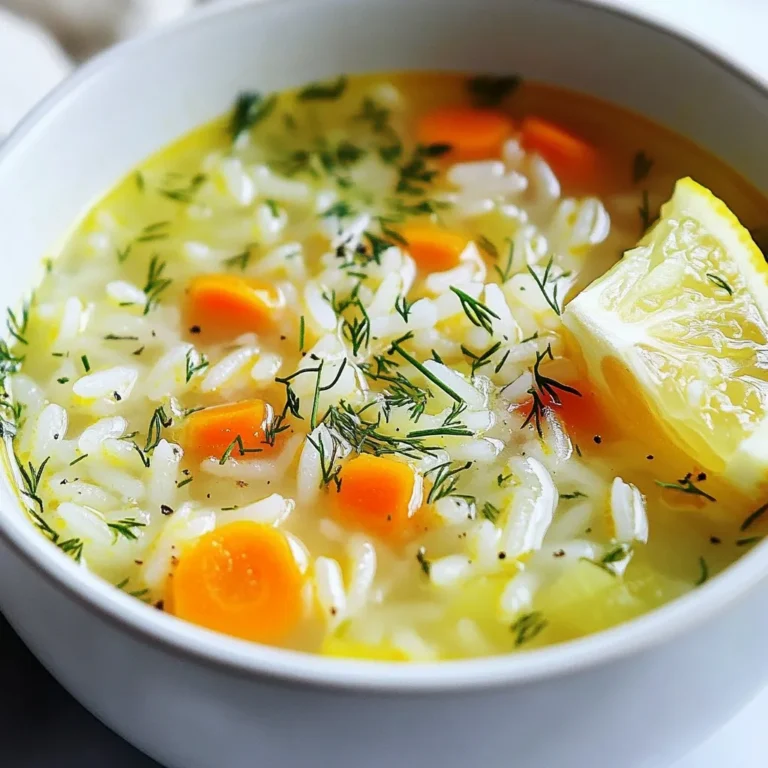 To make Greek Lemon Rice Soup, you will need a few simple ingredients. Here’s the list: - 1 cup long-grain rice - 8 cups vegetable or chicken broth - 2 medium carrots, diced - 1 medium onion, finely chopped - 3 garlic cloves, minced - 2 large eggs - 1/2 cup fresh lemon juice (about 2-3 lemons) - 1 teaspoon dried oregano - Salt and pepper, to taste - 1/4 cup fresh dill, chopped (optional) - Olive oil for sautéing Each ingredient plays a key role in creating the soup's rich flavor. The rice brings heartiness, while the lemon juice adds a bright zing. Fresh herbs like dill elevate the taste. You can choose vegetable or chicken broth based on your preference. The broth forms the soup's base and blends well with the other flavors. When you gather these ingredients, you set the stage for a warm, comforting dish. Use fresh lemon juice for the best flavor. The eggs help create the creamy texture that makes this soup special. The combination of these ingredients creates a delicious and memorable meal. {{ingredient_image_1}} 1. Heat a splash of olive oil in a large pot on medium heat. 2. Add the finely chopped onion and sauté until soft. This takes about 5 minutes. 3. Next, add minced garlic and diced carrots. Cook for another 3-4 minutes, stirring often. 4. Stir in the long-grain rice. Toast it for about 1-2 minutes. 5. Pour in the vegetable or chicken broth and bring it to a boil. 6. Once boiling, reduce the heat to a simmer, cover the pot, and cook for 15 minutes. 1. In a separate bowl, whisk together the eggs, fresh lemon juice, and oregano until smooth. 2. To temper the egg mixture, slowly ladle a small amount of the hot soup broth into the bowl while whisking. This helps keep the eggs from curdling. 1. Gradually whisk the warmed egg mixture back into the pot of soup. Stir continuously to keep it smooth. 2. Return the pot to low heat and warm the soup for 2-3 minutes. Do not let it boil. 3. Season with salt, pepper, and more lemon juice to taste. If you like, stir in fresh chopped dill for extra flavor. - For best results, use long-grain rice. It stays fluffy and separate. - Adjust broth flavor with salt, pepper, or fresh herbs. Taste as you go. - Serve in bowls, garnished with fresh dill and a lemon wedge. It looks great! - Pair with crusty bread or a light salad for a complete meal. - To prevent curdling, temper the egg mixture slowly with hot broth. This keeps it smooth. - Ensure proper rice texture by not overcooking. It should be tender, not mushy. Pro Tips Use Fresh Ingredients: Fresh herbs and high-quality broth will elevate the flavor of your soup significantly, making it more vibrant and delicious. Perfect the Tempering: Ensure you temper the eggs slowly to prevent curdling. This step is crucial for achieving a smooth and creamy texture in your soup. Adjust the Acidity: Taste your soup before serving and adjust the lemon juice to your liking. The right balance of acidity can enhance the overall flavor profile. Store Properly: If you have leftovers, store the soup without the eggs added. This will prevent the eggs from becoming rubbery. Reheat gently and add the egg mixture just before serving. {{image_2}} You can easily change the rice in this soup. Try using brown rice or quinoa instead of long-grain rice. Brown rice gives a nutty taste and adds fiber. Quinoa is gluten-free and cooks faster than brown rice. You can also mix in other veggies. Peas, spinach, or bell peppers can add color and flavor. Just chop them small and add them with the carrots. For a vegan version, skip the eggs and use a plant-based broth. This keeps the soup rich and tasty without any animal products. You can also find gluten-free broth options at the store. Just check the label to ensure it fits your needs. Spices can take this soup to another level. Adding a pinch of cumin or paprika can add warmth and depth. You can also play with herbs. Instead of dill, use parsley or thyme for a fresh twist. These changes make the soup unique each time you make it. To keep your Greek lemon rice soup fresh, refrigerate it right away. Use airtight containers to avoid spills and keep odors out. Make sure the soup cools down before sealing. This helps prevent condensation inside the container. You can freeze this soup for later use. First, let it cool completely. Then, pour it into freezer-safe bags or containers. Leave space at the top for expansion. When you're ready to eat, thaw it in the fridge overnight. Reheat it on the stove over low heat. Stir often to keep it smooth. In the fridge, the soup stays good for about three days. If you freeze it, it can last up to three months. Always check for signs of spoilage. If it smells off or has strange colors, it's best to throw it away. Greek Lemon Rice Soup, or Avgolemono, is a warm, comforting dish. It blends rice, broth, and lemon. The soup has a bright, tangy flavor from the fresh lemon juice. It often includes eggs for a rich texture. You will taste hints of oregano and fresh dill if you add it. This soup is simple yet satisfying, making it a favorite in Greek homes. Yes, you can make this soup ahead of time. To do this, prepare the soup as directed. Let it cool completely before storing. Place it in an airtight container in the fridge. It stays fresh for up to three days. When reheating, do it gently on low heat. This helps keep the texture smooth. Avoid boiling to prevent curdling of the egg. To make the soup more filling, consider adding protein or grains. You can stir in cooked chicken or shrimp for extra flavor. Lentils or chickpeas also add protein and heartiness. If you want a thicker texture, try using whole grains like farro or barley. These additions will make your soup more substantial and satisfying. In this post, I shared how to make Greek Lemon Rice Soup using simple ingredients and easy steps. You learned about preparation, tips for perfecting your soup, and ways to customize it to fit your needs. Remember, this soup is not just tasty; it’s also versatile. Feel free to try different grains or vegetables. Keep cooking and enjoy every bowl!