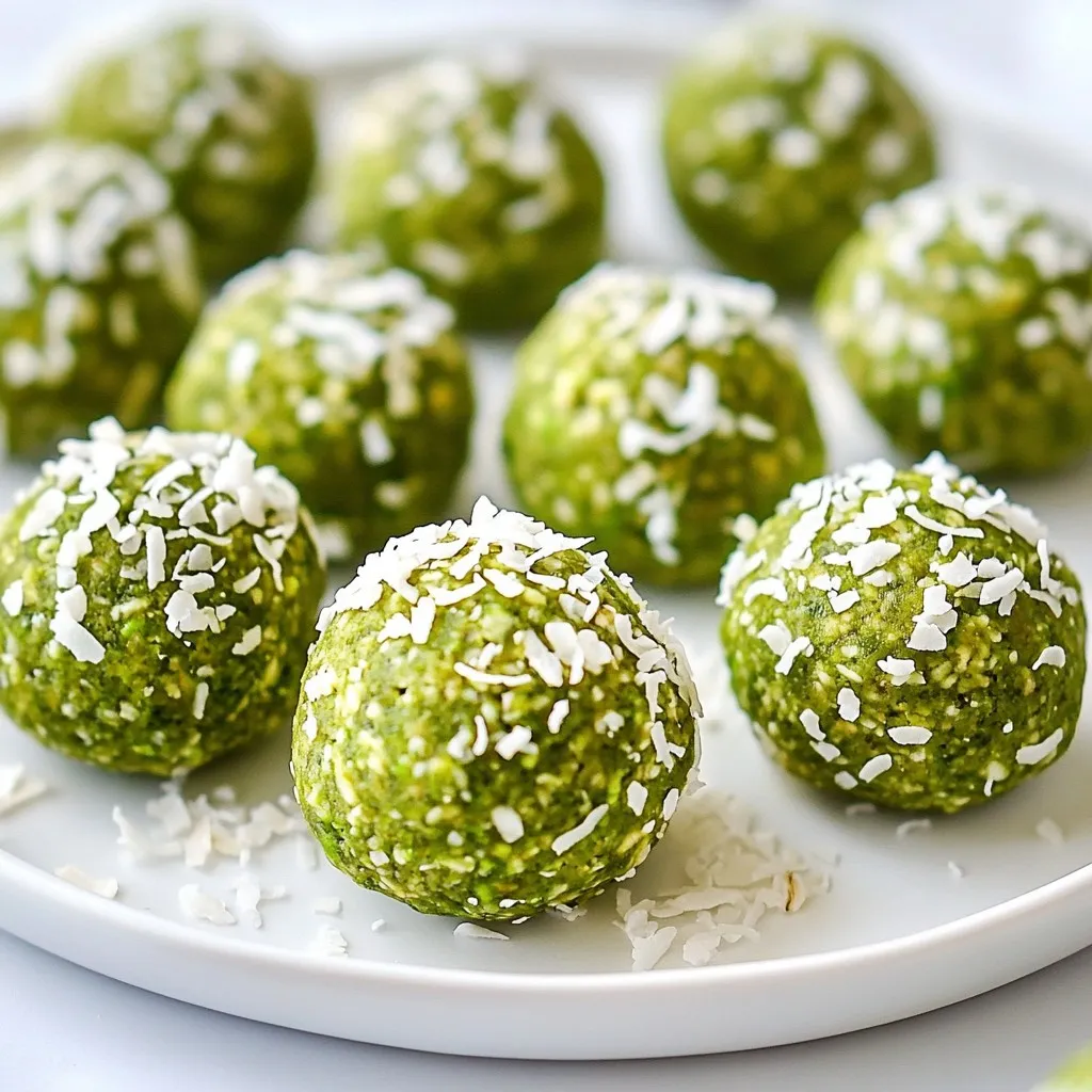 - 1 cup rolled oats - 1/2 cup unsweetened shredded coconut - 1/4 cup almond butter (or any nut butter of choice) - 1/4 cup honey or maple syrup - 2 tablespoons matcha green tea powder The main ingredients make these energy balls tasty and healthy. Rolled oats provide fiber and texture. Shredded coconut adds a lovely chewiness and flavor. Almond butter gives a creamy base, while honey or maple syrup offers natural sweetness. Matcha powder brings a unique taste and a boost of energy. - 1/2 teaspoon vanilla extract - Pinch of salt - 1/4 cup mini dark chocolate chips Optional ingredients enhance the flavor. Vanilla extract adds a warm aroma. A pinch of salt balances the sweetness. Mini dark chocolate chips add a fun twist and extra sweetness. - Mixing bowls - Baking sheet - Parchment paper You need a few simple tools for this recipe. Mixing bowls help combine your ingredients. A baking sheet lined with parchment paper makes for easy cleanup. Parchment paper keeps the energy balls from sticking. These tools make your cooking process smooth and fun! {{ingredient_image_1}} First, grab a large mixing bowl. Add 1 cup of rolled oats, 1/2 cup of unsweetened shredded coconut, and 2 tablespoons of matcha powder. Stir these ingredients together well. This dry mix forms the tasty base for your energy balls. Now, take a separate bowl. In it, blend 1/4 cup of almond butter, 1/4 cup of honey, 1/2 teaspoon of vanilla extract, and a pinch of salt. Mix until smooth and creamy. This wet mix will add flavor and moisture. Pour the wet mix into the dry mix. Combine both until they blend completely. If you'd like, fold in 1/4 cup of mini dark chocolate chips for extra sweetness. Next, use your hands to form small balls, about 1 inch in diameter. If the mix sticks, dampen your hands slightly. Place the energy balls on a baking sheet lined with parchment paper. Refrigerate them for at least 30 minutes to firm up. After chilling, store the balls in an airtight container. They will keep fresh in the fridge for up to one week. Enjoy your healthy snack! To get the right texture, start with dry hands. This helps avoid a sticky mess. If the mixture feels too wet, add more oats. If it’s too dry, a splash of nut butter can help. Dampen your hands slightly before rolling the balls. This makes them easier to shape. Aim for about one inch in diameter for each ball. You can play with flavors in many ways. Try adding a pinch of cinnamon for warmth. If you love nuts, chop some and mix them in. For a fruity twist, add dried cranberries or cherries. You can swap out almond butter for cashew or peanut butter. Experimenting with these additions keeps every batch exciting! Presentation can make a simple snack shine. Arrange the energy balls on a pretty plate. Sprinkle extra shredded coconut on top for a nice touch. For gifts, place them in small bags. Tie with a ribbon to make them special. These energy balls are perfect for parties or as a thoughtful gift! Pro Tips Use Fresh Matcha: For the best flavor and health benefits, opt for high-quality, fresh matcha powder. Older matcha can lose its vibrant color and taste. Experiment with Nut Butters: While almond butter works great, feel free to try other nut or seed butters like cashew or sunflower seed butter for a unique twist. Chill Before Serving: Allow the energy balls to chill in the refrigerator for at least 30 minutes. This helps them firm up and makes them easier to handle. Add More Texture: For an extra crunch, incorporate chopped nuts or seeds into the mixture. This will add more depth and dimension to each bite. {{image_2}} You can easily adapt Matcha Coconut Energy Balls for different diets. For a gluten-free snack, use certified gluten-free oats. This way, everyone can enjoy them without worry. If you want a vegan option, swap honey for maple syrup. This simple change makes them vegan-friendly. Mixing in nuts, seeds, or spices will enhance the flavor. Try adding chopped almonds or walnuts for crunch. You can also include chia seeds or flaxseeds for added nutrition. For a spiced version, consider adding a pinch of cinnamon or nutmeg. These additions give your energy balls a unique twist. You can match energy balls to different holidays or events. For a festive touch, roll them in crushed peppermint candy during the winter. In summer, try adding fresh berries or citrus zest for a refreshing flavor. These seasonal variations keep your snacks fun and exciting all year long. Store your Matcha Coconut Energy Balls in an airtight container. This helps keep them fresh and tasty. Use a glass or plastic container with a tight lid. Avoid using containers that let air in. These energy balls can last up to one week in the fridge. Keep them stored properly, and they will stay delicious for you to enjoy. If you notice any changes in smell or texture, it’s best to toss them. You can freeze these energy balls for longer storage. To freeze, place them on a baking sheet. Make sure they are spaced out so they do not touch. Freeze for about two hours, then transfer them to a freezer-safe bag or container. They will last for up to three months. When ready to eat, move them to the fridge overnight to thaw. Enjoy your tasty snack anytime! To make these energy balls vegan, you can swap honey for maple syrup. Maple syrup gives a nice sweetness. For nut butter, use any plant-based option, like peanut butter or sunflower seed butter. Yes, you can add protein powder! Use a plant-based protein powder. I suggest vanilla or unflavored types. Keep in mind, if you add protein powder, you may need more liquid. Add a splash of almond milk to keep the balls moist. Yes, these energy balls are healthy! They include rolled oats, which are high in fiber. Shredded coconut adds healthy fats. Almond butter gives protein and healthy fats too. Matcha green tea powder boosts energy and antioxidants. In this article, we explored how to make tasty Matcha Coconut Energy Balls. We discussed the main and optional ingredients, like oats, coconut, and matcha powder. I shared step-by-step instructions, tips to enhance flavor, and variations for dietary needs. Remember, these energy balls are versatile and easy to store. You can enjoy this simple recipe anytime. With a few ingredients, you can create healthy snacks for you and your friends. Now, get in the kitchen and make your own delicious energy balls!