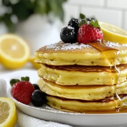 To make these lemon ricotta pancakes, you need a few simple ingredients. Here’s what you’ll gather: - 1 cup ricotta cheese - 2 large eggs - 1/2 cup milk - 1 tablespoon lemon zest - 1/4 cup fresh lemon juice - 1 cup all-purpose flour - 1 tablespoon baking powder - 1/4 teaspoon salt - 2 tablespoons sugar - Cooking fat (butter or coconut oil) Each item plays a big role in making these pancakes taste amazing. Ricotta cheese gives them a soft texture. The lemon zest and juice add a bright flavor that wakes up your taste buds. The eggs help bind everything together, while the flour and baking powder create the fluffy rise. Don’t forget the sugar; it balances the tartness of the lemon. You can use butter or coconut oil for a nice, golden finish in the pan. With these ingredients ready, you can start your pancake adventure! {{ingredient_image_1}} 1. Start by grabbing a large bowl. In this bowl, combine the wet ingredients: - 1 cup ricotta cheese - 2 large eggs - 1/2 cup milk - 1 tablespoon lemon zest - 1/4 cup fresh lemon juice Whisk these together until they’re well mixed. 2. Now, take another bowl for the dry ingredients. Sift together: - 1 cup all-purpose flour - 1 tablespoon baking powder - 1/4 teaspoon salt - 2 tablespoons sugar This helps to aerate the flour and mix the baking powder. 3. Gradually add the dry mix into the wet mix. Fold gently until it’s just combined. Don’t worry about lumps; they are fine. Overmixing can make your pancakes tough. 1. Heat a non-stick skillet or griddle over medium heat. Add a bit of butter or coconut oil to coat the surface. This keeps the pancakes from sticking. 2. Pour about 1/4 cup of the pancake batter onto the hot skillet. Cook until bubbles form on the surface, which takes about 2-3 minutes. 3. Carefully flip the pancakes and cook for another 2 minutes until they are golden brown. Adjust the heat if needed to avoid burning. 1. Stack the pancakes high on a plate. This makes them look appealing and delicious. 2. Drizzle with maple syrup or honey for added sweetness. 3. For a lovely finish, garnish with fresh berries and a dusting of powdered sugar. This not only adds color but also enhances the flavor. To make your lemon ricotta pancakes fluffy, avoid overmixing. When you mix the wet and dry ingredients, do it gently. A few lumps are fine! Overmixing can make your pancakes tough instead of light. Temperature control is key while cooking. Heat your skillet or griddle to medium. If it’s too hot, the pancakes may burn on the outside but stay raw inside. If it's too cool, they won’t rise well. A good test is to sprinkle a few drops of water on the skillet; if they sizzle, it's ready. You can enhance the flavor of your pancakes with simple ingredient tweaks. Try adding a splash of vanilla extract for extra warmth. You can also use orange zest instead of lemon zest for a different citrus twist. Consider optional add-ins for more fun! Fresh blueberries or chocolate chips make a tasty addition. Just fold them into the batter gently. This way, you get a surprise in every bite. Pro Tips Use Room Temperature Ingredients: Ensuring that your ricotta, eggs, and milk are at room temperature will help create a smoother batter and fluffier pancakes. Don't Overmix: Gently fold the dry ingredients into the wet ingredients to avoid developing gluten, which can make the pancakes tough. Rest the Batter: Allow the batter to rest for about 10 minutes before cooking. This helps to hydrate the flour and can lead to lighter pancakes. Adjust Cooking Temperature: If the pancakes are browning too quickly, lower the heat. Cooking them at a moderate temperature ensures they cook evenly throughout. {{image_2}} You can make lemon ricotta pancakes even more fun by adding flavors. Try mixing in fresh berries like blueberries or strawberries. They add a sweet burst to each bite. You can also fold in chopped nuts, such as walnuts or almonds, for a nice crunch. If you want a twist, switch up the citrus. Instead of lemon, use orange or lime zest and juice. This change can give the pancakes a whole new flavor profile. Each option offers a unique taste that can surprise your friends and family. If you need gluten-free pancakes, swap out the all-purpose flour for gluten-free flour. Many brands offer blends that work well in pancakes. Just be sure to check the labels for any extra ingredients. For a vegan option, replace the ricotta cheese with silken tofu blended until smooth. Use plant-based milk instead of regular milk, and substitute flax eggs for the eggs. To make a flax egg, mix one tablespoon of ground flaxseed with three tablespoons of water. Let it sit for a few minutes before adding it to your mix. These adjustments keep the pancakes tasty while meeting your dietary needs. Store leftover pancakes in an airtight container. Place a piece of parchment paper between each pancake to keep them from sticking. You can keep them in the fridge for about three days. When you want to enjoy them again, simply reheat in the microwave for about 30 seconds. You can also warm them in a skillet over low heat for a crispier texture. To freeze pancakes, stack them with parchment paper in between. Wrap the stack in plastic wrap and then place it in a freezer bag. This helps keep them fresh. You can store them in the freezer for up to two months. When you’re ready to eat, take them out and let them thaw in the fridge overnight. Reheat in the microwave or on a skillet until warm. Enjoy your fluffy lemon ricotta pancakes anytime! To make fluffy pancakes, you must use the right techniques. First, don't overmix your batter. Mixing too much makes the pancakes dense. A few lumps are okay. Second, use baking powder to add lift. It helps the pancakes rise and stay light. Lastly, let the batter rest for a few minutes. This allows air bubbles to form, which gives pancakes a fluffy texture. Yes, you can use whole wheat flour instead of all-purpose flour. However, the texture will change. Whole wheat flour makes the pancakes denser and adds a nutty taste. You might want to mix half whole wheat flour and half all-purpose flour for a better result. This way, you still get some fluffiness while adding more fiber. You can easily customize lemon ricotta pancakes for different diets. For gluten-free options, use a gluten-free flour blend. This will keep the pancakes light. If you're vegan, you can replace the eggs with flaxseed meal mixed with water. For a low-sugar diet, cut the sugar in half or use a sugar substitute. These changes make it easy for everyone to enjoy this tasty dish! We explored how to make delicious lemon ricotta pancakes. First, we listed essential ingredients, then shared easy steps for cooking. Tips helped achieve the perfect texture. You learned about fun flavor variations and dietary adjustments. Lastly, we covered storage and reheating methods. Lemon ricotta pancakes are a tasty treat that you can customize. Enjoy experimenting with flavors and find your favorite version!
