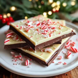 For a delightful peppermint bark, you need: - 12 ounces dark chocolate chips - 12 ounces white chocolate chips - 1 teaspoon peppermint extract - ½ cup crushed candy canes (plus extra for garnish) - Pinch of sea salt These ingredients combine to create a rich and minty treat. The dark chocolate gives a bold flavor, while the white chocolate adds sweetness. The peppermint extract ties everything together with a fresh burst of mint. You can enhance your peppermint bark with: - Extra crushed candy canes - Whole candy canes - Festive sprinkles These garnishes add color and texture. They make your bark look even more appealing on a holiday table. To make your peppermint bark, gather these tools: - Baking sheet - Parchment paper - Microwave-safe bowls - Spatula - Refrigerator Having these tools ready will help you work efficiently. Enjoy the process of creating this festive treat! {{ingredient_image_1}} First, line a baking sheet with parchment paper. This keeps your bark from sticking. Next, grab a microwave-safe bowl. Add the dark chocolate chips to the bowl. Heat them in the microwave for 30 seconds. Take the bowl out, and stir the chocolate. Repeat this until the chocolate is smooth. You want it fully melted. Pour the melted dark chocolate onto the lined baking sheet. Spread it out evenly to about ¼ inch thick. Gently tap the baking sheet on the counter. This helps remove air bubbles. Now, place it in the fridge for about 20 minutes. While it sets, melt the white chocolate chips in the same way. Stir in the peppermint extract and half a cup of crushed candy canes. Save a tablespoon of crushed candy canes for later. Once the dark chocolate layer is firm, take it out. Spread the white chocolate mixture evenly on top. Gently tap the baking sheet again to smooth it out. Now, sprinkle a pinch of sea salt and the reserved candy canes on top. Return it to the fridge for another 20-30 minutes. This ensures everything sets well. When the bark is fully set, take it out of the fridge. Use your hands to break it into pieces. You can make them as big or small as you like. For serving, arrange the pieces on a festive platter. Add a few whole candy canes for extra holiday cheer. If you want to gift them, package pieces in clear bags. Tie them with a ribbon for a sweet touch. To melt chocolate well, use a microwave-safe bowl. Heat the chocolate in 30-second bursts. Stir between each burst for even melting. This helps avoid burning. You can also use a double boiler for better control. Just make sure the water does not touch the bowl. Keep stirring until smooth. This way, your chocolate will shine and taste great. One common mistake is overheating the chocolate. If it gets too hot, it will seize up. If your chocolate looks grainy, it’s ruined. Keep an eye on the time and stir often. Another mistake is not cooling the layers properly. Let each layer set before adding the next. This helps them stick together and look nice. To serve peppermint bark, think about the display. Use a festive platter to make it pop. You can add whole candy canes for a fun touch. For gifts, try clear cellophane bags. Tie them with a ribbon for a charming look. Everyone loves a pretty treat, especially during the holidays! Pro Tips Use Quality Chocolate: The flavor of your peppermint bark largely depends on the quality of chocolate used. Opt for high-quality dark and white chocolate for the best results. Chill Between Layers: Allow the first layer of chocolate to set completely before adding the second layer. This ensures that the layers stay distinct and do not blend together. Customize Your Toppings: Feel free to experiment with toppings! Try adding nuts, dried fruits, or different types of crushed candies for a unique twist. Store Properly: Keep your peppermint bark in an airtight container at room temperature for up to two weeks. Refrigeration can cause it to become too hard. {{image_2}} You can mix dark and white chocolate for a classic look. Try using milk chocolate for a sweeter bark. Each type of chocolate gives a unique taste. You might even enjoy adding a layer of butterscotch or caramel chocolate. These flavors blend well with peppermint. Feel free to experiment with add-ins. For a nutty twist, add chopped almonds or walnuts. You can also try dried fruit like cranberries or cherries. They add a nice color and taste. A sprinkle of espresso powder can give a coffee kick. Each add-in can make your peppermint bark special. Change things up for the holidays! Use white chocolate with cranberries or pistachios for a festive look. You can also add seasonal spices like cinnamon or nutmeg. These spices bring warmth to your bark. Try using colored sprinkles for a fun twist during celebrations. Each variation can reflect your style and taste. To keep your peppermint bark fresh, store it in an airtight container. Place sheets of wax paper between layers to prevent sticking. Make sure the container is in a cool, dry place. Avoid direct sunlight or heat, as this can cause the chocolate to melt or lose its shine. Peppermint bark lasts about two weeks when stored correctly. For the best taste, eat it within the first week. If you want to keep it longer, refrigerate it. Just remember that cold air can affect the texture. You can freeze peppermint bark for up to three months. Wrap it tightly in plastic wrap and then place it in a freezer bag. When you’re ready to enjoy it, let it thaw in the fridge overnight. This keeps the bark from getting too soft. The best way to melt chocolate is in the microwave. Use a microwave-safe bowl. Heat the chocolate chips in 30-second bursts. Stir between each burst until smooth. This method helps prevent burning. You can also use a double boiler. Just make sure the bowl does not touch the water. Yes, you can use other extracts. Almond or vanilla can add a nice twist. Start with a small amount, about half a teaspoon. Taste the mixture before adding more. This way, you can control the flavor. Be bold and try different options! You can find pre-made peppermint bark at many stores. Check local grocery stores or specialty shops. Many online retailers also sell it. Just look for festive packaging during the holiday season. This option saves time if you are busy! In this article, we explored how to make tasty peppermint bark. We covered the key ingredients, tools, and step-by-step instructions. You learned best practices for melting chocolate and tips for serving. There are also many fun variations you can try. Proper storage helps keep your bark fresh for a long time. Remember these tips, and you’ll create a sweet treat that’s sure to impress. Enjoy making and sharing your festive peppermint bark!