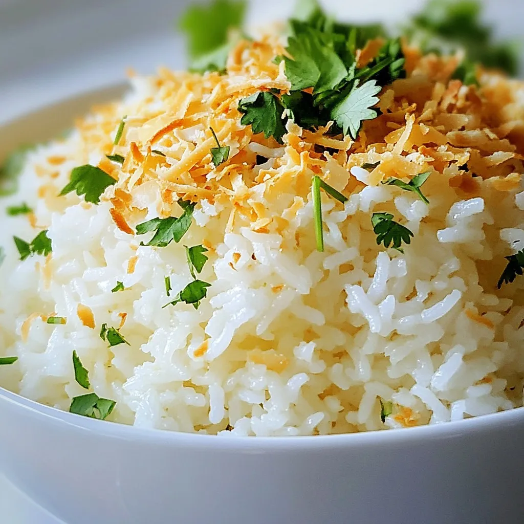 For this tasty coconut rice, you will need: - 1 cup jasmine rice - 1 cup coconut milk (full-fat for creaminess) - 1 cup water - 1 tablespoon sugar - 1 teaspoon salt - 1/2 cup unsweetened shredded coconut (toasted) - 2 tablespoons fresh cilantro (for garnish) Using high-quality ingredients makes a big difference in flavor. Jasmine rice gives a nice aroma and a fluffy texture. Full-fat coconut milk adds creaminess and rich taste. The sugar balances the flavors, while salt enhances them. Toasted coconut adds a crunchy layer. Fresh cilantro provides a bright finish. When you choose the best, you elevate your dish. I find that using good coconut milk is key. Here are some brands I trust: - Thai Kitchen - Aroy-D - Chaokoh These brands offer full-fat coconut milk that is creamy and smooth. Always check for "unsweetened" on the label for the best results. {{ingredient_image_1}} First, rinse the jasmine rice. Place it in a fine mesh strainer. Rinse it under cold water. Keep rinsing until the water runs clear. This step helps remove excess starch. It stops the rice from being too sticky. After rinsing, let the rice drain for a moment. Next, add the rinsed rice to your Instant Pot. Pour in one cup of coconut milk. Then, add one cup of water. Sprinkle in one tablespoon of sugar and one teaspoon of salt. Stir everything well to mix. Make sure all the ingredients blend evenly. Close the lid of the Instant Pot. Seal the vent to keep the steam in. Set the Instant Pot to Pressure Cook on high. Cook for four minutes. After cooking, let the pressure release naturally for ten minutes. Then, do a quick release for any leftover pressure. Open the lid and fluff the rice gently with a fork. Stir in the toasted shredded coconut, saving a bit for the top. Serve warm, garnished with toasted coconut and fresh cilantro. Enjoy! To make perfect coconut rice, rinse the jasmine rice well. Rinsing removes excess starch. This step helps the rice stay fluffy. Use equal parts coconut milk and water for creaminess. Full-fat coconut milk adds richness. Pressure cook for exactly four minutes. Let the pressure release naturally for ten minutes. This helps the rice absorb flavors. Fluff the rice gently with a fork to keep grains separate. One common mistake is not rinsing the rice. This can make the rice sticky. Another mistake is using too much liquid. Stick to the 1:1 ratio of coconut milk and water. Overcooking the rice is also a problem. Four minutes is just right. Lastly, don’t skip the natural pressure release. It’s key for good texture. Coconut rice pairs well with many dishes. Try it with grilled meats or spicy curries. It also complements seafood nicely. Add some toasted coconut and fresh cilantro on top for garnish. For a twist, serve it with mango slices. This adds a sweet touch that tastes amazing. Enjoy your coconut rice warm for the best flavor! Pro Tips Rinsing the Rice: Rinsing the jasmine rice thoroughly before cooking helps remove excess starch, resulting in a fluffier texture and preventing clumping. Coconut Milk Choice: Using full-fat coconut milk enhances the creaminess of the dish, giving it a rich and indulgent flavor. Natural Pressure Release: Allowing the pressure to naturally release for a few minutes helps the rice finish cooking gently, ensuring perfect texture. Toasting Coconut: Toast the shredded coconut before adding it to the rice for an added depth of flavor and a delightful crunch. {{image_2}} You can use other rice types for coconut rice. Jasmine rice is soft and fragrant. Basmati rice gives a nutty flavor. Short-grain rice makes a sticky texture. Just adjust the water amount based on the rice type. For brown rice, use more water and increase the cooking time. This change adds a healthy twist to your dish. Adding flavors can elevate your coconut rice. A squeeze of lime juice gives a bright taste. You can also add grated ginger for warmth. Stir in a bit of garlic for depth. These flavors work well with coconut. Try mixing in chopped green onions or cilantro for freshness. Your coconut rice will shine with these enhancements. This coconut rice recipe is vegan-friendly. Use coconut milk and keep the sugar simple. For a richer taste, add more coconut milk. You can even mix in some vegetable broth instead of water. This option gives extra flavor without losing the vegan touch. It's a great dish for everyone to enjoy. To keep your coconut rice fresh, let it cool first. Place it in an airtight container. This helps to keep out moisture and air. Store it in the fridge for up to four days. Make sure to label your container with the date. This way, you know when to use it. When it’s time to reheat, add a splash of water. This helps to restore moisture. You can use the microwave or a stovetop. If using the microwave, cover the dish to keep the steam in. Heat it in short bursts, stirring in between. If using the stovetop, cover and heat on low. Stir until hot. You can freeze coconut rice for longer storage. Allow it to cool completely, then portion it out. Use freezer-safe bags or containers. Press out as much air as you can. Label with the date and freeze for up to three months. When ready to eat, thaw it in the fridge overnight. Reheat as mentioned above. Yes, you can make coconut rice on the stove. Use a pot with a lid. Combine rinsed rice, coconut milk, water, sugar, and salt. Bring it to a boil, then lower the heat. Cover the pot and simmer for about 15-20 minutes. Check the rice at the end. It should be fluffy and cooked through. This method takes a bit longer, but the rice will still taste great. To serve more people, simply double or triple the ingredients. For example, use 2 cups of rice, 2 cups of coconut milk, and 2 cups of water for 8 servings. Keep the same amount of sugar and salt. The cooking time in the Instant Pot remains the same. The pressure cooking works well for larger amounts, too. Just remember to check for extra moisture if you increase the recipe significantly. Coconut rice pairs well with many dishes. Here are some ideas: - Grilled chicken or fish - Stir-fried vegetables - Spicy curries - Tropical salads - Black beans or lentils Each option complements the creamy, sweet flavor of the rice. You can mix and match based on your taste. Enjoy your meal! You learned how to make delicious coconut rice. We covered the best ingredients, proper cooking steps, and tips to avoid mistakes. I shared variations for different tastes and how to store leftovers. Remember, selecting quality ingredients makes a big difference in flavor. Enjoy experimenting with new flavors and serve your coconut rice with pride. It’s a simple dish that offers great taste and comfort.