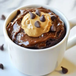 To make a delicious Chocolate Peanut Butter Mug Cake, you need simple ingredients that pack a lot of flavor. Here’s the list of what you will need: - 4 tablespoons all-purpose flour - 4 tablespoons granulated sugar - 2 tablespoons cocoa powder - 1/8 teaspoon baking powder - 1/8 teaspoon salt - 3 tablespoons milk (or a non-dairy alternative) - 2 tablespoons peanut butter - 2 tablespoons vegetable oil - 1/4 teaspoon vanilla extract - 1 tablespoon chocolate chips (optional) These ingredients come together to create a soft, warm cake in just minutes. The flour and sugar provide the base. The cocoa powder adds rich chocolate taste. Baking powder makes it rise. Salt boosts the flavors. Milk or a non-dairy option keeps it moist. Peanut butter brings creaminess, while vegetable oil adds richness. Finally, vanilla extract gives a lovely aroma, and chocolate chips are a tasty bonus. You can easily adjust the ingredients based on your taste. Want it sweeter? Add more sugar. Prefer it richer? Add more peanut butter. This recipe is flexible and fun. Enjoy playing with these ingredients! {{ingredient_image_1}} - In a microwave-safe mug, combine: - 4 tablespoons all-purpose flour - 4 tablespoons granulated sugar - 2 tablespoons cocoa powder - 1/8 teaspoon baking powder - 1/8 teaspoon salt Mix these dry ingredients well. Break up any lumps to ensure a smooth cake. - Next, add the wet ingredients: - 3 tablespoons milk (or a non-dairy alternative) - 2 tablespoons peanut butter - 2 tablespoons vegetable oil - 1/4 teaspoon vanilla extract Stir vigorously with a fork until the mixture is smooth and creamy. - If you want extra chocolate flavor, fold in: - 1 tablespoon chocolate chips This step is optional but highly recommended. It adds sweetness and richness. - Microwave the mug on high for about: - 1 minute and 30 seconds Check the cake for doneness. It should rise and be set in the middle. If it’s not done, add more time in 10-second intervals. - Once the cake looks good, let it cool for a couple of minutes. This helps avoid burning your mouth. For a special touch, top it with a dollop of peanut butter and a sprinkle of chocolate chips before enjoying. To make your mug cake great, start with a smooth batter. Mix dry ingredients well first. This helps avoid lumps. Use a fork to stir the wet mix in. Blend until it looks creamy and smooth. This step is key for texture. Next, keep an eye on your microwave settings. Every microwave is different. Start with one minute and thirty seconds. Check if the cake has risen and is set in the middle. If it’s not done, add ten more seconds. This will help you avoid a soggy cake. For toppings, I love adding a dollop of peanut butter. It adds flavor and looks great. You can also sprinkle chocolate chips on top. This makes it extra special. Pair your mug cake with a cold glass of milk or a warm cup of coffee. The flavors balance well together. Experiment with different drinks to find your favorite match. Enjoy every bite! Pro Tips Use a Large Mug: Make sure to use a microwave-safe mug that holds at least 12 oz to prevent overflow while the cake rises during cooking. Customize Your Flavor: Experiment with different nut butters or add-ins like nuts or dried fruit for a unique twist on the classic mug cake. Check Microwave Wattage: Microwave power varies, so if your cake is undercooked, try adjusting the time based on your microwave’s wattage for perfect results. Let it Cool: Allow the mug cake to cool for a couple of minutes after microwaving to let the flavors meld and to avoid burning your mouth. {{image_2}} You can switch up the flavor of your mug cake easily. Try using different nut butters. Almond butter or cashew butter works great. Each nut butter adds a unique taste. Experiment to find your favorite. You can also substitute chocolate types. Use dark chocolate for a richer taste. White chocolate offers a sweet and creamy twist. Both options can make the cake special. You just need to adjust the chocolate chips. If you want a gluten-free mug cake, swap the all-purpose flour. Use gluten-free flour blends instead. They work well in this recipe. You won’t lose any taste or texture! For a vegan option, replace milk with a non-dairy alternative. Almond milk or oat milk are good choices. Also, use a plant-based butter to keep it vegan. This way, everyone can enjoy a tasty treat! To store any leftover mug cake, let it cool first. Once cool, cover the mug with plastic wrap or a lid. You can also transfer it to a small container with a tight seal. This keeps the cake moist and fresh. Place it in the fridge for later enjoyment. To reheat the mug cake, remove the cover. Microwave it for about 10 to 15 seconds. Check if it is warm enough. If not, heat it in 5-second bursts. This helps keep the cake soft without drying it out. In the fridge, your chocolate peanut butter mug cake lasts for about 2 to 3 days. After that, the texture may change. It may become dry or hard. Always check for any off smells or changes in color before eating. Enjoy your treat while it’s fresh for the best taste! Can I use a larger mug? Yes, you can use a larger mug. A bigger mug gives the cake more room to rise. Just adjust the cooking time. Start with the same time and check for doneness. How do I make multiple servings? To make more servings, simply multiply the ingredients. Use a larger bowl instead of a mug. Mix everything well, then divide the batter into separate mugs. Cook each mug one at a time. What should I do if the cake is too dry? If the cake is dry, try adding a bit more milk. Start with one teaspoon and mix it in. You can also reduce the cooking time next time to keep it moist. Can I make this mug cake without a microwave? Yes, you can bake it in an oven. Preheat the oven to 350°F (175°C). Pour the batter into a small oven-safe dish. Bake for about 15 minutes or until set in the middle. Check it often to avoid overbaking. This blog post covered how to make a quick and tasty mug cake. We looked at all the key ingredients, gave step-by-step instructions, and explored helpful tips. I shared fun variations and how to store your cake too. Making a mug cake is fun and easy. You can customize it your way. Enjoy your mug cake, and don’t forget to share the tips with friends!