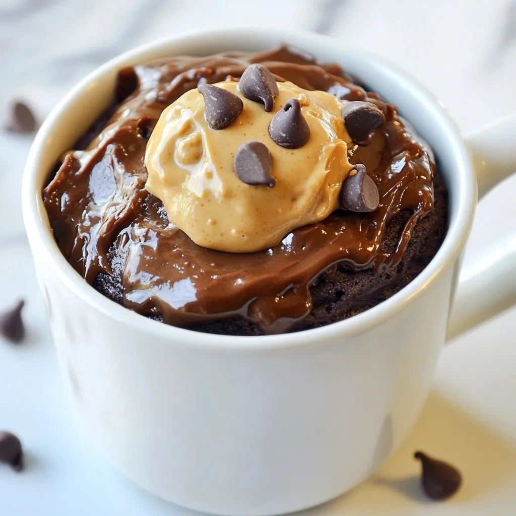 To make a delicious Chocolate Peanut Butter Mug Cake, you need simple ingredients that pack a lot of flavor. Here’s the list of what you will need: - 4 tablespoons all-purpose flour - 4 tablespoons granulated sugar - 2 tablespoons cocoa powder - 1/8 teaspoon baking powder - 1/8 teaspoon salt - 3 tablespoons milk (or a non-dairy alternative) - 2 tablespoons peanut butter - 2 tablespoons vegetable oil - 1/4 teaspoon vanilla extract - 1 tablespoon chocolate chips (optional) These ingredients come together to create a soft, warm cake in just minutes. The flour and sugar provide the base. The cocoa powder adds rich chocolate taste. Baking powder makes it rise. Salt boosts the flavors. Milk or a non-dairy option keeps it moist. Peanut butter brings creaminess, while vegetable oil adds richness. Finally, vanilla extract gives a lovely aroma, and chocolate chips are a tasty bonus. You can easily adjust the ingredients based on your taste. Want it sweeter? Add more sugar. Prefer it richer? Add more peanut butter. This recipe is flexible and fun. Enjoy playing with these ingredients! {{ingredient_image_1}} - In a microwave-safe mug, combine: - 4 tablespoons all-purpose flour - 4 tablespoons granulated sugar - 2 tablespoons cocoa powder - 1/8 teaspoon baking powder - 1/8 teaspoon salt Mix these dry ingredients well. Break up any lumps to ensure a smooth cake. - Next, add the wet ingredients: - 3 tablespoons milk (or a non-dairy alternative) - 2 tablespoons peanut butter - 2 tablespoons vegetable oil - 1/4 teaspoon vanilla extract Stir vigorously with a fork until the mixture is smooth and creamy. - If you want extra chocolate flavor, fold in: - 1 tablespoon chocolate chips This step is optional but highly recommended. It adds sweetness and richness. - Microwave the mug on high for about: - 1 minute and 30 seconds Check the cake for doneness. It should rise and be set in the middle. If it’s not done, add more time in 10-second intervals. - Once the cake looks good, let it cool for a couple of minutes. This helps avoid burning your mouth. For a special touch, top it with a dollop of peanut butter and a sprinkle of chocolate chips before enjoying. To make your mug cake great, start with a smooth batter. Mix dry ingredients well first. This helps avoid lumps. Use a fork to stir the wet mix in. Blend until it looks creamy and smooth. This step is key for texture. Next, keep an eye on your microwave settings. Every microwave is different. Start with one minute and thirty seconds. Check if the cake has risen and is set in the middle. If it’s not done, add ten more seconds. This will help you avoid a soggy cake. For toppings, I love adding a dollop of peanut butter. It adds flavor and looks great. You can also sprinkle chocolate chips on top. This makes it extra special. Pair your mug cake with a cold glass of milk or a warm cup of coffee. The flavors balance well together. Experiment with different drinks to find your favorite match. Enjoy every bite! Pro Tips Use a Large Mug: Make sure to use a microwave-safe mug that holds at least 12 oz to prevent overflow while the cake rises during cooking. Customize Your Flavor: Experiment with different nut butters or add-ins like nuts or dried fruit for a unique twist on the classic mug cake. Check Microwave Wattage: Microwave power varies, so if your cake is undercooked, try adjusting the time based on your microwave’s wattage for perfect results. Let it Cool: Allow the mug cake to cool for a couple of minutes after microwaving to let the flavors meld and to avoid burning your mouth. {{image_2}} You can switch up the flavor of your mug cake easily. Try using different nut butters. Almond butter or cashew butter works great. Each nut butter adds a unique taste. Experiment to find your favorite. You can also substitute chocolate types. Use dark chocolate for a richer taste. White chocolate offers a sweet and creamy twist. Both options can make the cake special. You just need to adjust the chocolate chips. If you want a gluten-free mug cake, swap the all-purpose flour. Use gluten-free flour blends instead. They work well in this recipe. You won’t lose any taste or texture! For a vegan option, replace milk with a non-dairy alternative. Almond milk or oat milk are good choices. Also, use a plant-based butter to keep it vegan. This way, everyone can enjoy a tasty treat! To store any leftover mug cake, let it cool first. Once cool, cover the mug with plastic wrap or a lid. You can also transfer it to a small container with a tight seal. This keeps the cake moist and fresh. Place it in the fridge for later enjoyment. To reheat the mug cake, remove the cover. Microwave it for about 10 to 15 seconds. Check if it is warm enough. If not, heat it in 5-second bursts. This helps keep the cake soft without drying it out. In the fridge, your chocolate peanut butter mug cake lasts for about 2 to 3 days. After that, the texture may change. It may become dry or hard. Always check for any off smells or changes in color before eating. Enjoy your treat while it’s fresh for the best taste! Can I use a larger mug? Yes, you can use a larger mug. A bigger mug gives the cake more room to rise. Just adjust the cooking time. Start with the same time and check for doneness. How do I make multiple servings? To make more servings, simply multiply the ingredients. Use a larger bowl instead of a mug. Mix everything well, then divide the batter into separate mugs. Cook each mug one at a time. What should I do if the cake is too dry? If the cake is dry, try adding a bit more milk. Start with one teaspoon and mix it in. You can also reduce the cooking time next time to keep it moist. Can I make this mug cake without a microwave? Yes, you can bake it in an oven. Preheat the oven to 350°F (175°C). Pour the batter into a small oven-safe dish. Bake for about 15 minutes or until set in the middle. Check it often to avoid overbaking. This blog post covered how to make a quick and tasty mug cake. We looked at all the key ingredients, gave step-by-step instructions, and explored helpful tips. I shared fun variations and how to store your cake too. Making a mug cake is fun and easy. You can customize it your way. Enjoy your mug cake, and don’t forget to share the tips with friends!
