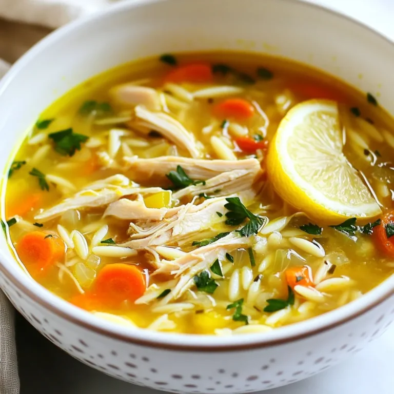To make this soup, you need several key ingredients. Here’s what you’ll need: - 1 pound boneless, skinless chicken breasts - 4 cups chicken broth - 1 cup water - 1/2 cup orzo pasta - 2 large carrots, diced - 2 celery stalks, diced - 1 medium onion, finely chopped - 2 cloves garlic, minced - 1/4 cup fresh parsley, chopped - 2 large lemons (juice and zest) - 2 tablespoons olive oil - Salt and pepper to taste - 1/2 teaspoon dried oregano These ingredients create a rich and comforting base for the soup, bringing the flavors of Greece to your kitchen. You might already have some of the pantry essentials at home. These items are common staples: - Olive oil - Salt - Pepper - Dried oregano These basics enhance the taste of your soup. They help build a flavorful foundation that makes a big difference. If you want to take your soup to the next level, consider adding these optional ingredients: - 1/2 teaspoon dill - Fresh spinach (for added greens) Dill brings a unique taste, while spinach adds nutrition and color. Feel free to mix and match based on your preferences. These small additions can turn a good soup into a great one. {{ingredient_image_1}} Start by heating 2 tablespoons of olive oil in a large pot. Use medium heat. Add the finely chopped onion and minced garlic. Sauté these for about 3 to 4 minutes until they turn soft and clear. Next, add the diced carrots and celery. Cook them for about 5 minutes. They should become tender. Season the veggies with salt, pepper, dried oregano, and dill if you like. Stir well to mix the flavors. Now it's time for the chicken! Pour in 4 cups of chicken broth and 1 cup of water. Bring this mixture to a gentle boil. Once boiling, add 1 pound of boneless, skinless chicken breasts. Lower the heat to a simmer. Cook for about 15 to 20 minutes until the chicken is fully cooked. When done, take the chicken out of the pot. Shred it using two forks. Return the shredded chicken back to the pot. Stir in 1/2 cup of orzo pasta. Cook for about 8 to 10 minutes until the pasta is al dente. Add the juice and zest of 2 large lemons along with 1/4 cup of chopped fresh parsley. Mix everything well to blend the flavors. If you want, toss in a handful of fresh spinach just before serving. Taste the soup and adjust the seasoning if needed. Ladle the soup into bowls and garnish with extra parsley and a slice of lemon. Enjoy your warm, comforting Greek lemon chicken soup! To cook chicken just right, use boneless, skinless breasts. They cook quickly and stay tender. Heat olive oil in your pot before adding onion and garlic. This step builds a great base flavor. After simmering the chicken for about 20 minutes, check for doneness. The chicken should reach 165°F. Shred it with two forks. Adding orzo is simple. Cook it for 8-10 minutes. This pasta absorbs the soup's flavor, making it hearty. Fresh herbs truly boost the flavor of your soup. Use parsley for a bright taste. Add it at the end of cooking to keep its freshness. If you want more depth, try adding dill. Just a half teaspoon gives a nice twist. Fresh spinach adds color and nutrients. Toss it in at the last minute. The heat will wilt the leaves, keeping their vibrant green. Presentation makes your soup even more inviting. Use deep bowls to highlight the soup's color. Ladle the soup carefully, leaving space at the top. Garnish with extra parsley for a pop of green. Add a thin slice of lemon for a bright touch. This not only looks pretty but gives a fresh aroma. Serve it with crusty bread on the side. This adds texture and makes the meal more filling. Pro Tips Use Fresh Ingredients: Opt for fresh herbs and vegetables for the best flavor. Fresh parsley and lemons can elevate the taste of your soup significantly. Perfectly Cooked Orzo: To prevent the orzo from becoming mushy, add it to the soup during the last 8-10 minutes of cooking. This ensures it remains al dente. Enhance the Broth: For a richer flavor, consider using homemade chicken broth or adding a splash of white wine to the pot while the soup simmers. Storage Tips: Store leftovers in an airtight container in the refrigerator for up to 3 days. Reheat gently on the stove, adding a little water or broth if necessary. {{image_2}} You can make a tasty vegetarian version of Greek lemon soup. Instead of chicken, use chickpeas or lentils. They add protein and fiber. Replace chicken broth with vegetable broth for a rich flavor. Add in your favorite veggies like zucchini or bell peppers for extra color and texture. You can also include orzo pasta for a nice bite. Don't forget the fresh lemon juice and zest for that zesty kick! If you want to switch up the protein, try using turkey or shrimp. Turkey gives a similar taste to chicken, while shrimp cooks quickly and adds a seafood twist. Just adjust the cooking time. Cook shrimp until they are pink and firm, usually about 3-5 minutes. For turkey, ensure it is cooked through and no longer pink. Each protein adds its own unique flavor to the soup. For those who need gluten-free options, simply skip the orzo. You can use rice instead or omit the grains entirely. This keeps the soup light while still being filling. If you are low-carb, consider adding more veggies like cauliflower or broccoli. They add volume and nutrients without the carbs. Always check labels on broth and other ingredients to ensure they fit your diet. After enjoying your Greek lemon chicken soup, allow it to cool. Pour the soup into an airtight container. Store it in the fridge for up to three days. Make sure to label the container with the date. This helps you keep track of freshness. If you want to save some for later, freezing is a great option. Let the soup cool completely before freezing. Use freezer-safe bags or containers. Remove as much air as you can to avoid freezer burn. This soup can last in the freezer for up to three months. When you're ready to enjoy it, just thaw it in the fridge overnight. To reheat, use a pot on the stove over medium heat. Stir often to heat it evenly. You can also use the microwave. Heat in short bursts, stirring in between. If the soup is too thick after freezing, add a splash of water or broth while reheating. Enjoy your warm and comforting bowl! Greek Lemon Chicken Soup, or Avgolemono, has roots in ancient Greece. It blends chicken, lemon, and eggs to create a creamy soup. Many believe it started as a way to use leftover chicken. This dish shows the bright flavors of Greece. It has become a comfort food for many, especially in colder months. Yes, you can use store-bought broth. It saves time and still tastes good. Look for low-sodium options to control salt. Homemade broth is great if you have time. It adds rich flavor that enhances the soup. Either choice works well in this recipe. To thicken the soup, you can add more orzo. Cook it longer to absorb liquid. Another way is to mix egg yolks with lemon juice. Slowly stir this mix into the soup. It adds creaminess and flavor. You can also use a cornstarch slurry for quick thickening. Just mix cornstarch with water and stir it in. This blog post covered how to make Greek Lemon Chicken Soup. We discussed key ingredients, such as chicken and orzo, plus optional items to boost flavor. I guided you through steps for cooking the chicken and assembling the soup. You learned tips to enhance taste and how to store leftovers properly. Lastly, we explored variations for different diets. I hope you feel inspired to make your own version of this tasty soup. It’s a warm, comforting dish for any occasion. Enjoy your culinary adventure!