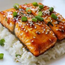 For this tasty dish, gather these ingredients: - 4 salmon fillets (6 oz each) - 3 tablespoons honey - 2 tablespoons sriracha sauce - 1 tablespoon soy sauce - 2 cloves garlic, minced - 1 tablespoon fresh ginger, grated - 1 tablespoon lime juice - Salt and pepper to taste - 2 green onions, sliced (for garnish) - Sesame seeds (for garnish) You can swap some ingredients if needed: - Use maple syrup instead of honey for a different sweetness. - Try chili paste instead of sriracha for a milder heat. - Coconut aminos work great in place of soy sauce for a gluten-free option. - Fresh lemon juice can replace lime juice if that's what you have. Each ingredient brings something special: - Salmon is rich in omega-3 fatty acids, which are great for your heart. - Honey adds natural sweetness and has antioxidants. - Sriracha gives a spicy kick, which can boost your mood. - Garlic and ginger support your immune system and add a fresh taste. - Lime juice brightens the dish and helps with digestion. - Green onions and sesame seeds not only look good but also add crunch and flavor. {{ingredient_image_1}} To make the marinade, grab a small bowl. In the bowl, mix these ingredients: - 3 tablespoons honey - 2 tablespoons sriracha sauce - 1 tablespoon soy sauce - 2 cloves garlic, minced - 1 tablespoon fresh ginger, grated - 1 tablespoon lime juice Whisk these together until smooth. This mix packs a punch with sweet and spicy flavors. You can adjust the sriracha to suit your taste. If you love heat, add more! First, preheat your oven to 400°F (200°C). While it's warming up, get a baking sheet. Line it with parchment paper or grease it lightly. This helps the salmon not stick. Next, take the salmon fillets and pat them dry with paper towels. This step helps them cook evenly. Season both sides with salt and pepper. Place the salmon skin-side down on the baking sheet. Now, take that tasty marinade and brush it over the fillets. Be generous! Save a bit of glaze for basting later. Roast the salmon for about 12-15 minutes. It should flake easily with a fork when done. Halfway through cooking, brush on some more glaze for extra flavor. Once you pull the salmon from the oven, let it rest for a few minutes. This helps the juices settle. When you're ready to serve, plate the salmon nicely. Sprinkle sliced green onions and sesame seeds on top for a fresh look. For a colorful meal, serve the salmon on a bed of steamed jasmine rice or sautéed spinach. Drizzle any leftover glaze around the plate to add flair. Enjoy your delicious Honey Sriracha Glazed Salmon! To make the best glaze, mix honey, sriracha, soy sauce, garlic, ginger, and lime juice. Whisk them until smooth. This mix gives a sweet and spicy kick. Brush it on the salmon before baking. Don't forget to save some for basting halfway through. This adds more flavor and keeps the salmon moist. Cooking time can change based on salmon thickness. For thicker fillets, bake for 15-18 minutes. For thinner ones, 10-12 minutes is enough. Always check if the salmon flakes easily with a fork. If it does, it’s ready! This way, you avoid overcooking and keep the fish tender. Use a baking sheet lined with parchment paper. This helps with easy cleanup and prevents sticking. A whisk is great for mixing the glaze. You also need a brush to apply the glaze on the salmon. Finally, having a fork handy helps check if the salmon is cooked right. These tools make cooking simple and fun! Pro Tips Marinate for Extra Flavor: Allow the salmon to marinate in the honey sriracha glaze for at least 30 minutes before cooking to enhance the flavors. Check for Doneness: Use a fork to gently flake the salmon at its thickest part; if it flakes easily, it’s ready to be removed from the oven. Use Fresh Ingredients: Fresh ginger and garlic will provide a more vibrant flavor compared to dried or powdered versions, making your glaze more aromatic. Serving Suggestions: Pair the salmon with a refreshing cucumber salad or grilled vegetables to balance the spiciness of the glaze. {{image_2}} If you love heat, try adding more sriracha to the glaze. This will make your dish hotter and more exciting. You can also use chili garlic sauce instead of sriracha for a different taste. For an even bolder kick, mix in some crushed red pepper flakes. This keeps the sweet and spicy balance while amping up the heat. Want to make this dish lighter? Replace honey with agave nectar or maple syrup. Both options keep the sweetness but lower the calories. You can use low-sodium soy sauce to cut down on salt. For a twist, try coconut aminos for a soy-free version. These swaps keep the flavor strong and the dish healthy. You can grill the salmon for a smoky flavor. Just preheat your grill and cook the fillets for about 4-5 minutes on each side. This gives you nice grill marks and a unique taste. If you prefer, pan-searing works well too. Heat oil in a skillet and cook the salmon skin-side down. Aim for 6-8 minutes per side. Both methods bring out the glaze's flavors and give you a great meal. To keep leftover salmon fresh, first let it cool. Place the salmon in an airtight container. You can also wrap it tightly in plastic wrap. Store it in the fridge. Leftover salmon stays good for 3 to 4 days. Be sure to label the container with the date. Reheating salmon needs care. First, preheat your oven to 275°F (135°C). Place the salmon on a baking sheet. Cover it with foil to prevent drying. Heat for about 15 minutes or until warm. You can also use the microwave. Heat it in short bursts for 30 seconds. Check and repeat until warm. Freezing salmon works well for longer storage. Wrap each piece tightly in plastic wrap. Then, place them in a freezer bag. Remove as much air as you can. Label the bag with the date. Frozen salmon lasts up to 3 months. To use, thaw it overnight in the fridge. Yes, you can use frozen salmon. Just make sure to thaw it first. Place the salmon in the fridge overnight. If you need it fast, put it in a sealed bag and submerge it in cold water for about an hour. Once thawed, follow the recipe as usual. Frozen salmon cooks well, but fresh salmon offers a better flavor. You can serve this tasty salmon with many sides. Here are some great options: - Steamed jasmine rice - Sautéed spinach - Garlic mashed potatoes - Quinoa salad - Grilled vegetables These sides balance the sweet and spicy flavors of the salmon. They also add color to your plate. To check if your salmon is done, look for the following signs: - The fish should flake easily with a fork. - The color should change from bright pink to a lighter shade. - The internal temperature should reach 145°F (63°C). If you have a food thermometer, it helps to ensure perfect cooking. Let the salmon rest for a few minutes before serving to keep it juicy. You learned about crafting a tasty Honey Sriracha Glazed Salmon. We covered key ingredients, cooking methods, and smart tips to perfect your dish. I shared ways to switch things up for variety and how to store your leftovers. Making this salmon can be simple and fun. Whether spicy or healthy, you can enjoy it your way. I hope you feel inspired to try this dish soon and share it with loved ones. Your kitchen adventure awaits!