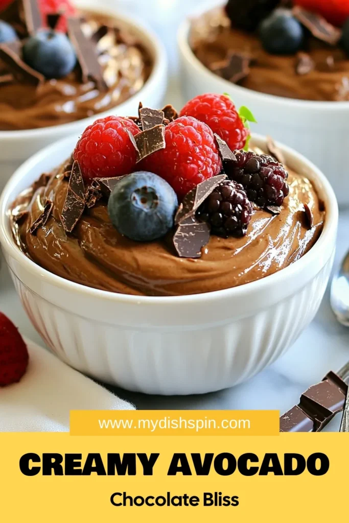 Indulge in this creamy avocado chocolate mousse, a delightful and healthy dessert recipe that’s both dairy-free and vegan! With just ripe avocados, cocoa powder, and a touch of sweetness, this easy avocado recipe is perfect for satisfying your chocolate cravings guilt-free. Ready in just 40 minutes, this mousse makes a fantastic treat for any occasion. Don’t miss out—save this recipe for a decadent, healthy dessert! #AvocadoChocolateMousse #HealthyDessertRecipes #DairyFreeChocolateMousse #VeganChocolateMousse