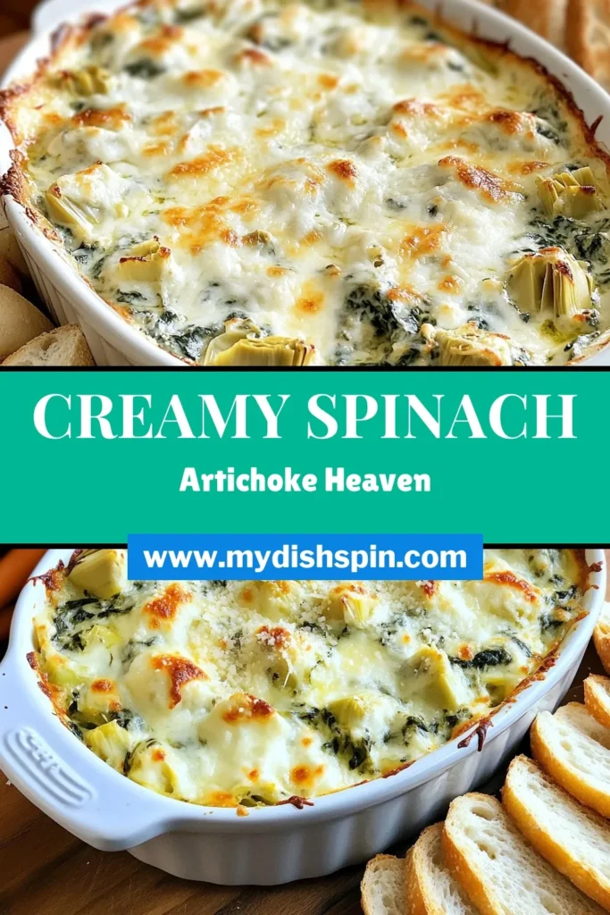 Indulge in this irresistible creamy spinach artichoke dip, the perfect easy cheesy dip for your next gathering! This baked spinach dip is loaded with fresh spinach, artichoke hearts, and a blend of cheeses, making it a fantastic party appetizer recipe. Ready in just 40 minutes, it's a crowd-pleaser that everyone will love. Try this spinach artichoke recipe today! Don't forget to save and share! #SpinachArtichokeDip #PartyAppetizer #EasyRecipe #BakedDip