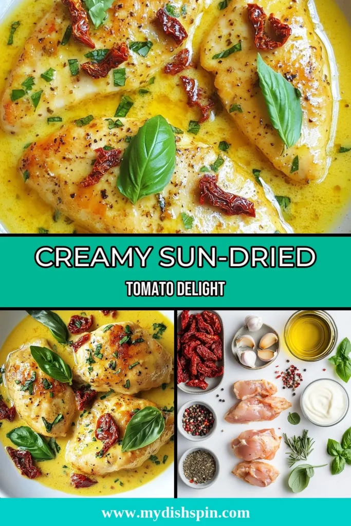 Indulge in this delightful Creamy Sun-Dried Tomato Chicken, the perfect addition to your collection of easy chicken recipes. This dish features tender chicken breast with cream sauce and rich sun-dried tomatoes, making it an unforgettable Italian chicken dinner. Ready in just 30 minutes, it's a weeknight favorite! Click for the full recipe and transform your dinner routine. Don't forget to save this for later! #CreamySunDriedTomatoChicken #EasyChickenRecipes #ItalianDinner #SunDriedTomatoRecipes
